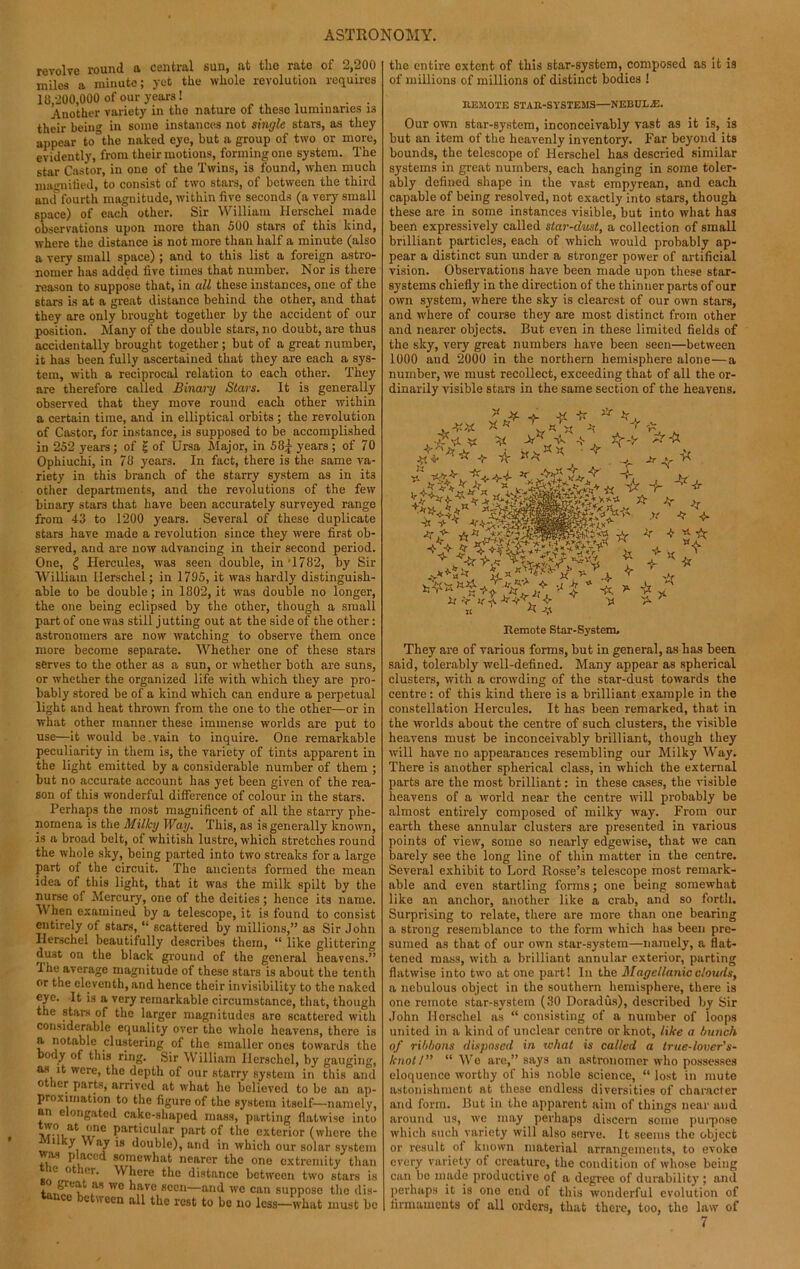 revolve round ft central sun, at the rato of 2,200 miles a minute; yet the whole revolution requires 18,200,000 of our years! . . Another variety in the nature of these luminaries is tlieir bein'* in some instances not single stars, as they appear tiAhe naked eye, but a group of two or more, evidently, from their motions, forming one system. The star Castor, in one of the Twins, is found, when much magnified, to consist of two stars, of between the third amf fourth magnitude, within five seconds (a very small space) of each other. Sir William Herschel made observations upon more than 500 stars of this kind, where the distance is not more than half a minute (also a very small space) ; and to this list a foreign astro- nomer has added five times that number. Nor is there reason to suppose that, in all these instances, one of the stars is at a great distance behind the other, and that they are only brought together by the accident of our position. Many of the double stars, no doubt, are thus accidentally brought together; but of a great number, it has been fully ascertained that they are each a sys- tem, with a reciprocal relation to each other. They are therefore called Binai'y Stars. It is generally observed that they move round each other within a certain time, and in elliptical orbits ; the revolution of Castor, for instance, is supposed to be accomplished in 252 years; of £ of Ursa Major, in 58| years; of 70 Ophiuchi, in 78 years. In fact, there is the same va- riety in this branch of the starry system as in its other departments, and the revolutions of the few binary stars that have been accurately surveyed range from 43 to 1200 years. Several of these duplicate stars have made a revolution since they were first ob- served, and are now advancing in their second period. One, £ Hercules, was seen double, in '1782, by Sir William Ilerschel; in 1795, it was hardly distinguish- able to be double; in 1802, it was double no longer, the one being eclipsed by the other, though a small part of one was still jutting out at the side of the other: astronomers are now watching to observe them once more become separate. Whether one of these stars serves to the other as a sun, or whether both are suns, or whether the organized life with which they are pro- bably stored be of a kind which can endure a perpetual light and heat thrown from the one to the other—or in what other manner these immense worlds are put to use—it would be.vain to inquire. One remarkable peculiarity in them is, the variety of tints apparent in the light emitted by a considerable number of them ; but no accurate account has yet been given of the rea- son of this wonderful difference of colour in the stars. Perhaps the most magnificent of all the starry phe- nomena is the Milky Way. This, as is generally known, is a broad belt, of whitish lustre, which stretches round the whole sky, being parted into two streaks for a large part of the circuit. The ancients formed the mean idea of this light, that it was the milk spilt by the nurse of Mercury, one of the deities ; hence its name. AY hen examined by a telescope, it is found to consist entirely of stars, “ scattered by millions,” as Sir John Ilerschel beautifully describes them, “ like glittering du3t on the black ground of the general heavens.” I he average magnitude of these stars is about the tenth or the eleventh, and hence their invisibility to the naked eye. It is a very remarkable circumstance, that, though the stars of the larger magnitudes are scattered with considerable equality over the whole heavens, there is a notable clustering of the smaller ones towards the body of this ring. Sir William Ilerschel, by gauging, as it were, the depth of our starry system in this and other parts, arrived at what ho believed to be an ap- proximation to the figure of the system itself—namely, an elongated cake-shaped mass, parting flatwise into %r°na\?rnC Prtioular Part of the exterior (where the lUky Way is double), and in which our solar system as placed somewhat nearer the one extremity than ie o er. Where the distance between two stars is v .ftS wo *’ave Hcc,‘—n“d we can suppose the dis- nce between all the rest to be no less—what must bo the entire extent of this star-system, composed as it is of millions of millions of distinct bodies ! REMOTE STAR-SYSTEMS—NEBULA. Our own star-system, inconceivably vast as it is, is but an item of the heavenly inventory. Far beyond its bounds, the telescope of Herschel has descried similar systems in great numbers, each hanging in some toler- ably defined shape in the vast empyrean, and each capable of being resolved, not exactly into stars, though these are in some instances visible, but into what has been expressively called star-dust, a collection of small brilliant particles, each of which would probably ap- pear a distinct sun under a stronger power of artificial vision. Observations have been made upon these star- systems chiefly in the direction of the thinner parts of our own system, where the sky is clearest of our own stars, and where of course they are most distinct from other and nearer objects. But even in these limited fields of the sky, very great numbers have been seen—between 1000 and 2000 in the northern hemisphere alone—a number, we must recollect, exceeding that of all the or- dinarily visible stars in the same section of the heavens. f1 H. a. -M -tr k. # 4- * & 4“ vV * A ' . -j Jr ^ J* -fr, , J Jr -W J.v -t- K, ^ ~b Remote Star-System. They are of various forms, but in general, as has been said, tolerably well-defined. Many appear as spherical clusters, with a crowding of the star-dust towards the centre: of this kind there is a brilliant example in the constellation Hercules. It has been remarked, that in the worlds about the centre of such clusters, the visible heavens must be inconceivably brilliant, though they will have no appearances resembling our Milky Way. There is another spherical class, in which the external parts are the most brilliant: in these cases, the visible heavens of a world near the centre will probably be almost entirely composed of milky way. From our earth these annular clusters are presented in various points of view, some so nearly edgewise, that we can barely see the long line of thin matter in the centre. Several exhibit to Lord Rosse’s telescope most remark- able and even startling forms; one being somewhat like an anchor, another like a crab, and so forth. Surprising to relate, there are more than one bearing a strong resemblance to the form which has been pre- sumed as that of our own star-system—namely, a flat- tened mass, with a brilliant annular exterior, parting flatwise into two at one part! In the Magellanic clouds, a nebulous object in the southern hemisphere, there is one remote star-system (30 Doradus), described by Sir John Herschel as “ consisting of a number of loops united in a kind of unclear centre or knot, like a bunch of ribbons disposed in xchat is called a true-lover's- knott” “ We are,” says an astronomer who possesses eloquence worthy of his noble science, “ lost in mute astonishment at these endless diversities of character and form. But in the apparent aim of things near and around us, we may perhaps discern some purpose which such variety will also serve. It seems the object or result of known material arrangements, to evoke every variety of creature, the condition of whose being can be made productive of a degree of durability; and perhaps it is one end of this wonderful evolution of firmaments of all orders, that there, too, the law of