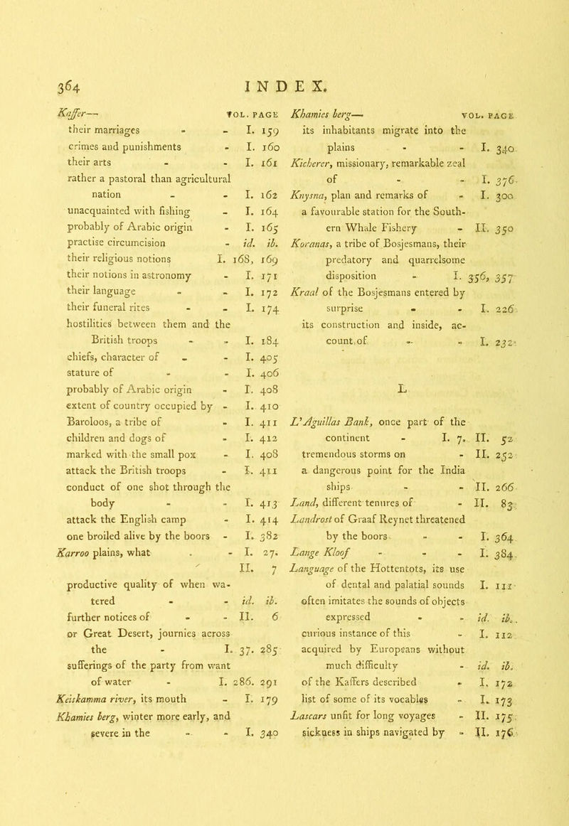 Kaffer-— TOL. PAGE Khamies berg— vol. page their marriages - I. *59 its inhabitants migrate into the crimes and punishments - I. 160 plains I. 34° their arts - I. 161 Kicherer, missionary, remarkable zeal rather a pastoral than agricultural of I. 376 nation - I. 162 Knysna, plan and remarks of I. 3 00 unacquainted with fishing - I. 164 a favourable station for the South- probably of Arabic origin - I. 165 ern Whale Fishery II. 350 practise circumcision - id. ib. Koranas, a tribe of Bosjesmans, their their religious notions I. 168, 169 predatory and quarrelsome their notions in astronomy - I. *7* disposition - I. 3.56> 357 their language - I. 172 Kraal of the Bosjesmans entered by their funeral rites - I. 174 surprise - I. 226' hostilities between them and the its construction and inside, ac- British troops - I. 184 count, of I. 232' chiefs, character of - I. 4°5 stature of - I. 406 probably of Arabic origin - I. 00 0 L extent of country occupied by - I. 410 Baroloos, a tribe of - I. 411 UAguillas Banh, once part of the children and dogs of - I. 4x2 continent - I. 7, II. 52 marked with the small pox - I. 00 0 tremendous storms on II. 252 attack the British troops - I. 411 a dangerous point for the India conduct of one shot through the ships II. 266 body - I. 413 Land, different tenures of II. 83 attack the English camp - I. 414 Landrost of Graaf Reynet threatened one broiled alive by the boors - I. 3 82 by the boors I. 364 Karroo plains, what - I. 27. Lange Kloof - - I- 3S4 r II. 7 Language of the Hottentots, its use productive quality of when wa- of dental and palatial sounds I. I XX tered - id. ib. often imitates the sounds of objects further notices of - 11. 6 expressed id. ib. or Great Desert, journies across curious instance of this I. 112 the I. 37- to 00 acquired by Europeans without sufferings of the party from want much difficulty id. ib. of water I. 286. 291 of the Kaifers described I. 172 Keishamma river, its mouth - I. 179 list of some of its vocables I. H3 Khamies berg, winter more early, and Lascars unfit for long voyages II. 175