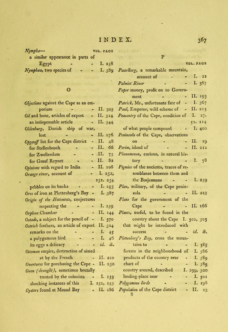 Nymphce— vol. page a similar appearance in parts of P Egypt - I. 238 VOL. PAGE Nymphcea, two species of - I. 389 Paarllerg, a remarkable mountain. account of I. 12 Palmiet River I. 367 0 Paper money, profit on to Govern- ment II. 193 Objections against the Cape as an em- Patrick, Mr., unfortunate fate of - I. 367 porium - II. 303 Paul, Emperor, wild scheme of II. 2I3 Oil and bone, articles of export - II. 3H Peasantry of the Cape, condition of I. 27. an indispensable article - II. 334 51* 114 Oldenburg, Danish ship of war, of what people composed I. 400 lost - II. 276 Peninsula of the Cape, observations Opgaajf list for the Cape district - II. 48 on - II. 19 for Stellenbosch - II. 66 Perim, island of II. 212 for Zwellendam - II. 73 Phenomenon, curious, in natural his- for Graaf Reynet - II. 82 tory I. _78 Opinions with regard to India  II. 208 Pigmies of the ancients, traces of re- Orange river, account of - I. 25 r» semblance between them and 252. 254 the Bosjesmans I. 239 pebbles on its banks - I. 255 Plan, military, of the Cape penin- Ores of iron at Plettenberg’s Bay - I. CO 00 sula II. 223 Origin of the Hottentots, conjectures Plans for the government of the respecting the - I. 239 Cape 11. 166 Orphan Chamber - II. J44 Plants, useful, to be found in the Ostade, a subject for the pencil of - I. 37° country about the Cape I. 3°2j 303 Ostrich feathers, an article of export II. 324 that might be introduced with remarks on the - I. 45 success id. ih. a polygamous bird - I. 4^ Plettenberg’s Pay, cross the moun- its eggs a delicacy - id. ih. tains to I. 385 Ottoman empire, destruction of aimed forests in the neighbourhood of I. 386 at by the French - II. 220 products of the country near I. 389 Overtures for purchasing the Cape II. 250 chart of 1. CO oc Oxen (draughtj, sometimes brutally country around, described I. 299, 300 treated by the colonists - I, 133 landing-place near I. 301 shocking instances of this I. 132, 133 Polygamous birds I. 198 Oysters found at Mossel Bay * Q 2 3