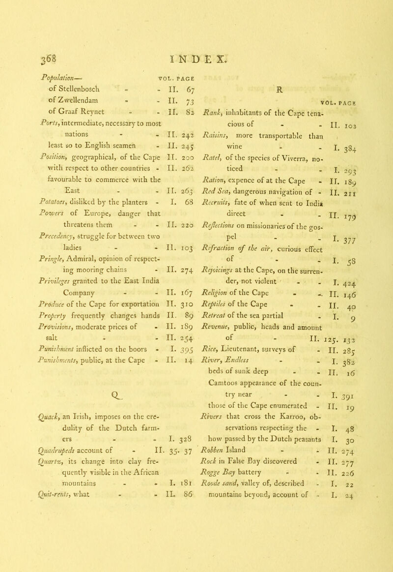 Population- VOL.PAGE of Stellenbosch II. 67 R of Zwellendam II. 73 VOL. PAGE of Graaf Reynet II. 82 Ranh, inhabitants of the Cape tena- Ports, intermediate, necessary to most cious of II. 102 nations II. 242 Raisins, more transportable than 1 least so to English seamen II. 245 wine I. 384 Position, geographical, of the Cape II. 200 Ratel, of the species of Viverra, no- with respect to other countries - II. 262 ticed I. 293 favourable to commerce with the Ration, expence of at the Cape II. 189 East II. 263 Red Sea, dangerous navigation of - II. 211 Potatoes, disliked by the planters - I. 68 Recruits, fate of when sent to India Powers of Europe, danger that direct II. 179 threatens them II. 220 Reflections on missionaries of the gos- Precedency, struggle for between two pel I- 377 ladies 11. 103 Refraction of the air, curious effect Pringle, Admiral, opinion of respect- of I. 58 ing mooring chains II. 274 Rejoicings at the Cape, on the surren- Privileges granted to the East India der, not violent I. 424 Company II. 167 Religion of the Cape II. 146 Produce of the Cape for exportation II. 310 Reptiles of the Cape II. 40 Property frequently changes hands II. 89 Retreat of the sea partial I. 9 Provisions, moderate prices of II. 189 Revenue, public, heads and amount salt II. 254 of - II. 125. 133 Punishment inflicted on the boors I. 395 Rice, Lieutenant, surveys of II. 28c Punishments, public, at the Cape II. 14 River, Endless I. 382 beds of sunk deep II. 16 Camtoos appearance of the coun- CL try near I. 391 those of the Cape enumerated II. 19 Quack, an Irish, imposes on the cre- Rivers that cross the Karroo, ob- dulity of the Dutch farm- servations respecting the I. 48 ers I. 328 how passed by the Dutch peasants I. 30 Quadrupeds account of - II. 35- ■ 37 Robben Island II. 274 Quartz, its change into clay fre- Rock in False Bay discovered II. 277 quently visible in the African Rogge Bay battery 11. 226 mountains I. 18 r Roode sand, valley of, described I. 22 Quit-rents, what 11. 86 mountains beyond, account of . I. 24