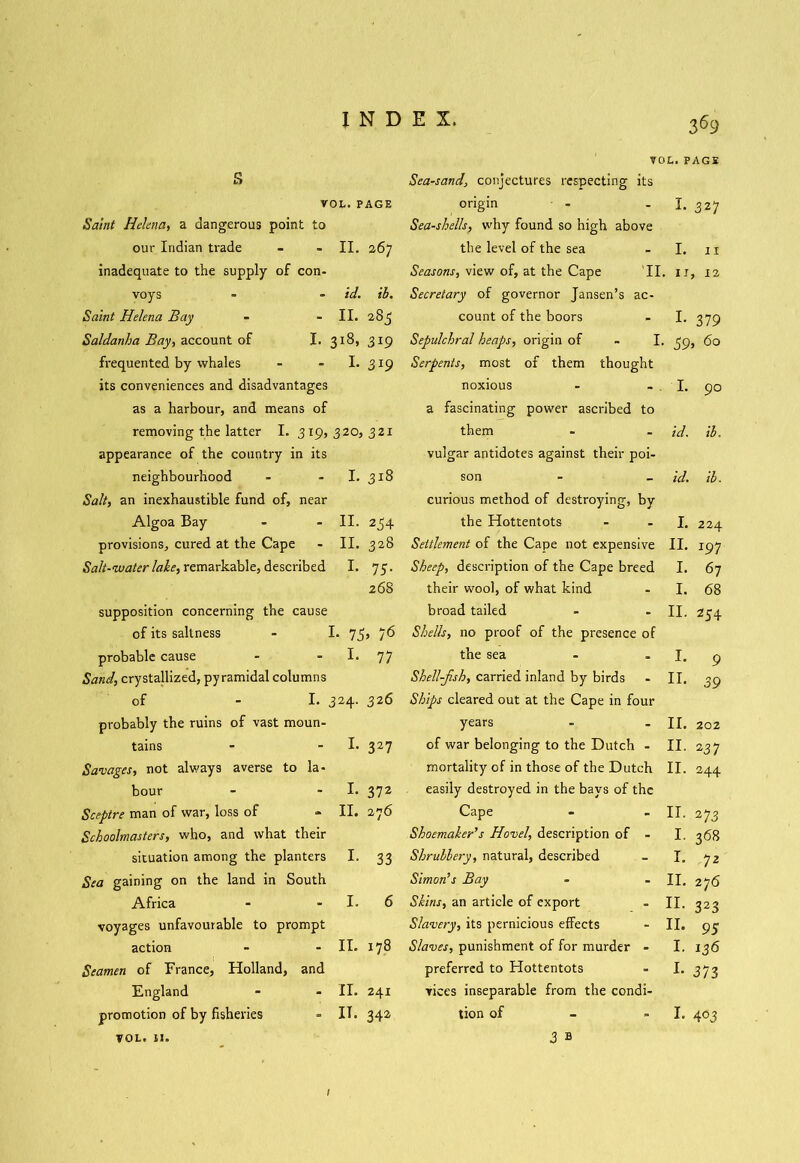 VOL. PAGE s Sea-sandconjectures respecting its VOL. PAGE origin I. 327 Saint Helena, a dangerous point to Sea-shells, why found so high above our Indian trade II. 267 the level of the sea I. II inadequate to the supply of con- Seasons, view of, at the Cape 'II, ■ It , 12 voys id. ib. Secretary of governor Jansen’s ac- Saint Helena Bay II. CO cs count of the boors I. 379 Saldanha Bay, account of I. 3lS, 319 Sepulchral heaps, origin of - I. 59 , 60 frequented by whales I. 319 Serpents, most of them thought its conveniences and disadvantages noxious I. 90 as a harbour, and means of a fascinating power ascribed to removing the latter I. 319, 320, 321 them id. ib. appearance of the country in its vulgar antidotes against their poi- neighbourhood I. 318 son id. ib. Salt, an inexhaustible fund of, near curious method of destroying, by Algoa Bay II. 254 the Hottentots I. 224 provisions, cured at the Cape II. 328 Settlement of the Cape not expensive II. I97 Salt-water lake, remarkable, described I. 75- Sheep, description of the Cape breed I. 67 268 their wool, of what kind I. 68 supposition concerning the cause broad tailed II. 254 of its saltness I- 75 , 76 Shells, no proof of the presence of probable cause I. 77 the sea I. 9 Sand, crystallized, pyramidal columns Shell-Jish, carried inland by birds II. 39 of - I. 324- 326 Ships cleared out at the Cape in four probably the ruins of vast moun- years II. 202 tains I. 327 of war belonging to the Dutch - II. 237 Savages, not always averse to la- mortality of in those of the Dutch II. 244 bour I. 372 easily destroyed in the bays of the Sceptre man of war, loss of II. 276 Cape II. 27 3 Schoolmasters, who, and what their Shoemaker’s Hovel, description of - I. 368 situation among the planters I. 33 Shrubbery, natural, described I. 72 Sea gaining on the land in South Simon’s Bay II. 276 Africa I. 6 Skins, an article of export II. 323 voyages unfavourable to prompt Slavery, its pernicious effects II. 95 action II. 178 Slaves, punishment of for murder - I. 136 Seamen of France, Holland, and preferred to Hottentots I. 373 England II. 241 vices inseparable from the condi- promotion of by fisheries IT. 342 tion of I. 4<53 VOL. 11. 3 B I