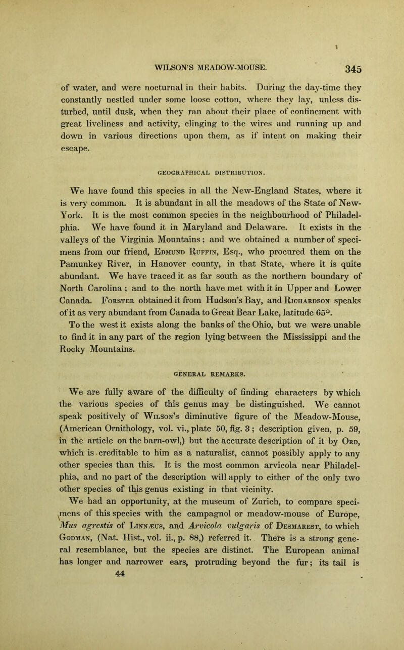 I WILSON’S MEADOW-MOUSE. 345 of water, and were nocturnal in their habits. During the day-time they constantly nestled under some loose cotton, where they lay, unless dis- turbed, until dusk, when they ran about their place of confinement with great liveliness and activity, clinging to the wires and running up and down in various directions upon them, as if intent on making their escape. GEOGRAPHICAL DISTRIBUTION. We have found this species in all the New-England States, where it is very common. It is abundant in all the meadows of the State of New- York. It is the most common species in the neighbourhood of Philadel- phia. We have found it in Maryland and Delaware. It exists in the valleys of the Virginia Mountains; and we obtained a number of speci- mens from our friend, Edmund Ruffin, Esq., who procured them on the Pamunkey River, in Hanover county, in that State, where it is quite abundant. We have traced it as far south as the northern boundary of North Carolina ; and to the north have met with it in Upper and Lower Canada. Forster obtained it from Hudson’s Bay, and Richardson speaks of it as very abundant from Canada to Great Bear Lake, latitude 65°. To the west it exists along the banks of the Ohio, but we were unable to find it in any part of the region lying between the Mississippi and the Rocky Mountains. GENERAL REMARKS. We are fully aware of the difficulty of finding characters by which the various species of this genus may be distinguished. We cannot speak positively of Wilson’s diminutive figure of the Meadow-Mouse, (American Ornithology, vol. vi., plate 50, fig. 3 ; description given, p. 59, in the article on the barn-owl,) but the accurate description of it by Ord, which is creditable to him as a naturalist, cannot possibly apply to any other species than this. It is the most common arvicola near Philadel- phia, and no part of the description will apply to either of the only two other species of this genus existing in that vicinity. We had an opportunity, at the museum of Zurich, to compare speci- mens of this species with the campagnol or meadow-mouse of Europe, Mus agrestis of Linn.&us, and Arvicola vulgaris of Desmarest, to which Godman, (Nat. Hist., vol. ii., p. 88,) referred it. There is a strong gene- ral resemblance, but the species are distinct. The European animal has longer and narrower ears, protruding beyond the fur; its tail is 44