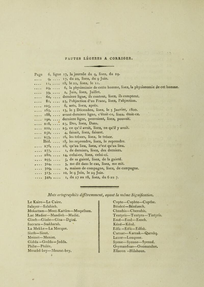 FAUTES LEGERES A CORRIGER. Page 6, ligne .... 9, .... .... 11, .... 29, .... 39» •••• , , , . 62, .... .... 8r, .... • . • • 105, .... 163, .... 188, .... • • • • 19©, .... 218, ...'. »... 222, .... .... 252, .... 253, .... Ibid .... 276, • • • • 277, .... .... 280, .... »... 293, .... - • • • 304, .... 309» •••• .... 313, .... .... 342, .... 17, la journée du 9, lisez, du 29. 17, du 20, lisez, du 9 Juin. 18, le 22, lisez, le xi. 6, la physionimie de cette homme, lisez, la physionomie de cet homme, 2, Juin, lisez, Juillet. derniere ligne, ils content, lisez, ils comptent. 23, l’objection d’un Franc, lisez, l’abjection. 6, ares, lisez, après. 13, le 3 Décembre, lisez, le 3 Janvier, 1800. avant-derniere ligne, c’étoit-ce, lisez, étoit-ce. derniere ligne, pouvoient, lisez, pouvoit. 23, Dns, lisez, Dans. 25, ce qu’il avoit, lisez, ce qu’il y avoit. 4, faisait, lisez, faisant. 16, les trésors, lisez, le trésor. 18, les reprendre, lisez, le reprendre. 26, qu’au lieu, lisez, c’est qu’au lieu. 1, de derniers, lisez, des derniers. 14, celui-ce, lisez, celui-ci. 5, de sa gaieté, lisez, de la gaieté. 3, me dit dans le cas, lisez, me mil. 2, maison de compagne, lisez, de campagne. 10, le 9 Juin, le 29 Juin. 1, du 17 au 18, lisez, du 6 au 7. Mots ortographiés différemment, ayant la même Signification. Le Kaire—Le Caire. Salayer—Salahieh. Mokattam—Mont-Kattâm—Moqatham. Lac Madier—Maadieh—Madié. Giseh—Gizée—Gisa—Dgizé. Saccara—Ssakharah. La Mekke—La Mecque. Siuth—Siout. Meinet—Meniet. Gidda —Gedda—Jedda. Philœ—Philée. Mourâd-bey—Mourat-bey. 5 Copte—Cophte—Copthe. Bénécé—Bénézech. Chnubis—Chenubis. Tentyris—Tentyra—Tintyris. Esné—Esnê—Esneh. Kéné—Kénê. Edfu — Etfù—Edfou. C arnac— K arnak—Qarnâq. Luxor—Louqssor. Syene—Syenne—Syenné. Osymanduas—Ossimandue. Ellaoun -Hilahoun.