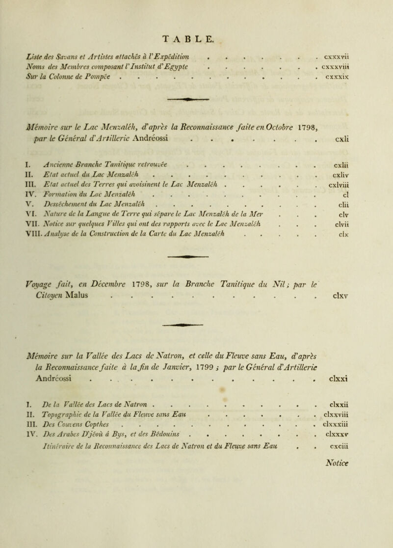 Liste des Savons et Artistes attaches à VExpédition Noms des Membres composant l'Institut d'Egypte Sur la Colonne de Pompée .... Mémoire sur le Lac -Menzaléh, (Taprès la Reconnaissance faite en Octobre 1798, par le Général d'Artillerie Andréossi ....... I. Ancienne Branche Tanitique retrouvée ..... ... II. Etat actuel du Lac Menzaléh .......... III. Etat actuel des Terres qui avoisinent le Lac Menzaléh ...... IV. Formation du Lac Menzaléh .......... V. Dessèchement du Lac Menzaléh .......... VI. Nature de la Langue de Terre qui sépare le Lac Menzaléh de la Mer VII. Notice sur quelques Villes qui ont des rapports avec le Lac Menzaléh WW. Analyse de la Construction de la Carte du Lac Menzaléh . ... . Voyage fait, en Décembre 1798, sur la Branche Tanitique du Nil; par le Citoyen Malus ........... Mémoire sur la Vallée des Lacs de Natron, et celle du Fleuve sans Eau, diaprés la Reconnaissance faite à la fin de Janvier, 1799 ; par le Général d'Artillerie Andréossi ............. I. De la Vallée des Lacs de Natron ....... II. Topographie de la Vallée du Fleuve sans Eau .... III. Des Couvens Copthes ...... ... IV. Des Arabes D'jéoù a Bys, et des Bédouins ..... Itinéraire de la Reconnaissance des Lacs de Natron et du Fleuve sans Eau cxxxvii cxxxviii cxxxix cxli cxlii exliv cxlviii et elii ctv clvii clx clxv clxxi clxxii clxxviii clxxxiii clxxxv cxciii Notice