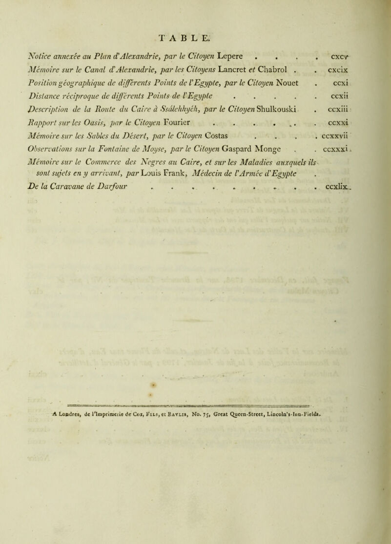 Notice annexée au Plan d’Alexandrie, par le Citoyen Lepere .... Mémoire sur le Canal dAlexandrie, par les Citoyens Lancret et Chabrol . Position géographique de différents Points de l'Egypte, par le Citoyen Nouet Distance réciproque de différents Points de l'Egypte ..... Description de la Route du Caire à Ssâlehhyéh, par le Citoyen Shulkouski Rapport sur les Oasis, par le Citoyen Fourier . . . ... Mémoire sur les Râbles du Désert, par le Citoyen Costas .... Observations sur la Fontaine de Moyse, par le Citoyen Gaspard Monge Mémoire sur le Commerce des Negres au Caire, et sur les Maladies auxquels ils sont sujets en y arrivant, par Louis Frank, Médecin de l'Armée d'Egypte De la Caravane de Darfour ......... A Londres, de l’Imprimerie de Cox, Fils, et Bavlis, No. 75, Great Queen-Street, LineolnVIon-Firld*. CXCV CXCÎX ccxi ccxii ccxiii ccxxi ccxxvii ccxxxL ccxlix.