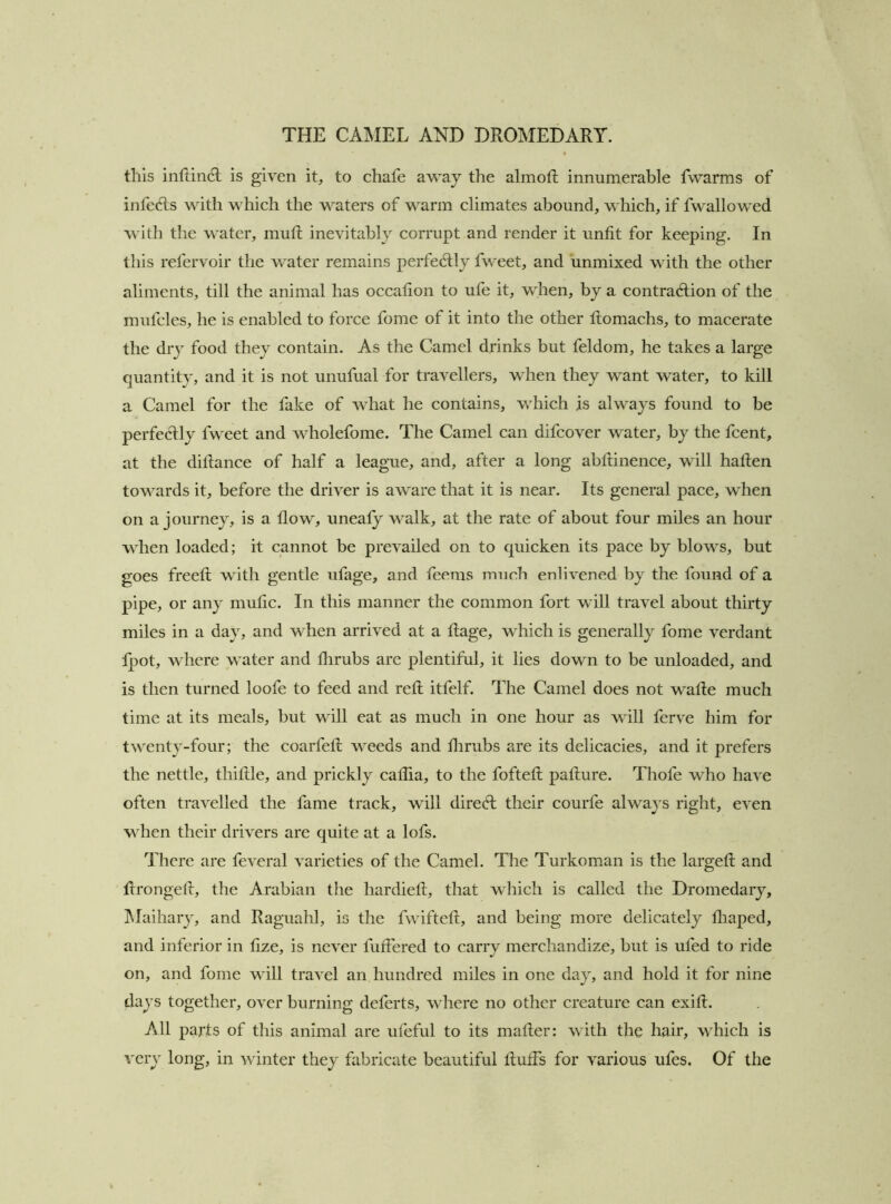 this inftind: is given it, to chafe away the almoft innumerable fwarms of infedls with which the waters of warm climates abound, which, if fwallowed with the water, mud; inevitably corrupt and render it unfit for keeping. In this refervoir the water remains perfectly fweet, and unmixed with the other aliments, till the animal has occafion to ufe it, when, by a contraction of the mufcles, he is enabled to force fome of it into the other ftomachs, to macerate the dry food they contain. As the Camel drinks but feldom, he takes a large quantity, and it is not unufual for travellers, when they want water, to kill a Camel for the fake of what he contains, which is always found to be perfectly fweet and wholefome. The Camel can difcover water, by the fcent, at the diftance of half a league, and, after a long abdinence, will hafien towards it, before the driver is aware that it is near. Its general pace, when on a journey, is a flow, unealy walk, at the rate of about four miles an hour when loaded; it cannot be prevailed on to quicken its pace by blows, but goes freed: with gentle ufage, and feems irmch enlivened by the found of a pipe, or any mufic. In this manner the common fort will travel about thirty miles in a day, and when arrived at a ftage, which is generally fome verdant fjpot, where water and flirubs arc plentiful, it lies down to be unloaded, and is then turned loofe to feed and red; itfelf. The Camel does not wafte much time at its meals, but will eat as much in one hour as will ferve him for twenty-four; the coarfed; weeds and flirubs are its delicacies, and it prefers the nettle, thiftle, and prickly caflia, to the fofted; paflure. Thofe who have often travelled the fame track, will direCt their courfe always right, even when their drivers are quite at a lofs. There are feveral varieties of the Camel. The Turkoman is the larged: and dronged, the Arabian the hardied, that which is called the Dromedary, IMaihary, and Raguahl, is the fwifted, and being more delicately fliaped, and inferior in fize, is never fufiered to carry merchandize, but is ufed to ride on, and fome will travel an hundred miles in one day, and hold it for nine days together, over burning delerts, where no other creature can exid. All parts of this animal are ufeful to its mader: with the hair, which is very long, in winter they fabricate beautiful duffs for various ufes. Of the