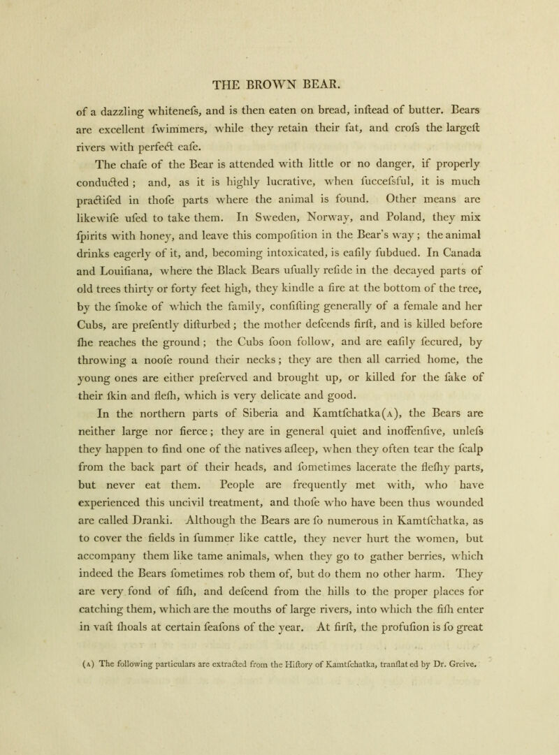 of a dazzling wliitenefs, and is then eaten on bread, inRead of butter. Bears are exeellent fwimmers, while they retain their fat, and crofs the largell; rivers with perfect eafe. The ehafe of the Bear is attended with little or no danger, if properly eondiided ; and, as it is highly lucrative, when fuccefsful, it is much pradifed in thofe parts where the animal is found. Other means are like wife ufed to take them. In Sweden, Norway, and Poland, they mix fpirits with honey, and leave this compofition in the Bear’s way; the animal drinks eagerly of it, and, becoming intoxicated, is ealily fubdued. In Canada and Louitiana, where the Black Bears ufually refide in the decayed parts of old trees thirty or forty feet high, they kindle a fire at the bottom of the tree, by the fmoke of w^hich the family, confifling generally of a female and her Cubs, are prefently diflurbed; the mother defcends firfl, and is killed before fhe reaches the ground ; the Cubs foon follow, and are eafily fecured, by throwing a noofe round their necks; they are then all carried home, the young ones are either preferved and brought up, or killed for the fake of their fkin and flefh, which is very delicate and good. In the northern parts of Siberia and Kamtfchatka(A), the Bears are neither large nor fierce; they are in general quiet and inoffenfive, unlefs they happen to find one of the natives afleep, w hen they often tear the fcalp from the back part of their heads, and fometimes lacerate the flefliy parts, but never eat them. People are frequently met with, who have experienced this uncivil treatment, and thofe wdio have been thus wounded are called Dranki. Although the Bears are fo numerous in Kamtfchatka, as to cover the fields in fummer like cattle, they never hurt the women, but accompany them like tame animals, when they go to gather berries, which indeed the Bears fometimes rob them of, but do them no other harm. They are very fond of fifh, and defcend from the hills to the proper places for catching them, w^hich are the mouths of large rivers, into which the fifh enter in vafl fhoals at certain feafons of the year. At firR, the profuRon is fo great (a) The following particulars are extracted from the Hiftory of Kamtfchatka, tranflated by Dr. Greive.