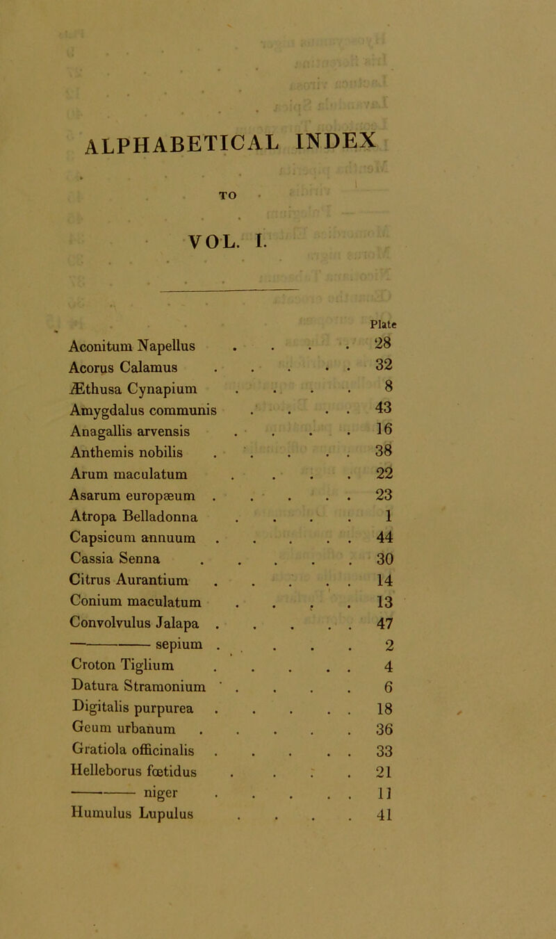 alphabetical index I TO VOL. I. Plate Aconitum Napellus . . . .28 Acorus Calamus . . . . . 32 iEthusa Cynapium .... 8 Amygdalus communis . . • • 43 Anagallis arvensis . . . . 16 Anthemis nobilis . . . . , 38 Arum maculatum . . . .22 Asarum europaeum . . . . . 23 Atropa Belladonna .... 1 Capsicum annuum . . . . . 44 Cassia Senna . . . . ,30 Citrus Aurantium . . . . . 14 Conium maculatum . . , .13 Convolvulus Jalapa 47 sepium . . . . 2 Croton Tiglium . . . . . 4 Datura Stramonium ' . . . . 6 Digitalis purpurea . . , . . 18 Geum urbanum 36 Gratiola officinalis . . . . . 33 Helleborus fcetidus . . : .21 niger 11 Humulus Lupulus . . . .41