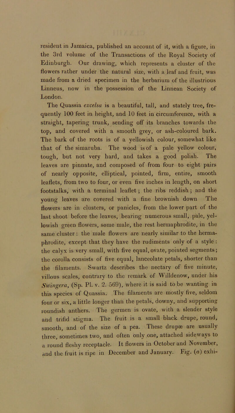 resident in Jamaica, published an account of it, with a figure, in the 3rd volume of the Transactions of the Royal Society of Edinburgh. Our drawing, which represents a cluster of the flowers rather under the natural size, with a leaf and fruit, was made from a dried specimen in the herbarium of the illustrious Linneus, now in the possession of the Linnean Society of London. The Quassia excelsa is a beautiful, tall, and stately tree, fre- quently 100 feet in height, and 10 feet in circumference, with a straight, tapering trunk, sending off its branches towards the top, and covered with a smooth grey, or ash-coloured bark. The bark of the roots is of a yellowish colour, somewhat like that of the simaruba. The wood is of a pale yellow colour, tough, but not very hard, and takes a good polish. The leaves are pinnate, and composed of from four to eight pairs of nearly opposite, elliptical, pointed, firm, entire, smooth leaflets, from two to four, or even five inches in length, on short footstalks, with a terminal leaflet; the ribs reddish; and the young leaves are covered with a fine brownish down The flowers are in clusters, or panicles, from the lower part of the last shoot before the leaves, bearing numerous small, pale, yel- lowish green flowers, some male, the rest hermaphrodite, in the same cluster: the male flowers are nearly similar to the herma- phrodite, except that they have the rudiments only of a style : the calyx is very small, with five equal,ovate, pointed segments; the corolla consists of five equal, lanceolate petals, shorter than the filaments. Swartz describes the nectary of five minute, villous scales, contrary to the remark of Willdenow, under his Swmgera, (Sp. PL v. 2. 569), where it is said to be wanting in this species of Quassia. The filaments are mostly five, seldom four or six, a little longer than the petals, downy, and supporting roundish anthers. The germen is ovate, with a slender style and trifid stigma. The fruit is a small black drupe, round, smooth, and of the size of a pea. These drupae are usually three, sometimes two, and often only one, attached sideways to a round fleshy receptacle. It flowers in October and November, and the fruit is ripe in December and January. Fig. (cr) exhi-