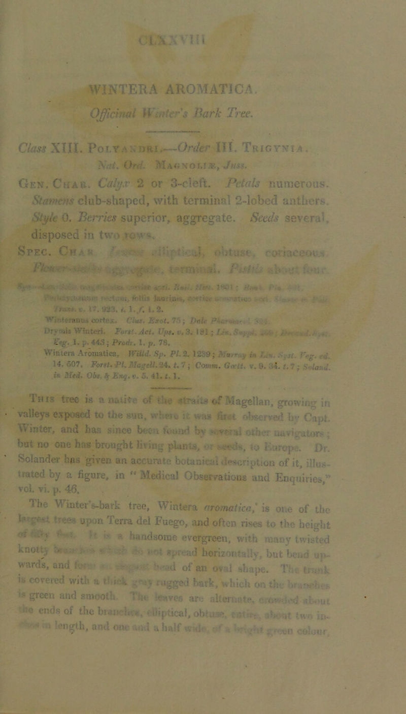 WJNTERA AROMATICA. Officinal Winter's Bark Tree. Class Xin. PoT.YA .^DRi—Order ITT. Trigyni a. Xu'f. ihd. MA(;xor,i,Y., J/fss. Gen. Ckar. Caly.v 2 or 3-cleft. Petals numerous. Stamens club-shaped, with terminal 2-lobed anthers. St^le 0. Berries superior, aggregate. Becds several, disposed in tw.> Spec. Ch/^ v ' - • / i-r’lr-u- ■.]. obtuse, ronaceot -. FU.'ni '.'■ ■■■ - j-TiVi.I-.'-; , ' I ; ■■•-iK' o^in. htit . i!t' ■ T r-'* ■ '-r. > joHiS 1, •• ■- iT.-.r.i.x -17. im. (. i.f. 1,2. Wn-teraiiuA eorfe;:. Ciut, Exnt, 7.^; Dali' y, Dryniii Winter!. Font. Act. Upt. ii.3. I8i; IJ*. iAw<iss..vr+.- 1. p. 44S; Prodi. I, p. 78. Wintera Aromalica, Wiild. Sp. PL 2. 1239; A/«m.y in T^n. ed, 14, 607. Font. PI. MagelL 24. t. 7; Comm. GkU, t. 0. 34. i. 7 ; SolanJ. in Med, Obs. ^ Fng.v, 6. 41.1.1. This tree is a of iUe .'ftrjuLs of Magellan, growiiH’’ in valleys e.xposed to the sun. %vht>5v ;i was; ftm oljscrvwi b- Capt. Winter, and has stnee Ik^cu Kiund bv other iiuvti)Titor> ■ but no one has brought Jiving planls, to ivoropi. Dr. Solander has given an accurate botanicai viesiiription of it, illu.s- trated by a figure, in “ Medical Observ^atious and Enquiries, voL vi. p. 46. The W inter s-bark tree, Wintera aromaticaj is oi;e of the tr-en upon Terra del Fuego, and often rises to the height ’ ■ '' ■ ^ handsome evergreen, with many twisted knoilr V . i ... roi spMid horizontally,, but Ix-nd up wards, and f ; - .. of an ov.d shape. Tiu tnoik ib covered with a i-k riigge<l bark, which on thv .? .•■rl.v-. green and smooth Tin are alternate. n'tyna «o ends of the biaiKh.>, . Uiptical, obfu>- jJA^ot two in- length, and one .nv.l a h.alf wh!- i‘ COn;*ir