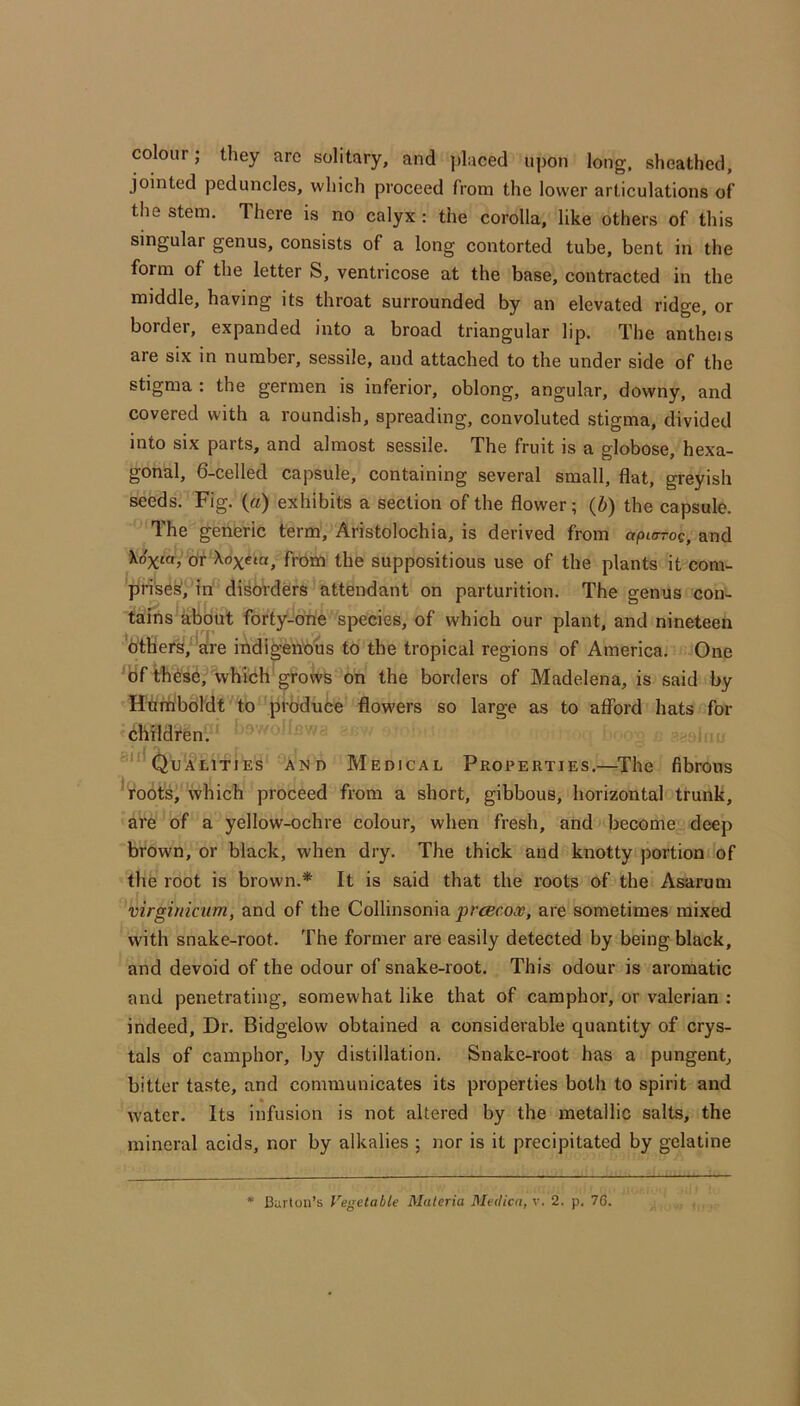 colour; they arc solitary, and jilaced upon long, sheathed, jointed peduncles, which proceed from the lower articulations of the stem. There is no calyx : the corolla, like others of this singular genus, consists of a long contorted tube, bent in the form of the letter S, ventricose at the base, contracted in the middle, having its throat surrounded by an elevated ridge, or border, expanded into a broad triangular lip. The antheis are six in number, sessile, and attached to the under side of the stigma : the germen is inferior, oblong, angular, downy, and covered with a roundish, spreading, convoluted stigma, divided into six parts, and almost sessile. The fruit is a globose, hexa- gonal, 6-celled capsule, containing several small, flat, greyish seeds. Fig. (a) exhibits a section of the flower; (b) the capsule. The generic term, Aristolochia, is derived from apiaroc, and Xoxeta, from the suppositious use of the plants it com- prised^ in disbi'ders attendant on parturition. The genus con- tains^abbut forty-dtie species, of which our plant, and nineteen ^bthers7^are indigenbus to the tropical regions of America. One ^bf Wiese, which'gr-oivs on the borders of Madelena, is said by Hbrh'bbidt to produce flowers so large as to afford hats for children. -w Qualities and Medical Properties.—^The fibrous ^roots, which proceed from a short, gibbous, horizontal trunk, are of a yellow-ochre colour, when fresh, and become deep brown, or black, when dry. The thick and knotty portion of the root is brown.* It is said that the roots of the Asarum virginicum, and of the Collinsonia prcecooo, are sometimes mixed with snake-root. The former are easily detected by being black, and devoid of the odour of snake-root. This odour is aromatic and penetrating, somewhat like that of camphor, or valerian : indeed. Dr. Bidgelow obtained a considerable quantity of crys- tals of camphor, by distillation. Snake-root has a pungent, bitter taste, and communicates its properties both to spirit and * water. Its infusion is not altered by the metallic salts, the mineral acids, nor by alkalies ; nor is it precipitated by gelatine