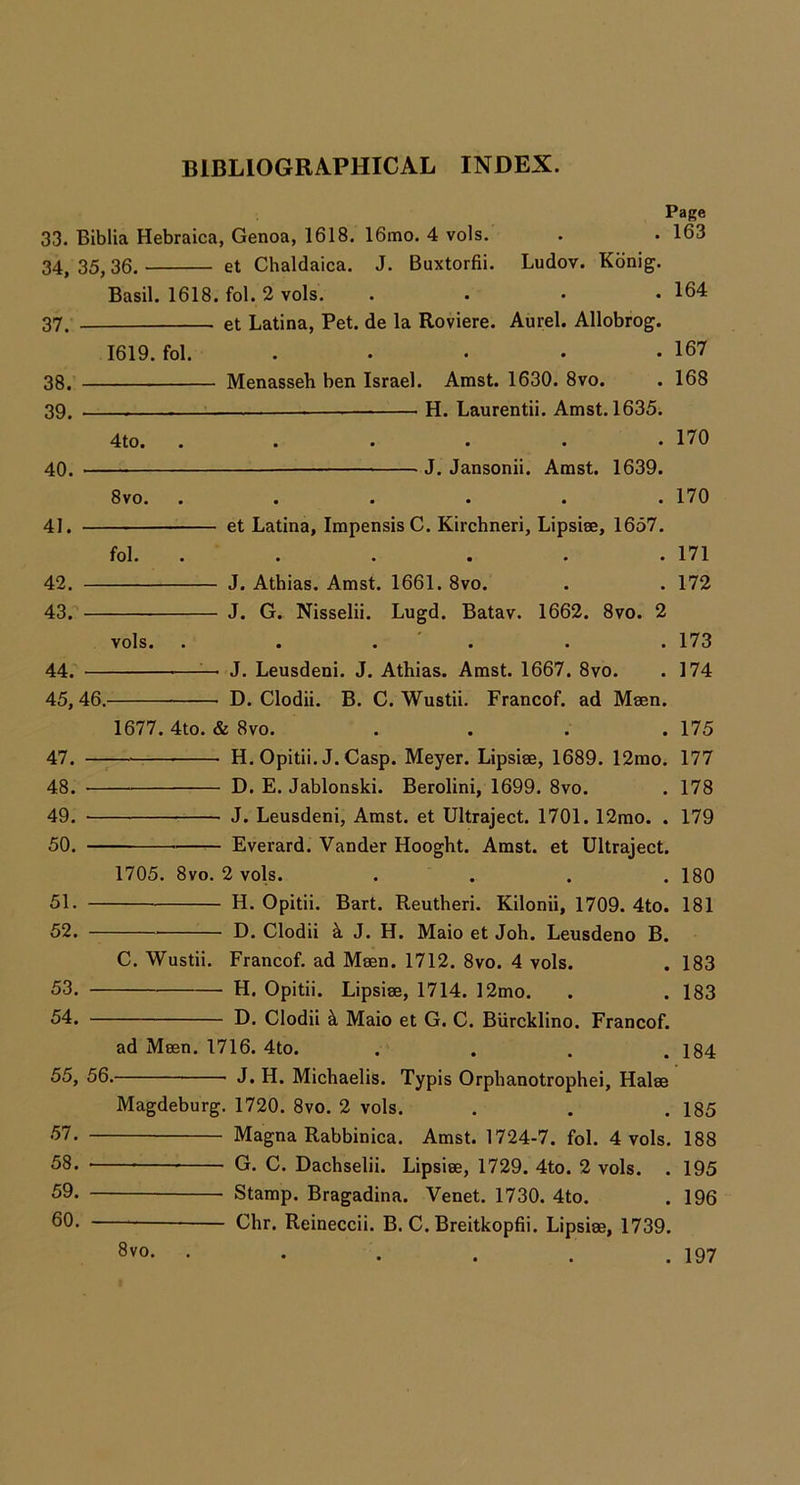 33. Biblia Hebraica, Genoa, 1618. 16mo. 4 vols. 34, 35,36. et Chaldaica. J. Buxtorfii. Ludov. Kdnig. Page . 163 37. 38. 39. 40. 41. 1619. fol. Basil. 1618. fol. 2 vols. . . • -164 et Latina, Pet. de la Roviere. Aurel. Allobrog. . 167 Menasseh ben Israel. Amst. 1630. 8vo. . 168 ——- H. Laurentii. Amst. 1635. . 170 — J. Jansonii. Amst. 1639. 8vo. ...... 170 4to. fol. vols. — et Latina, Impensis C. Kirchneri, Lipsiee, 1657, . 171 — J, Athias. Amst. 1661. 8vo. . . 172 — J. G. Nisselii. Lugd. Batav. 1662. 8vo. 2 . 173 — J. Leusdeni. J. Athias. Amst. 1667. 8vo. . 174 D. Clodii. B. C. Wustii. Francof. ad Maen. 1677.4to. & 8vo. . . . .175 — H. Opitii. J.Casp. Meyer. Lipsise, 1689. 12mo. 177 D. E. Jablonski. Berolini, 1699. 8vo. . 178 J. Leusdeni, Amst. et Ultraject. 1701. 12mo. . 179 Everard. Vander Hooght. Amst. et Ultraject. 1705. 8vo. 2 vols. .... 180 H. Opitii. Bart. Reutheri. Kilonii, 1709. 4to. 181 D. Clodii k J. H. Maio et Joh. Leusdeno B. C. Wustii. Francof. ad Msen. 1712. 8vo. 4 vols. . 183 H. Opitii. Lipsise, 1714. 12mo. . . 183 D. Clodii Maio et G. C. BUrcklino. Francof. ad Maen. 1716. 4to. .... 184 J. H. Michaelis. Typis Orphanotrophei, Halae Magdeburg. 1720. 8vo. 2 vols. . . . 185 57. Magna Rabbinica. Amst. 1724-7. fol. 4 vols. 188 58. G. C. Dachselii. Lipsiae, 1729. 4to. 2 vols. . 195 59. Stamp. Bragadina. Venet. 1730. 4to. . 196 Chr. Reineccii. B. C. Breitkopfii. Lipsiae, 1739. . 197 42. 43. 44. — 45. 46. 47. — 48. — 49. — 50. — 51. — 52. — 53. - 54. - 55, 56.- 8vo.