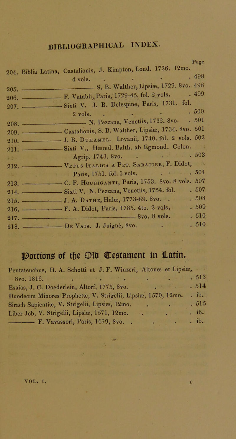 204. Biblia Latina, 205. — 206. — 207. — 208. — 209. — 210. — 211. — 212. — 213. — 214. — 215. — 216. — 217. — 218. — Page Castalionis, J. Kirapton, Lond. 1726. 12mo. 4 vols. . • • * ■ S. B. Waltber, Lipsise, 1729. 8vo. 498 . F. Vatabli„Paris, 1729-45. fol. 2 vols. . 499 . Sixti V. J. B. Delespine, Paris, 1731. fol. 2 vols. . • • * —- N. Pezzana, Venetiis, 1732. 8vo. . 501 Castalionis, S. B. Waltber, Lipsise, 1734. 8vo. 501 J. B. Duhamel. Lovanii, 1740. fol. 2 vols. 502 Sixti V,, Hsered. Ballb. ab Egmond. Colon. Agrip. 1743. 8vo. . • • 503 Vetus Italica a Pet. Sabatier, F. Didot, >■ Paris, 1751. fol. 3 vols. . ' .504 C. F. Houbiganti, Paris, 1753. 8vo. 8 vols. 507 Sixti V. N. Pezzana, Venetiis, 1754. fol. . 507 J. A. Dathe, Halse, 1773-89. 8vo. . . 508 F. A. Didot, Paris, 1785. 4to. 2 vqls. . 509 8vo. 8 vols. . 510 De Vais. J. Juign6, 8vo. . . 510 Portion0 of tfie SDIO Cc0tament in Latin* Pentateucbus, H. A. Scbotti et J. F. Winzeri, Altonse et Lipsise, 8vo. 1816. . . . . . *513 Esaias, J. C. Doederlein, Altorf, 1775, 8vo. . . 514 Duodecim Minores Propbetse, V. Strigelii, Lipsise, 1570, 12mo. . ib. Siracb Sapientise, V. Strigelii, Lipsise, 12mo. . . .515 Liber Job, V. Strigelii, Lipsise, 1571, 12mo. . . . ib. F. Vavassori, Paris, 1679, 8vo. . . . , ib.