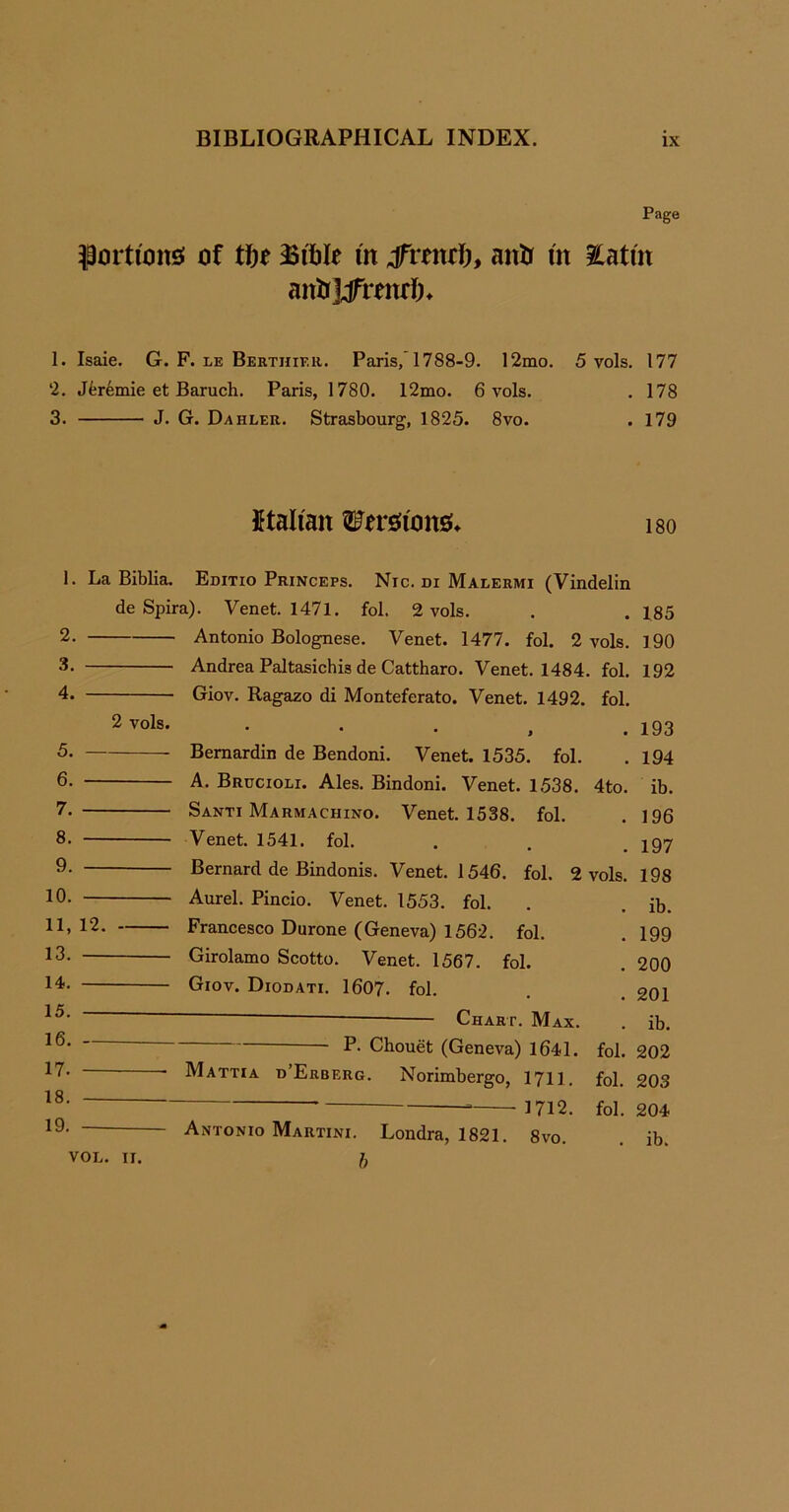 Page portions! of ti)t m ffvmtf), antr m Eatut an&JjfmtrlL 1. Isaie. G. F. le Bertiiier. Paris, 1788-9. 12mo. 5 vols. 177 2. Jeremie et Baruch. Paris, 1780. 12mo. 6 vols. . 178 3. J. G. Dahler. Strasbourg, 1825. 8vo. . 179 Italian Wtt8iQn$. 180 2. 3. 4. 5. 6. 7. 8. 9. 10. 11, 13. 14. 15. 16. 17. 18. 19. La Biblia. Editio Princeps. Nic. di Malermi (Vindelin de Spira). Venet. 1471. fol. 2 vols. . . 185 Antonio Bolognese. Venet. 1477. fol. 2 vols. 190 Andrea Paltasichis de Cattharo. Venet. 1484. fol. 192 Giov. Ragazo di Monteferato. Venet. 1492. fol. , . 193 Bemardin de Bendoni. Venet. 1535. fol. . 194 A. Brucioli. Ales. Bindoni. Venet. 1538. 4to. ib. Santi Marmachino. Venet. 1538. fol. . 196 Venet. 1541. fol. . . .197 Bernard de Bindonis. Venet. 1546. fol. 2 vols. 198 2 vols. 12. - Aurel. Pincio. Venet. 1553. fol. Francesco Durone (Geneva) 1562. fol. Girolamo Scotto. Venet. 1567. fol. Giov. Diodati. 1607. fol. Chart. Max. P- Chouet (Geneva) 1641. Mattia d’Erberg. Norimbergo, 1711. 1712. Antonio Martini. Londra, 1821. 8vo. . ib. . 199 . 200 . 201 . ib. fol. 202 fol. 203 fol. 204 . ib. VOE. II.