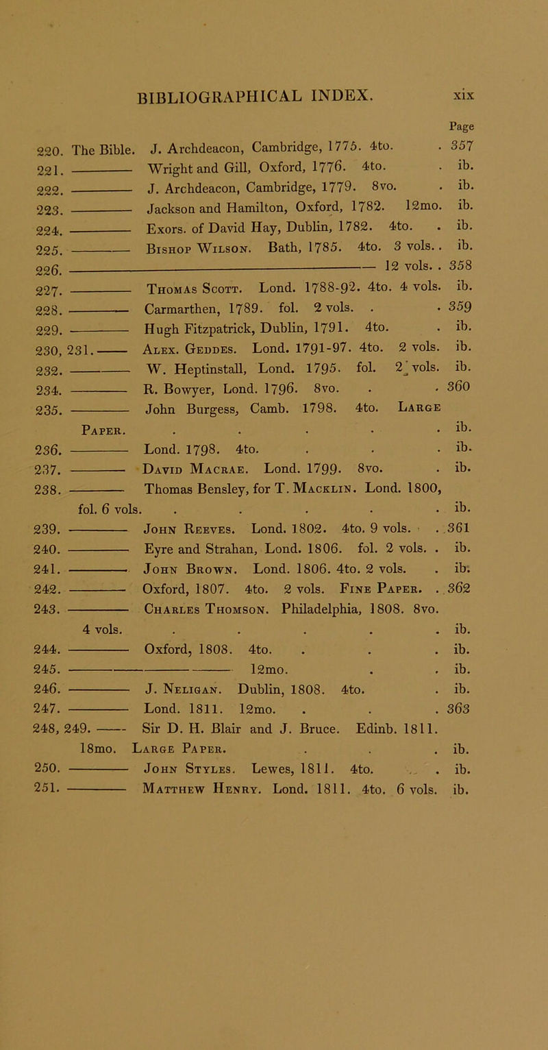 Page 220. The Bible. J. Archdeacon, Cambridge, 1775. 4to. 357 221. Wright and Gill, Oxford, 1776. 4to. ib. 222. J. Archdeacon, Cambridge, 1779. 8vo. ib. 223. Jackson and Hamilton, Oxford, 1782. l2mo. ib. 224. Exors. of David Hay, Dublin, 1782. 4to. ib. 225. Bishop Wilson. Bath, 1785. 4to. 3 vols. . ib. 12 vols. . 358 220. 227. Thomas Scott. Lond. 1788-92* 4to. 4 vols. ib. 228. Carmarthen, 1789. fol. 2 vols. 359 229. Hugh Fitzpatrick, Dublin, 1791* 4to. ib. 230, 231. Alex. Geddes. Lond. 1791-97. 4to. 2 vols. ib. 232. W. Heptinstall, Lond. 1795. fol. 2jvols. ib. 234. R. Bowyer, Lond. 1796. 8vo. 360 235. John Burgess, Camb. 1798. 4to. Large Paper. . ib. 236. Lond. 1798. 4to. ib. 237. David Macrae. Lond. 1799. 8vo. ib. 238. Thomas Bensley, for T. Macklin. Lond. 1800, fol. 6 vols. ..... ib. 239. John Reeves. Lond. 1802. 4to. 9 vols. 361 240. Eyre and Strahan, Lond. 1806. fol. 2 vols. . ib. 241. John Brown. Lond. 1806. 4to. 2 vols. ib. 242. Oxford, 1807. 4to. 2 vols. Fine Paper. . 362 243. Charles Thomson. Philadelphia, 1808. 8vo. 4 vols. • • • • • ib. 244. Oxford, 1808. 4to. ib. 245. l2mo. ib. 246. J. Neligan. Dublin, 1808. 4to. ib. 247. Lond. 1811. l2mo. 363 248, 249. Sir D. H. Blair and J. Bruce. Edinb. 1811. l8mo. Large Paper. ib. 250. John Styles. Lewes, 1811. 4to. ib.