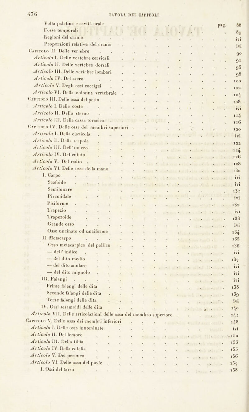 Volta palatina e cavità orale rag- 88 Fosse temporali , • ì 89 Regioni del cranio ivi Proporzioni relative del cranio Capitolo II. Delle vertebre ivi 9° 91 0G n8 Articolo I. Delle vertebre cervicali Articolo li. Delle vertebre dorsali Articolo 111. Delle vertebre lombari Articolo IV. Del sacro IOO Artìcolo V. Degli ossi coccigei 102 Articolo AI. Della colonna vertebrale 104 I08 ivi Capitolo III. Delle ossa del petto Articolo 1. Delle coste Articolo II. Dello sterno « *4 tiG Articolo 111. Della cassa toracica Capitolo IV. Delle ossa dei membri superiori Articolo I. Della clavicola .... 120 1 VI Articolo 11. Della scanola 122 Articolo HI. Dell1 omero * 124 Articolo IV. Del cubito 1 2G Articolo V. Del radio . 1 28 Articolo A 1. Delle ossa della mano 13o I. Carpo ..... ivi Scafoide ..... ivi Semilunare .... i3 r Piramidale . • ivi Pisiforme ..... 13 2 Trapezio ..... ivi Trapezoide i33 Grande osso .... ivi Osso uncinato od unciforme 134 II. Metacarpo .... 135 Osso rnetacarpico del pollice i36 — dell1 indice .... ivi — del dito medio i37 — del dito auulare ivi — del dito mignolo ivi HI. Falangi ..... ivi Prime falangi delle dita i38 Seconde falangi delle dita i3p 1 erze falangi delle dila - ivi IV. Ossi sesamoidi delle dita * «tf l/|0 Articolo VII. Delle articolazioni delle ossa del membro superiore i/, t Capitolo V. Delle ossa dei membri inferiori 148 Articolo 1. Delle ossa innominate ivi Articolo II. Del femore 'O 5o Articolo Ili. Della tibia 153 Articolo IV. Della rotella i55 Articolo V. Del peroneo # i5G Articolo VI. Delle ossa del piede . . # ir»7 1. Ossi del tarso .... 1 r»s
