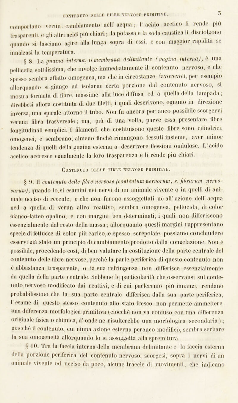 rampollano venni cambiamento nell’acqua; l'acido acetico li iernie pili trasparenti, c gli altri acidi più chiari ; la potassa c la soda caustica li disciolgono quando si lasciano agire alla lunga sopra di essi, c con maggior rapidità se innalzasi la temperatura. § 8. La guaina interna, o membrana delimitante (vagina interna), è una pelliccila sottilissima, che involge immediatamente il contenuto nervoso, e clic spesso sembra affatto omogenea, ma che in circostanze favorevoli, per esempio allorquando si giunge ad isolarne certa porzione dal contenuto nervoso, si mostra formata di fibre, massime alla luce diffusa ed a quella della lampada ; direbbesi allora costituita di due filetti, i quali descrivono, ognuno in direzione inversa, una spirale attorno il tubo. Non fu ancora per anco possibile scoi gei \i veruna fibra trasversale ; ma, più di una volta, parve essa presentare fibre longitudinali semplici. 1 filamenti che coslituisono queste fibre sono cilindrici, omogenei, e sembrano, almeno finche rimangono tessuti insieme, aver minor tendenza di quelli della guaina esterna a descrivere flessioni ondulose. L’acido acetico accresce egualmente la loro trasparenza e li rende più chiari. Contenuto delle fibre nervose primitive. § 9. Il contenuto delle fibre nervose (contentimi nervorum, s. fibrarum nervo- sarum), quando lo.si esamini nei nervi di un animale vivente o in quelli di ani- male ucciso di recente, e che non furono assoggettati nò all’ azione dell’ acqua ned a quella di vermi altro reattivo, sembra omogenea, pellucida, di color bianco-latteo opalino, e con margini ben determinati, i quali non differiscono essenzialmente dal resto della massa ; allorquando questi margini rappresentano specie di fettucce di color più carico, e spesso screpolate, possiamo conchiudere esservi già stato un principio di cambiamento prodotto dalla congelazione. Non è possibile, procedendo così, di ben valutare la costituzione della parte centrale del contenuto delle fibre nervose, perchè la parte periferica di questo contenuto non è abbastanza trasparente, o la sua refringenza non differisce essenzialmente da quella della parte centrale. Sebbene le particolarità che osservatisi sul conte- nuto nervoso modificalo dai reattivi, e di cui parleremo più innanzi, rendano probabilissimo che la sua parte centrale differisca dalla sua parte periferica, I esame di questo stesso contenuto allo stato fresco non permette ammettere una differenza morfologica primitiva (ciocche non va confuso con una differenza originale fisica o chimica, d’ onde ne risulterebbe una morfologica secondaria ) ; giacché il contenuto, cui niuna azione esterna peranco modificò, sembra serbare la sua omogeneità allorquando lo si assoggetta alla spremitura. § lù- I ra la faccia interna della membrana delimitante e la faccia esterna della porzione periferica del contenuto nervoso, scorgcsi, sopra i nervi di un animale vivente od ucciso da poco, alcune traccio di movimenti, die indicano