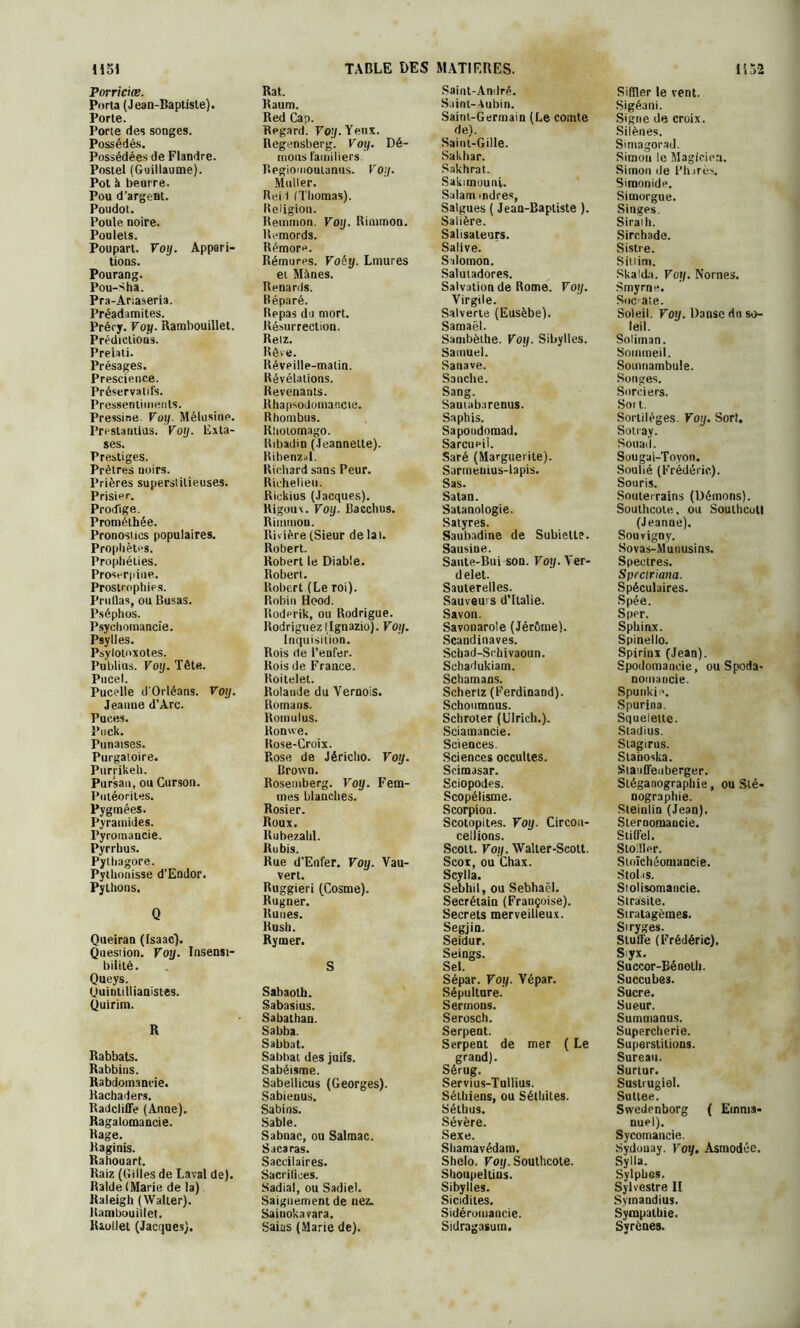Porriciœ. Porta (Jean-Baptisle). Porte. Porte des songes. Possédés. Possédées de Flandre. Postel (Guillaume). Pot à beurre. Pou d’argent. Poudot. Poule noire. Poulets. Poupart. Voy. Appari- tions. Pourang. Pou->ha. Pra-Ariaseria. Préadamites. Précjr. Voy. Rambouillet. Prédictions. Prelati. Présages. Prescience. Préservatifs. Pressentiments. Pressine. Voy. Mélusine. Prestantius. Voy. Exta- ses. Prestiges. Prêtres noirs. Prières superstitieuses. Prisier. Prodige. Promélhée. Pronostics populaires. Prophètes. Prophéties. Proserpiue. Prostrophies. Prutlas, ou Busas. Pséphos. Psyclimnancie. Psylles. Psylotoxotes. Publius. Voy. Tête. Pucel. Pucelle d'Orléans. Voy. Jeanne d’Arc. Puces. Puck. Punaises. Purgatoire. Purrikeh. Pursau, ou Ourson. Putéorites. Pygmées. Pyramides. Pyromancie. Pyrrhus. Pylhagore. Pythonisse d’Endor. Pythons. Q Queiran (Isaac). Question. Votj. Insensi- bilité. Queys. Quintillianistes. Quirim. R Rabbats. Rabbins. Rabdomancie. Rachaders. Radclifife (Anne). Ragalomancie. Rage. Raginis. Rahouart. Raiz (Gilles de Laval de). Raide (Marie de la) Raleigh (Walter). Rambouillet, llaollet (Jacques). Rat. Raum. Red Cap. Regard. Voy. Yeux. Regensberg. Voy. Dé- mons familiers. Regiomoutanus. Voy. Muller. Rei 1 (Thomas). Religion. Remmon. Voy. Rimmon. Remords. Rémore. Rémurps. Vosy. Lmures et Mânes. Renards. Réparé. Repas du mort. Résurrection. Reiz. Rêve. Réveille-matin. Révélations. Revenants. Rhapsodomancie. Rhombus. Rhotomago. Ribadin (Jeannette). Ribenzal. Richard sans Peur. Richelieu. Rickius (Jacques). Rigous. Voy. Bacchus. Rimmon. Rivière (Sieur de la i. Robert. Robert le Diable. Robert. Robert (Le roi). Robin Hood. Roderik, ou Rodrigue. Rodriguez (Ignazio). Voy. Inquisition. Rois de l’eufer. Rois de France. Roitelet. Rolande du Yernois. Romans. Romulus. Ronwe. Rose-Croix. Rose de Jéricho. Voy. Brown. Roseniberg. Voy. Fem- mes blanches. Rosier. Roux. Rubezabl. Rubis. Rue d’Enfer. Voy. Vau- vert. Ruggieri (Cosme). Rugner. Runes. Rush. Rymer. S Sabaolh. Sabasius. Sabathan. Sabba. Sabbat. Sabbat des juifs. Sabéisme. Sabellicus (Georges). Sabienus. Sabins. Sable. Sabnac, ou Salmac. Sacaras. Saceilaires. Sacrifices. Sadial, ou Sadiel. Saignement de nez. Sainokavara. Sains (Marie de). Saint-André. Saint-Aubin. Saint-Germain (Le comte de). Saint-Gille. Sakhar. Sakhrat. Sakimouni. Salam mdres, Salgues ( Jean-Baptiste ). Salière. Salisateurs. Salive. Salomon. Salutadores. Salvation de Rome. Voy. Virgile. Salverte (Eusèbe). Samaël. Sambèthe. Voy. Sibylles. Samuel. Satiave. Sanche. Sang. Sauiabarenus. Saphis. Sapoudomad. Sarcueii. Saré (Marguerite). Sarmeuius-lapis. Sas. Satan. Satanologie. Satyres. Saubadine de Subietl?. Sausine. Saute-Bui son. Voy. Ver- delet. Sauterelles. Sauveurs d’Italie. Savon. Savonarole (Jérôme). Scandinaves. Scbad-Scbivaoun. Schadukiam. Schamans. Schertz (Ferdinand). Schoumnus. Scbroter (Ulrich.). Sciamancie. Sciences. Sciences occultes. Seimasar. Sciopodcs. Scopélisme. Scorpion. Scotopites. Voy. Circon- cellions. Scott. Voy. Walter-Scott. Scox, ou Chax. Scylla. Sebhil, ou Sebhaël. Secrétain (Françoise). Secrets merveilleux. Segjin. Seidur. Seings. Sel. Sépar. Voy. Vépar. Sépulture. Sermons. Serosch. Serpent. Serpent de mer ( Le grand). Sérug. Servius-Tullius. Sélbiens, ou Séthiles. Sétbus. Sévère. Sexe. Shamavédam. Shelo. Voy. Southcote. Sboupeltiiis. Sibylles. Sicidites. Sidéromancie. Sidragasum. Siffler le vent. Sigéani. Signe de croix. Silènes. Simagorad. Simon le Magicien. Simon de Phares. Simonide. Simorgue. Singes. Siraih. Sirchade. Sistre. Sillini. Skalda. Voy. Nomes. Smyrne. Socate. Soleil. Voy. Danse du so- leil. Soliman. Sommeil. Somnambule. Songes. Sorciers. Soi t. Sortilèges. Voy. Sort. Sotray. Souai’l. Sougai-Tovon. Soulié (Frédéric). Souris. Souterrains (Démons). Southcote. ou Southcotl (Jeanne). Sonrigny. Sovas-Muuusins. Spectres. Speciriana. Spéculaires. Spée. Sper. Sphinx. Spinello. Spirinx (Jean). Spodomaneie, ou Spoda- nomaucie. Spunkie. Spurina. Squelette. Stadius. Stagirus. Stanoska. Stauffeuberger. Stéganographie, ou Sté- nographie. Steinlin (Jean). Stemornaucie. Sliffel. SlOlller. Stoïchéomancie. Siol is. Siolisomancie. Strasite. Siratagèraes. Stryges. Stulfe (Frédéric). Siyx. Succor-Bénoth. Succubes. Sucre. Sueur. Summanus. Supercherie. Superstitions. Sureau. Surtur. Sustrugiel. Suttee. Swedenborg ( Emma- nuel). Sycomancie. Sydouay. Voy. Asmodée. Sylla. Sylphes. Sylvestre II Symandius. Sympathie. Svrènes.