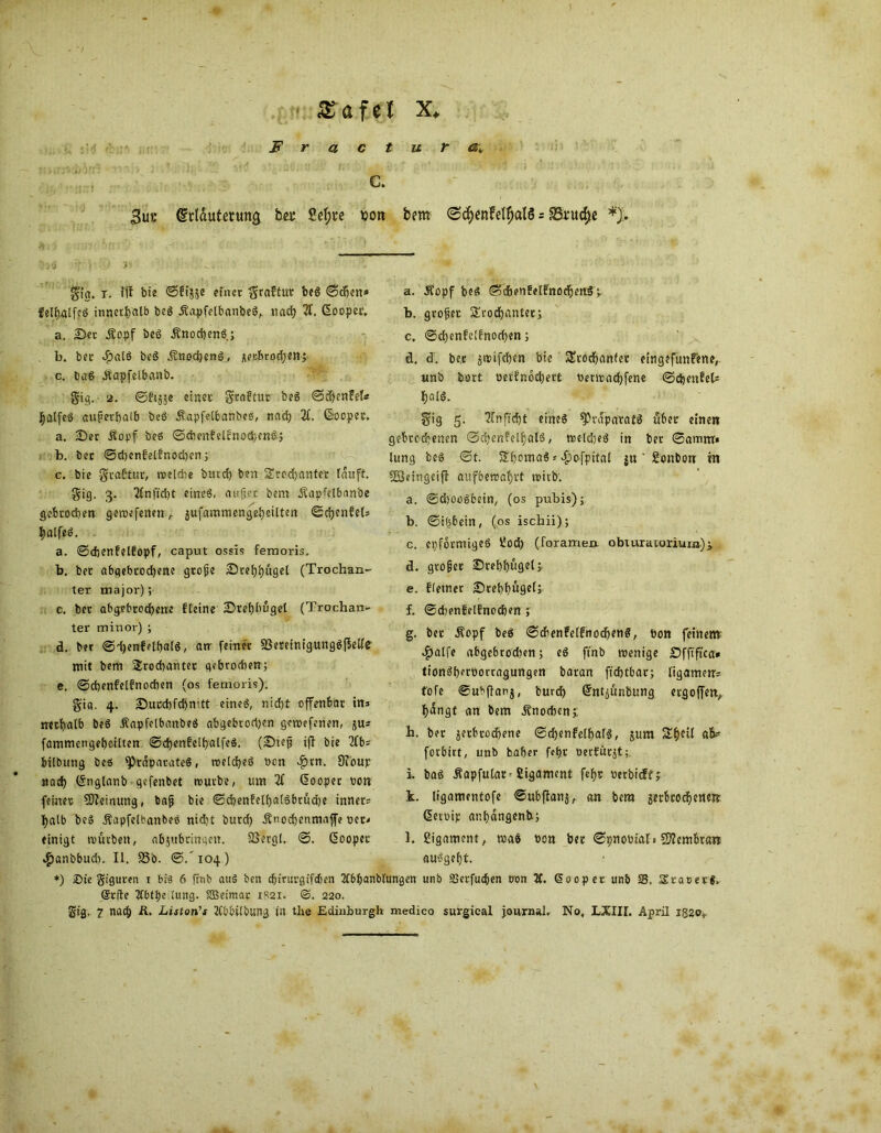 'u :'<<S <r.;;b , £afet X. F r a c t u r a* C. Buk Cfddutetung bcc ßef>ce son feem <3cf>enfett)afS = SSkuc^c *):. gig. t. bie ©fijje einer $raftut beg ©djen» feli)4lfcö innerhalb beg Äapfetbanbeg,. nach 3t. Gooper, a. £)et Äopf beg Änocheng; , b. ber $atg beg jtnocheng, jerbroehem; c. bag Ä’apfetbanb. §13. 2. ©ttjje einer graftur beg <Sd>enfeT« J^alfeö außerhalb beg Äapfelbanbes, nad; 3t. Gocpet. a. ©er Äopf beg ©cbenteltnodjenö; b. ber @d)cnfelfnod}en; c. bie §ra6tur, treldie bmd) ben Srochanfer lauft, gig. 3. 3tnfid)t eineg, aufjer bem Äapfelbnnbe gebrochen getpefenen , jufammengefyeilten ©chenfeU hatfeg. a. ©chenfetfopf, caput ossis fernoris. b. ber abgebrochene gtofje ©rehhüget (Trochan- ter major); c. ber abgebrochene ffeine ©rehbügel (Trochan- ter minor) ; d. ber ©d)enfe[f)a(g, an feiner Söereinigunggffette mit bem Srochatiter gebrochen; e. ©chenfetfnocben (os femoris); gig. 4. ©ucchfd)nitt eineg, nicht offenbar ins nerhalb beg Äapfelbanbeg abgebrodjen gcroefenen, jus fammengeheilten ©chenfethatfeg. (©tejj iff bie 3tb? bilbung beg ^raparateS, roetcheg Pen v£)tn. Oibup stad) Gnglanb gefenbet mürbe, um 3t Goopec pon feiner Meinung, bafj bie ©chenfelhatgbrüdje inner? halb beg Äapfeibanbeö nicht butd) Änochenmaffe per* einigt mürben, abjttbrinaen. Sergt, ©. Goopet «fjanbbueb. II. 85b. ©.'104) a. 5topf beS ©cfienSelfnocheng t b. großer Trochanter; c. ©chenfc!fnod)en; d. d. ber jrcifdjen bie Trochanter eingefunfene, unb bort oerfnochert Permachfene ©cbenfeU t)al6. gig 5. 3tnftd)t eineg fPraparatg über einen gebrochenen ©cf)en?elf)alg, meldjeg in ber ©amm« lung beg ©t. Thomag ? ^ofpital ju ‘ Sonbotr in SBeingeiff aufbemahvt trieb. a. ©d)oogbein, (os pubis); b. ©ifjbeirt, (os ischii); c. epfötmigeg t!od) (foramen obiuraioriuia)^ d. groper ©rehhüget; e. fferner ©rehhüget; f. ©cbenfelfnochen ; g. ber üopf beg ©chenfetfnocheng, pon feinem $atfe abgebrodten; eg ftnb wenige ©ffiftca» tiongherporragungen baran fichtbar; figametr? tote ©ubffanj, burch Gntjünbung ergoffett^. hüngt an bem Knochen;; h. ber jerbrochene ©chenfethatg, jum 5£beU a&? forbirt, unb baber feijr perfürjt; i. bag Äapfutar-ßigament fefjc perbieff; k. ligamentofe ©ubffanj, an bera jerbrochenen. Gerpip anhangenb; l. ßigament, trag Pon ber ©pnoPiat» Membran auggefjt. *) £)te giguren 1 br$ 6 frnb ati§ ben cbtrurgifdfien Ttbbanbfungcn unb ißerfud&en oon 7(. Looper unb SS, Sracerg. @rfte 2t6ttje lung. SBetmar 1^21. ©. 220.