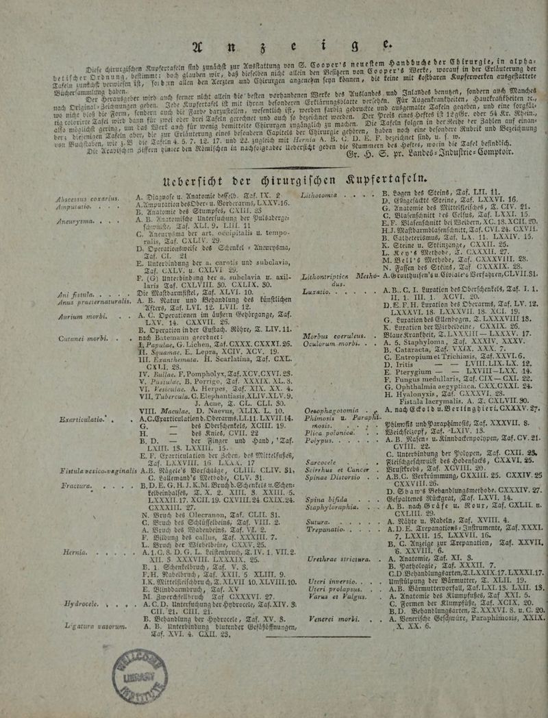 lese chirurgiſchen Kupfertafeln ſind zunaͤchſt zur Ausſtattung von S. Cooper's neueſtem Handbuche der Chirurgie, in alpha⸗ betiſch en he nat: . wir, daß dieſelben nicht allein den Beſitzern von Cooper's Werke, worauf in der Erläuterung ber Tafeln zunschſt verwieſen iſt, ſon dern allen den Aerzten und Chirurgen angenehm ſeyn koͤnnen, die keine mit koſtbaren Kupferwerken ausgeſtattete fi aben. ö Bucher . wird auch ferner nicht allein die beſten vorhandenen Werke des Auslandes und Inlandes benutzen, ſondern an Manches nach Original⸗Zeichnungen geben. Jede Kupfertafel iſt mit ihrem beſonderen Erklaͤrungsblatte verſehen. Fuͤr Augenkrankheiten, Hautkrankheiten 20% wo nicht bloß die Form, ſendern auch die Farbe darzuſtellen, weſentlich iſt, werden farbig gedruckte und ausgemalte Tafeln gegeben, und eine ſorgfaͤl⸗ tig colorirte Tafel wird dann für zwei oder drei Tafeln gerechnet und auch ſo bezeichnet werden. Der Preis eines Heftes iſt 129 Gr. oder 54 Kr. Rhein., alfo möglichſt gering, um das Werk auch für wenig bemittelte Chirurgen zugaͤnglich zu machen. Die Tafeln folgen in der Reihe der Zahlen auf, einan⸗ der; dieſenigen Tafeln aber, die zur Erläuterung eines beſondern Capitels der Chirurgie gehoren, haben noch eine beſondere Rubrik und Bezeichnung von Buchſtaben, wie z. B die Tafeln 4. 5. 7. 12. 17. und 22. zugleich mit Hernia A. B. (. D. E. F. bezeichnet find, u. f w. aben, wie W . j SEN. : 5 0 ; 2 indlich. Die Arabiſchen Ziffern hinter den Roͤmiſchen in nachfolgende Ueberſicht geben die Nummern des Heftes, worin die Tafel befindlich 5 f Gr. H. S. pr. Landes-Induſtrie-Comptoir. Abscessus coxarius. A. Diagnofe u. Anatomie deſſelb. Taf. IX. 2 Lithoto mia. B. Lagen des Steins, Taf. LII. 11. Ampututioo * A. Amputation des Ober- u. Vorderarms, L. XXV. 16. > D. Eingeſackte Steine, Taf. LXXVI. 16. B. Anatomie des Stumpfes, CXIII. 23 G. Anatomie des Mittelfleiſches, T. (IV. 21. Aneurysma. A. B. Angtomiſche Unterſuchung der Pulsaderge— C. Blaſenſchnitt des Celſus, Taf. LXXI. 15. ſchwulſte, Taf. XLI. 9. LIII. 11 E. F. Blaſenſchnitt bei Weibern, XC. 18. XCII. 20. C. Aneurysma der art. occipitalis u. tempo- H. J. Maſtdarmblaſenſchnitt, Taf. CVI. 24. CXVII. ralis, Taf. CXLIV. 29. B. Catheterismus, Taf. LX. 11. LXXIV. 15. D. Operationsweiſe des Schenkel = Aneurysma, K. Steine u. Steinzange, CXXII. 25. a of. l, 184 L. Key's Methode, FT. CXXXII. 27. E. Unterbindung der a. carotis und subclavia, M. Bell's Methode, Taf. CXXXVIII. 28. Taf. CXLV. u. CXLVI 29. 275 N. Faſſen des Steins, Taf. CXXXIX. 28. F. (G) Untecbindung der a. subclavia u. axil- ‚Lithontriptica Metho- A. Gkulthuiſen's u. Civiale's Verfahren, CLVII.3I. laris Taf. CXLVIII. 30. CXLIX. 30. dus. Ani ftstula. . .... Die Maftdarmfiftel, Taf. XI. VI. 10. Lüxatioo A. B.. C. I. Luxation des Oberſchenkels, Taf. I. 1. Anus praeiernaturalis. A. B. Natur und Behandlung des kuͤnſtlichen nn en. eee Afters, Taf. LVI. 12. LVII. 12. 5 D. E. F. H. Luxation des Oberarms, Taf. LV. 12. Aurium morbi. .. A. C. Operationen im aͤußern Gehoͤrgange, Taf. LXXXVI. 18. LXXXVII. 18. XCI. 19. LXV. 14. CXXVI. 26. G. Luxation des Ellenbogen, T. LXXXVIII 18. B. Operation in der Euſtach. Roͤhre, T. LIV. 11. K. Luxation der Wirbelbeine, CXXIX. 26. Cutanei morbi. . nach Batemann geordnet: Morbus coeruleus. I. Papulae, G. Lichen, Taf. CXXX. CXXXI. 25. Oculorum morbi. A. 5. Staphyloma, Taf. XXXIV. XXXV. II. Squamae, E. Lepra, XCIV. XCV. 19. B. Cataracta, Taf. VXIX. XXX. 7. III. Exanthemata. H. Scarlatina, Taf. CXL. C. Entropium et Trichiasis, Taf. XXVI. 6. CXLI. 28. D. Iritis — — LVIII. LIX. LX. 12. IV. Bullae, F. Pompholyx, Taf. X V. CXVI. 23. E. Pterygium — — LXVII-LXX. 14. V. Pustulae, B. Porrigo, Taf. XXXIX. XL. 8. F. Fungus medullaris, Taf. IX — CXI. 22. VI. Vesiculae. A. Herpes, Taf. XIX. XX. 4. G. Ophthalmia aegyptiaca. CXX. CXXI. 24. VII. Tubercula. C. Elephantiasis, XLIV. XLV. 9. £ H. Hyalonyxis, Taf. CXXXVI. 28. J. Ache, T. CL. CLI. 30. Fistala lacrymalis, A. T. CXLVII. 30. f x VIII. Maculae, D. Naevus, XLIX. L. 10. Oesophagotomia . „ A. nach E ckold u. Berlinghieri. CXXXV. 22. Exarticulatio. . A. C. Exarticulation d. Oberarms, LI. 11. LXVII. 14. Phimosis u. Paraphi- G. — des Oberſchenkels, XCIII. 19. mosis. . . . Phimoſis und Paraphimoſis, Taf. XXXVII. 8. HI. — des Knies, CVII. 22 Plica polonica. .. Weichſelzopf, Taf. LXIV. 13. 5 B. D. — der Finger und Hand, Taf. Polypus. A. B. Naſen⸗ u. Kinnbackenpolypen, Taf. CV. 21. LXIII. 18. LXXIII. 15. CVIII. 22. E. F. Exarticulation der Zehen, des Mittelfußes, C. Unterbindung der Polypen, Taf. CXII. 23. 3 N Taf. LXXVIII. 16. LXAX, 17 Farcocele . . Fleiſchgeſchwulſt des Hodenſacks, CXXVI. 25. Fistula vesico-vaginalis A. B. Naͤgele's Vorſchlaͤge, CLIIL CLIV. 81, Scirrhus et Cancer Bruſtkrebs, Taf. XCVIII. 20. 5 C. Lallemand's Methode, CLV. 31. Spinae Distorsio . A. B. C. Verkruͤmmung, CXXIII. 25. CXXIV. 23 Fractura . . . B. D. E. G. H. J. K. M. Bruch d. Schenkels u. Schen⸗ (XXVII. 26. 1 . kelbeinhalſes, T. X. 2. XIII. 8. XXIII. 5. D. Sbaw's Behandlungsmethode. CXXXIV. 27. LXXXII. 17. XCIL, 19. CXVIII. 24. CXIX. 24. Spina bifida . . . Geſpaltenes Ruͤckgrat, Taf. LXVI. 14. | GEXXIL”27; Staphyloraphia. . A. B. nach Gräfe u. Rour, Taf. CXLII. u. \ N. Bruch des Olecranon, Taf. CLII. 81. CXLIII. 29. x Bruch des Schluͤſſelbeins, Taf. VIII. 2. Sutura .. . A. Nähte u. Nadeln, Taf. XVIII. 4. F. Bildung des callus, Taf. XXXIII. 7. . 7. LXXII. 15. LXXVII. 16. x L. Bruch der Wichelbeine, CXXV, 25. B. C. Anzeige zur Trepanation, Taf. XXVII. Her nia. .A. 1. C. 8. D. G. L. Leiſtenbruch, T. IV. 1, VII. 2. 5. XXVIII. 6. XII. 8. XXXVIII. LXXXIX. 25. Urethrae strietura. . A. Anatomie, Taf. XI. 3. B. 1. Schenkelbruch, Taf. V. 3. B. Pathologie, Taf. XXXII. 7. F. H. Nabelbruch, Taf. XXII. 5 XLIIT, 9. C. D. Behandlungs arten, T.LXXIX. 17. LXXXI. 17. I. Kk. Mittelfleiſchbru ch, X. XI. VII 10. XLVIII. 10. Uteri inversio.. . . Umftülpung ber Bärmutter, T. XLII. 19. E. Blinddarmbruch, Taf. XV Uteri prolapsus. . A. B. Baͤrmuttervorfall, Taf. LXI. 13. LXII. 13. REEL M. Zwerchfellbruch Taf OXXXVI. 27. Varus et Falgus. . A. Anatomie des Klumpfußes, Taf XXI. 5. ydrocele. . . .. 4. C. PD. unterſuchung der Hydrocele, Taf. XIV. 8. C. Formen der Klumpfüße, Taf. XCIX, 20. I. 21, MI. . i B. D. Behandlungsarten, T. XXXVI. 8. u. C. 20. Ti B. Behandlung der Hydrocele, Taf. XV. 8. Venerei morbi. „ A. Veneriſche Geſchwuͤre, Paraphimosis, XXIX. gatura vasorum. A. B. Unterbindung blutender Gefaͤßoͤffnungen, X. XX. 6. Taf. XVI. 4. CAIL 23, 7 Bruch des Wadenbeins, Taf. VI. 2. Trepanati» . . . . A. D. E. Trepanations⸗Inſtrumente, Taf. XXXI. 3 9