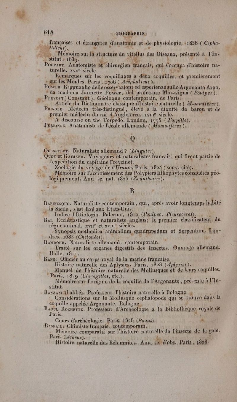 francaises et étrangères d'anatomie et de physiologie, +1838 ( Cépha- . Aidiens), ds + 47 é «Mémoire sur là structure du vitellus des Oiseaux, présenté à l'In- : 5, 08 5 fl * . Stitut ; 1830. A 1% | Poupart. Anatomiste él'chiruréien français, qui s’ turelle, xvn® siècle. Man FLN __ Remarques sur les coquillages à deux coquilles, et premièrement * sur les Moules. Paris , 1706 ( Acéphaliens ). | Power. Ragguaglio delle osservazioni ed esperienze sullo Argonauto Argo, * da madama Jannette Power, del professore Maravigna ( Poulpes }. « Prevosr( Constant ), Géologue contemporain, de Paris suit Article du Dictionnaire classique d'histoire naturelle ( Mammifères). Prieur. Médecin trés-distingué, élevé à la dignité de baron et de premier médecin du roi d'Angleterre. xvn£ siècle. * À discourse on the Torpedo. London, 1775 ( Torpille). Pürkwce, Anatomiste de l'école allemande ( Mammiferes ), Li Q «4: gun Naturaliste allemand ? (Lingules). Quox et Garmarn. Voyageurs et naturalistes français, qui firent partie de l'expédition du capitaine Freycinet. . TE MES Zoologie du voyage de l'Uranie, Paris, Lead Ca cité). 0 Mémoire sur l'accroissement des Polypiers lithophytes considérés géo- logiquement. Ann. sc. nat. 1825 (Zoanthaires). ME oi R # Lg L2 Rarimesque. Naturaliste contemporain , qui, après avoir longtemps habité la Sicile , s'est fixé aux Etats-Unis. Indice d'Ittiologia. Palermo, 18ro (Poulpes, Pleuracéres). à : Rai. Ecclésiastique et naturaliste anglais; le premier classificateur, du régne animal. xvn® et xviné siècles. -Synopsis methodica animalium, quadrupedum et Serpentum. Lon- dres, 1683 (Chélonées). PHP ' “ Rampour. Naturaliste allemand, contemporain. Traité sur les organes digestifs des Insectes. Ouvrage allemand. Halle, 181 J. _ Raxe. Officier au corps royal de la marine française, Histoire naturelle des Aplysies. Paris, 1828 (4plysies). : Manuel de l’histoire naturelle des Mollusques et de leurs coquilles. - Paris, 1829 (Clavagelles, etc.). À ETES Mémoire sur l'origine de la coquille de l'Argonaute , présente à l'In- stitut. Ranwzanr (l'abbé). Professeur d'histoire naturelle à Bologne. 4 Considérations sur le Mollusque céphalopode qui se trouve dans la coquille appelée Argonaute. Bologne. Haiti Le RAoRL RocetTE. Professeur d'Archéologie à la Bibliotheque, royale de aris. | Cours d'archéologie, Paris, 1828 (Paons). * Raspaz, Chimiste français, contemporain. | | Mémoire comparatif sur l’histoire naturelle de l'insecte de la gale, Paris (Acarus). | la E %: Histoire naturelle des Bélemnites. Ann, 50: d'obs.. Paris, 162$: occupa d'histoire na- ni (14 + 1e