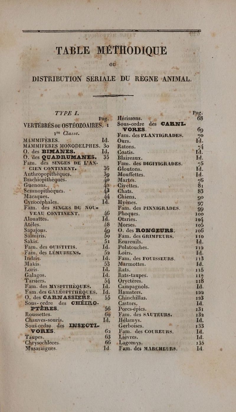 « +g s TYPE I. 4 pag. … Hérissons. + , VERTÉBRÉS ou OSTÉOZOAIRES. à ou: des CABNL. re Classe, Fam. des PLANTIGRADES. MAMMIFEÈRES. Id. Ours. MAMMIFÈRES MONODELPHES. 30 Ratons. Q des BIMANES. . Id, Coatis. O. des QUADRUMANES. 35 Blaireaux. Fam. des SINGES DE L'AN- Fam. des DIGITIGRADES. * CIEN CONTINENT. 36 Gloutons. Anthropopithèques. 39 Mouffettes. À Brachiopithèques. 40 Martes. Guenons.. : 4 --Giyettes. -:Semnopithèques. 43 Chats. Mäcaques. . 44 Chiens. Oynocéphaies. Id. Hyènes. Fam. des SINGES DU NOU= Fam. des PINNIGRADES. VEAU CONTINENT, 46 Phoques. Alouattes. Id. Otaries. Atèles. 48 ° Morses. Sapajous. 49 ©. des RONGEURS. Saimiris. 50 Fam. des GRIMPEURS, Sakis. 51 Ecureuils. Fam. des OUISTITIS. Id. Polatouches. Fam. des LÉMURIENS. 52 Loirs. Indris. Id, Fam. des FOUISSEURS. Makis. 53. Marmottes. Loris. Id, Rats, Galagos. Id. Rats-taupes. Tarsiers. 54 Oryctères. Fam. des MYSPITHÈQUES, Id. Campagnols. Fam.des GALÉOPITHÈQUES, Id, Hamsters. ” O. des CARNASSIERS, 55 Chinchillas. Sous-ordre des CHÉIRO- Castors. PTÈRES. 56 Porcs-épics. Roussettes. 60 Fam. des SAUTEURS, Chauves-souris. Id, Hélamys. Sous-ordre des INSECTI- Gerboises.  VORES. 62 Fam. des COUREURS. _ Taupes. « 63 Lievres. CRYsacbtes es. 66 ,Lagomys. Musaraignes. Id. Fam, des MARCHEURS.