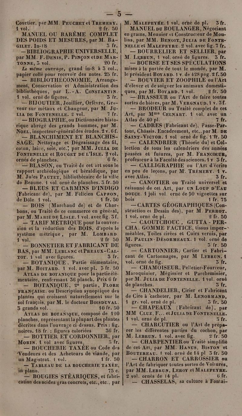 Courtier, par MM. PEUCHET et TREMERY. 4 vol. à 2 fr. 50 MANUEL OU BARÈME COMPLET DES POIDS ET MESURES, par M. B4-- “GILET. In-18 CS Êr, — BIBLIOGRAPHIE UNIVERSELLE, par MM. F.Denis, P. PiNÇCON etDE Mar- TONNE, 5 vol. 20 fr. Le même ouvrage, grand in-8 à 3 col., papier collé pour recevoir des notes. 25 fr. — BIBLIOTHECONOMIE, Arrange- ment, Conservation et Admivistration des 4 vol. orné de figures. 3 fr. — BIJOUTIER, Joaillier, Orfèvre, Gra- veur sur métaux et Changeur, par M. Ju- LIA DE FONTENELLE. ? vol. 7 fr. — BIOGRAPHIE, ou Dictionnaire histo- rique abrégé des grands hommes, par M. Noez, inspecteur-général des études. 2 v.6f. — BLANCHIMENT ET BLANCHIS- SAGE, Nettoyage et Dégraissage des fil, coton, laire, soie, etc.; par MM. JULIA DE FONTENELLE et ROUGET DE L'ISLE. 2 vol. ornés de planches. 6 fr. _— BLASON, ou Traité de cet art sous le rapport archéologique et héraldique, par M. Jules PAuTET, bibliothécaire de la ville de Beaune. 1 vol. orné de planches. 3 fr. 50 (Fabricant de), par M. Félicien CAPRON, de Dôle. 1 vol. 4 fr. 50 — BOIS (Marchand de) et de Char- bons, ou Traité de ce commerce en général, ar M. MaRié DE Lisce.1l vol.avecfig.3f. — TARIF MÉTRIQUE pour la conver- sion et la réduction des BOIS, d’après le système métrique, par M. LomBarD 4 vol. 2 fr 50 - — BONNETIER ET FABRICANT DE BAS, par MM. LEBLANC et PREAUX-CAL- TOT. À vol avec figures. 3 fr. — BOTANIQUE, Partie élémentaire, par M. Borraro. 1 vol. avecpl. 5 fr. 50 ATLAS DE BOTANIQUE pour la partieélé- mentaire, renfermant 36 planch. Prix 6 fr — BOTANIQUE, 2 partie, FLORE FRANÇAISE, ou Description synoplique des plantes qui croissent naturellement sur le sol français, par M. le docteur BorsDUvAL. 3 grands vol... 10 fr. 50 ATLAS DE BOTANIQUE, composé de 120 planches, représentant la plupart des plantes décrites dans l’ouvrage ci-dessus. Prix : fig. noires. 18 fr. ; figures coloriées 36 fr. - BOTTIER ET CORDONNIER, par Morin. 1 vol avec figures. 5 fr. — BOUCHERIE TAXÉE ou Code. des “Vendeurs et des Acheteurs de viande, par un Magistrat. 1 vol. 4 fr. 50 — TABLEAU DE LA BOUCHERIE TAXÉE, in-plano. i 15 c. — BOUGIES STÉARIQUES, et fabri- cation des acides gras concrets, etc.,etc.. par M. MALEPEYKE. 1 vol. orné de pl. 3fr. MANUEL pu BOULANGER, Négociant en grains, Meunier et Constructeur de Mou- lins, par MM. BENOIT, JULIA DE FONTE- NELLE et MALEPEYRE. 2 vol. avec fig. fr, — BOURRELIER ET SELLIER, par M. LEBRUN, 1 vol. orné de figures. 3 fr. — BOURSE ET SES SPECULATIONS mises à la portée de tout le monde, par M. le président Boy ARD. 1 v. de 428 pag. 2 f. 50 — BOUVIER ET ZOOPHILE ou l'Art d’élever et de soigrer les animaux domesti- ques, par M. BoyaRD. 1 vol. 3 fr. 50 — BRASSEUR ou l'Art de faire toutes sortes de bières, par M. VERGNAUD. 1 v. 3f. — BRODEUR ou Traité complet de cet Art, par Mme CELNART. 1 vol. avec un : Ailas de 40 pl. 7 fr. — CADRES (Fabricant de), Passe-Par- tout, Châssis. Encadrement, etc., par M. DE SAINT-VICTOR. 4 vol orné de fig. 1°fr. 50 — CALENDRIER (Théorie du) et Col- lection de tous les calendriers des années passées et fulures, par M. FRANCOEUR, professeur à la Faculté des sciences. 1 v. 3 fr. — CALLIGRAPHIE ou l'Art d'écrire en peu de leçons, par M. TRÉMERY. 1 v. avec Atlas. 3 fr. — CANOTIER ou Traité universel et raisonné de cet Art, par un Loup D'EAU DOUCE. 1 joli vol. orné de 50 vignettes sur bois Fr 15 — CARTES GÉOGRAPHIQUES (Con- struction et Dessin des), par M. PERROT. 4 vol. orné de pl. 2 fr. 50 — CAOUTCHOUC, GUTTA - PER- CHA, GOMME FACTICE, tissus imper-- méables, Toiles cirées et Cuirs vernis, par M. PAULIN - DÉSORMEAUX. 1 vol. orné de figures. 5 fr. 50 — CARTONNIER, Cartier et Fabri- cant de Cartonnages, par M LEBRüuN. 1 vol. orné de fig. DIT. — CHAMOISEUR, Pelletier-Fourreur, Maroquinier, Mégissier et Parcheminier, par M. JuLIA DE FONTENELLE. 1 vol. orné de planches. 5 fr. — CHANDELIER, Cirier et Fabricant de Cire à cacheter, par M. LENORMAND, 4 gr. vol. orné de pl. 3 fr. 50 — CHAPEAUX (Fabricant de), par MM Czuz,F...etJuLi14 DE FONTENELLE. 4 vol. orné de pl. 5 fr. — CHARCUTIER ou l'Art de prépa- rer les différentes parties du cochon, par M. LEBRUN. 1 vol. avec fig. 9 fr. 50 — CHARPENTIER ou Traité simplifié de cet’ Art, par MM. HaAnus, BisTon et BOUTEREAU. 1 vol. orné de 14 pl 3 fr. 50 — CHARRON ET CARROSSIER ou VPArt de fabriquer toutes sortes de Voitures, par MM.LEBronN, LEROY et MALEPEYRE. 2 vol. ornés de 14 pl. Ô fr. — CHASSELAS, sa culture à Fontai-
