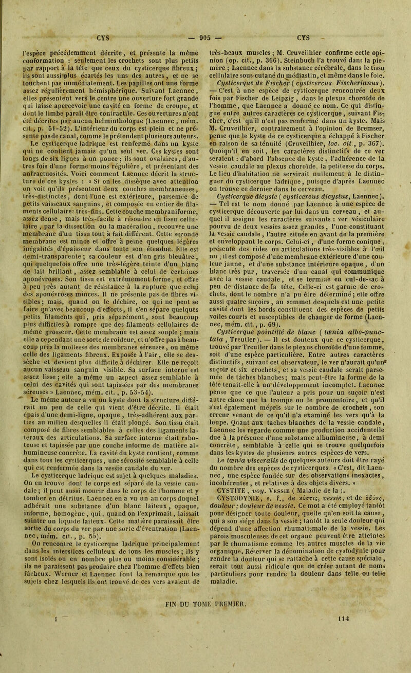 l’espèce précédemment décrite, et présente la même conformation : seulement les crochets sont plus petits par rapport à la tète que ceux du cysticerque fibreux; ils sont aussi plus écartés les uns des autres , et ne se touchent pas immédiatement. Les papilles ont une forme assez régulièrement hémisphérique. Suivant Laennec, elles présentent vers le centre une ouverture fort grande qui laisse apercevoir une cavité en forme de croupe, et dont le limbe paraît être contractile. Ces ouvertures n’ont été décrites par aucun helminthologue (Laennec , mém. cit., p. 51-52). L’intérieur du corps est plein et ne pré- sente pasde canal, comme le prétendent plusieurs auteurs. Le cysticerque ladrique est renfermé dans un kyste qui ne contient jamais qu’un seul ver. Ces kystes sont longs de six lignes à un pouce ; ils sont ovalaires, d’au- tres fois d’une forme moins régulière, et présentant des anfractuosités. Voici comment Laennec décrit la struc- ture de ces kystes : « Si on les dissèque avec attention on voit qu’ils présentent deux couches memhraneuses, très-distinctes, dont lune est extérieure, parsemée de petits vaisseaux sanguins, et composée en entier de fila- ments cellulaires très-fins. Cettecouche membraniforme, assez dense , mais très-facile à résoudre en tissu cellu- laire , par la dissection ou la macération, recouvre une membrane d’un tissu tout à fait différent. Cette seconde membrane est mince et offre à peine quelques légères inégalités d’épaisseur dans toute son étendue. Elle est demi-transparente ; sa couleur est d’un gris bleuâtre , qui quelquefois offre une très-légère teinte d’un blanc de lait brillant, assez semblable à celui de certaines aponévroses. Son tissu est extrêmement ferme, et offre à peu près autant de résistance à la rupture que celui des aponévroses minces. 11 ne présente pas de fibres vi- sibles ; mais, quand on le déchire, ce qui ne peut se faire qu’avec beaucoup d’efforts, il s’en sépare quelques petits filamehls qui, pris séparément, sont beaucoup plus difficiles à rompre que des filaments cellulaires de même grosseur. Cette membrane est assez souple ; mais elle a cependant une sorte de roideur, et n’offre pas à beau- coup près la mollesse des membranes séreuses, ou même celle des ligaments fibreux. Exposée à l’air, elle se des- sèche et devient plus difficile à déchirer Elle ne reçoit aucun vaisseau sanguin visible. Sa surface interne est assez lisse; elle a même un aspect assez semblable à celui des cavités qui sont tapissées par des membranes séreuses » Laennec, mém. cit., p. 53-54). Le même auteur a vu un kyste dont la structure diffé- rait un peu de celle qui vient d’être décrite, li était épais d’une demi-ligne, opaque , très-adhérent aux par- ties au milieu desquelles il était plongé. Son tissu était composé de fibres semblables à celles des ligaments la- téraux des articulations. Sa surface interne e'iait rabo- teuse et tapissée par une couche inlorme de matière al- bumineuse concrète. La cavité du kyste contient, comme dans tous les cyslicerques, une sérosité semblable à celle qui est renfermée dans la vessie caudale du ver. Le cysticerque ladrique est sujet à quelques maladies. On en trouve dont le corps est séparé de la vessie cau- dale; il peut aussi mourir dans le corps de l’homme et y tomber en détritus. Laennec en a vu un au corps duquel adhérait une substance d’un blanc laiieux, opaque, informe, homogène , qui, quand on l’exprimait, laissait suinter un liquide laiteux. Cette malière paraissait être sortie du corps du ver par une sorie d’éventration (Laen- nec , mém. cit., p. 55). On rencontre le cysticerque ladrique principalement dans les interstices celluleux de tous les muscles; ils y sont isolés ou en nombre plus ou moins considérable ; ils ne paraissent pas produire chez l’homme d’effets bien fâcheux. Werner et Laennec font la remarque que les sujets chez lesquels ils ont trouvé de ces vers avaient «le très-beaux muscles ; M. Cruveilhier confirme cette opi- nion (op. cit., p. 366). Steinbuch l’a trouvé dans la pie- mère ; Laennec dans la substance cérébrale, dans le tissu cellulaire sous-cutané du médiastin,et même dans le foie. Cysticerque de Fischer ( cysticercus Fischerianus). — C’est à une espèce de cysticerque rencontrée deux fois par Fischer de Leipzig , dans le plexus choroïde de l’homme, que Laennec a donné ce nom. Ce qui distin- gue entre autres caractères ce cysticerque, suivant Fis- cher, c’est qu’il n’est pas renfermé dans un kyste. Mais M. Cruveilhier, contrairement à l’opinion de Bremser, pense que le kyste de ce cysticerque a échappé à Fischer en raison de sa ténuité (Cruveilhier, loc. cit., p. 367). Quoiqu’il en soit, les caractères distinctifs de ce ver seraient : d’abord l’absence du kyste, l’adhérence de la vessie caudale au plexus choroïde, la petitesse du corps. Le lieu d’habitation ne servirait nullement à le distin- guer du cysticerque ladrique, puisque d’après Laennec on trouve ce dernier dans le cerveau. Cysticerque dicyste ( cysticercus dicystus, Laennec). — Tel est le nom donné par Laennec à une espèce de cysticerque découverte par lui dans un cerveau , et au- quel il assigne les caractères suivants : ver vésiculaire pourvu de deux vessies assez grandes, l’une constituant la vessie caudale, l’autre située en avant de la première et enveloppant le corps. Celui-ci, d’une forme conique , présente des rides ou articulations très-visibles à l’œil nu ; il est composé d une membrane extérieure d’une cou- leur jaune, et d’une substance intérieure opaque , d'un blanc très-pur, traversée d'un canal qui communique avec la vessie caudale, et se termine en cul-de-sac à peu de distance de fa tête. Celle-ci est garnie de cro- chets, dont le nombre n’a pu être déierminé ; elle offre aussi quatre suçoirs, au sommet desquels est une petite cavité dont les bords constituent des espèces de petits voiles courts et susceptibles de changer de forme (Laen- nec, mém. cit., p. 69). Cysticerque pointillé de hlanc { taenia albo-punc- tata , Treutler). — 11 est douteux que ce cysticerque, trouvé par Treutler dans le plexus choroïde d’une femme, soit d’une espèce particulière. Entre autres caractères distinctifs, suivant cet observateur, le ver n’aurait qu’un* suçoir et six crochets, et sa vessie caudale serait parse- mée de tâches blanches; mais peut-être la forme de la tête tenait-elle à utvdéveloppement incomplet. Laennec pense que ce que l’auteur a pris pour un suçoir n’est autre chose que la trompe ou le promontoire, et qu’il s’est également mépris sur le nombre de crochets , son erreur venant de ce qu’il n’a examiné les vers qu’à la loupe. Quant aux taches blanches de la vessie caudale, Laennec les regarde comme une production accidentelle due à la présence d’une substance albumineuse, à demi concrète, semblable à celle qui se trouve quelquefois dans les kystes de plusieurs autres espèces de vers. Le teenia visceralis de quelques auteurs doit être rayé du nombre des espèces de cyslicerques « C’est, dit Laen- nec, une espèce fondée sur des observations inexactes, incohérentes, et relatives à des objets divers. » CYSTITE , voy. Vessie ( Maladie de la ). CYSTODYNIE, s. f., de xôïtjs, vessie, e.t de oSùn/j, douleur; douleur de vessie. Ce mot a été employé tantôt pour désigner toute douleur, quelle qu’en soit la cause, qui a son siège dans la vessie ; tantôt la seule douleur qui dépend d’une affection rhumatismale de la vessie. Les parois musculeuses de cet organe peuvent être atteintes par le rhumatisme comme les autres muscles de la vie organique. Réserver la dénomination de cystodynie pour rendre la douleur qui se rattache à cette cause spéciale , serait tout aussi ridicule que de cféer autant de noms particuliers pour rendre la douleur dans telle ou lelie maladie. FIN DU TOME PREMIER. 1 114