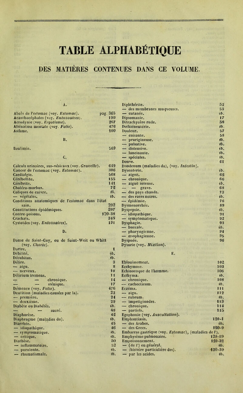 TABLE ALPHABÉTIQUE DES MATIÈRES CONTENUES DANS CE VOLUME. A. Abcès lie l’eslomac (voy. Estomac). pag. 365 Acaiiihocéphales (voy. Entozoaires). 190 Acrodynie (voy. Ergotisme). 267 Aliénaliou uenlale (.voy. Folie). 476 Asthme, 100 B. Büuliraie. 569 C. Calculs urinaires, sus-vésicanx (voy. Gravelle). 649 Cancer de l'estomac (voy. Estomac). . 306 Cardiaigie. 568 Cérébellite. 155 Céréhrite. 141 Choléra-morbus. 72 Coliques de cuivre. ih. — ve'gétales. ib. Conditions anatomiques de l'estomac dans l’état sain. 292 Constitutions épidémiques. 207 Contre-poisons. 120-38 Crachats, 345 Cystoïdes (voy. Entozoaires). 191 D. Danse do Saint-Guy, ou de Saint-Weit ou Whilt (voy. Chorée). Dartre. 1 Débilité, «6. Décubitus. ,ib. Délire. 3 — aigu. 8 — nerveux. 10 Delirium Iremens. 11 — — chronique. 14 — — siénique. 17 Démence (voy. Folie). 476 Dentition (maladies causées par la), 23 — première, 24 — deuxième. 29 Diabète ou Diabétès. ib. — — sucré. 40 Diaphorèse. 42 Diaphragme (maUdies du). ib. Diarrhée. ' 4.5 — idiopathique. 46 — symptomatique. ib. — critique. ib. Diathèse, .50 — inflammatoire. 52 — purulente. tb. >— rhumatismale. fb. Diphthérite. 52 — des membranes muqueuses. 53 — cutanée. ib. Dipsomanie. 17 Ditrachycère rude. ,58 Dolhiénentérie. ib. Douleur. 57 — cuisante. 58 — prurigineuse, (b. — piilsative. ib. — distensive. ib. — lancinante. ib. — spéciales. ib. Douve. 61 Duodénum (maladies du}, (voy. Intestin). Dysenterie. ib. — aiguë. 62 — chronique, 66 — aiguë intense, ib. — — grave. 68 — des pays chauds. 73 — des races noires. ib. — épidémie. 76 Dysménorrhée. 89 Dyspepsie. ib. — idiopathique. 91 — symptomatique. 92 Dysphagie. 93 — buccale. ib. — pharyngienne. 94 — œsophagienne. 95 Dyspnée, 96 Dysurie (voy. Mixtion). E. Eblouissement. 102 Ecchymose. 103 Echinocoque de l’homme; 106 Ectbyma. ib. — chronique. 108 — cachecticum. ib. Eczéma. 111 — aigu. 112 — rubrum. ib. — impetiginodes. Il3 — chronique. 114 — partiels. 115 Egophonie (voy. Auscultation). Eleiihantiasis. 120-1 — des Arabes. ib. — des Grecs. 120-9 Embarras gastrique (voy. Estomac), (maladies de 1’). Emphysème pulmonaire. 120-1!> Empoisonnement. 120-32 — (de 1’) en général. ib. — (histoire particulière des). 120-39 — par les acides. ib.