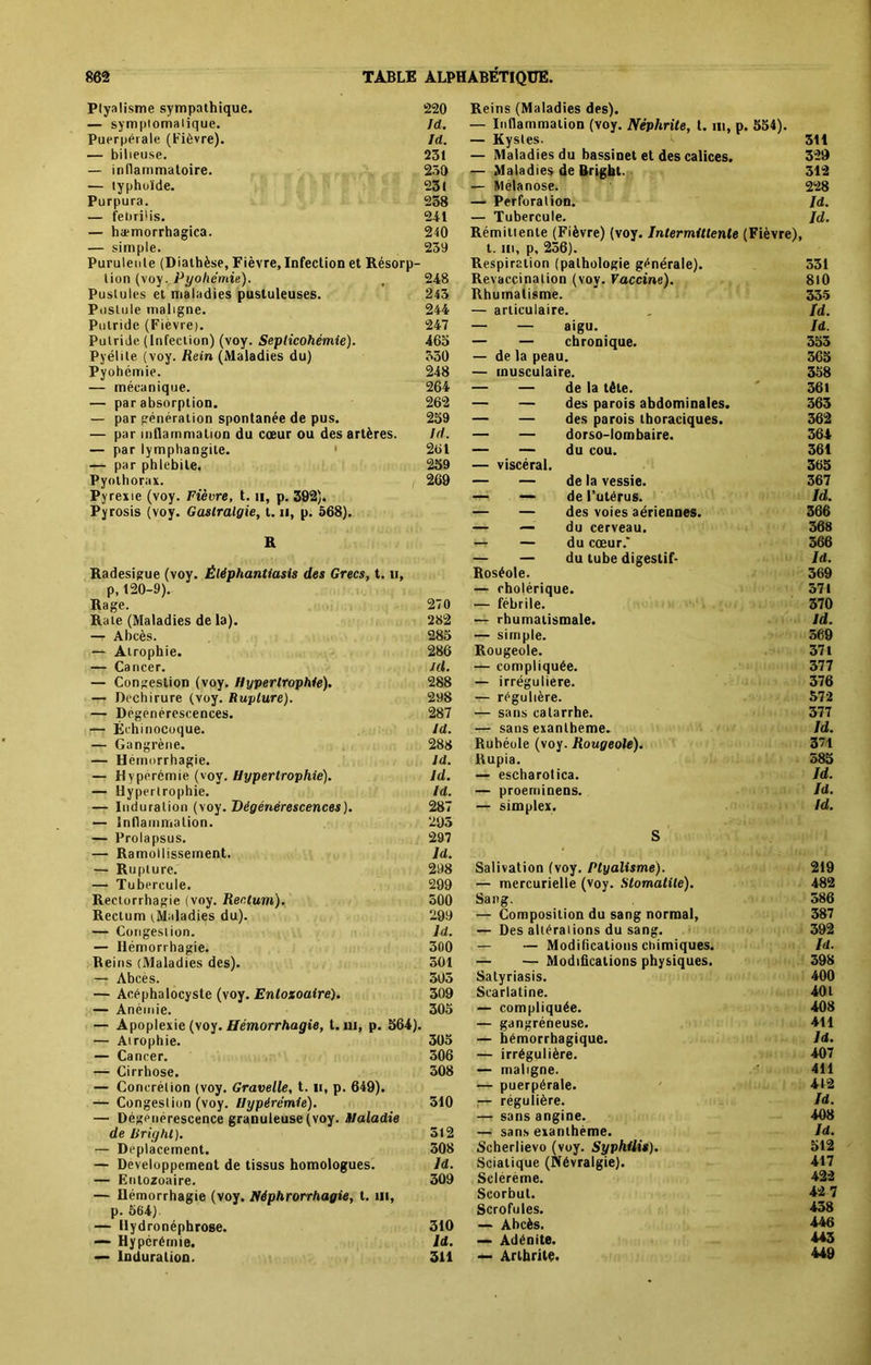 Ptyalisme sympathique. — symptomatique. Puerpérale (Fièvre). — bilieuse. — inllarnmatoire. — typhoïde. Purpura. — felirilis. — ha-morrhagica. — simple. Purulente (Diathèse, Fièvre, Infection et Résorp- tion (voy. Pyohcmie). Pustules et maladies pustuleuses. Pustule maligne. Putride (Fièvre). Putride (Infection) (voy. Septicohémie). Pyélite (voy. Rein (Maladies du) Pyohémie. — mécanique. — par absorption. — par génération spontanée de pus. — par inflammation du cœur ou des artères. — par lymphangite. — par phlébite. Pyothorax. Pyrexie (voy. Fièvre, t. n, p. 392). Pyrosis (voy. Gastralgie, t. n, p. 568). R Radesigue (voy. Éléphantiasis des Grecs, t. h, p, 120-9). Rage. Rate (Maladies de la). —r Abcès. — Atrophie. — Cancer. — Congestion (voy. Hypertrophie). — Déchirure (voy. Rupture). — Dégénérescences. — Échinocoque. — Gangrène. — Hémorrhagie. — Hyperémie (voy. Hypertrophie). — Hypertrophie. — Induration (voy. Dégénérescences). — Inflammation. — Prolapsus. — Ramollissement. — Rupture. — Tubercule. Rectorrhagie (voy. Rectum). Rectum (Maladies du). — Congestion. — Hémorrhagie. Reins (Maladies des). — Abcès. — Acéphalocyste (voy. Entozoaire). — Anémie. — Apoplexie (voy. Hémorrhagie, t. ni, p. 564). — Airophie. — Cancer. — Cirrhose. — Concrétion (voy. Gravelle, t. ii, p. 649). — Congestion (voy. Hypèrémie). — Dégénérescence granuleuse (voy. Maladie de liriyhl). — Déplacement. — Développement de tissus homologues. — Entozoaire. — Hémorrhagie (voy. Néphrorrhagie, t. ni, p. 564) — Hydronéphrose. — Hypérémie. — Induration. 220 Reins (Maladies des). Id. — Inflammation (voy. Néphrite, t. ni, p. 554). Id. — Kystes. 311 231 — Maladies du bassinet et des calices. 329 230 — Maladies de Bright- 312 231 — Mélanose. 228 258 — Perforation. Id. 241 — Tubercule. Id. 240 Rémittente (Fièvre) (voy. Intermittente (Fièvre), I 239 t. iii, p, 256). Respiration (pathologie générale). 331 248 Revaccinalion (voy. Vaccine). 810 243 Rhumatisme. 335 244 — articulaire. Id. 247 — — aigu. Id. 465 — — chronique. 355 330 — de la peau. 365 248 — musculaire. 358 264 — — de la tête. 361 262 — — des parois abdominales. 363 259 — — des parois thoraciques. 362 Id. — — dorso-lombaire. 364 261 — — du cou. 361 259 — viscéral. 365 269 — — de la vessie. 367 — — de l’utérus. Id. — — des voies aériennes. 366 — — du cerveau. 368 -r — du cœur.* 366 — — du tube digestif- Id. Roséole. 369 — cholérique. 571 270 — fébrile. 370 282 — rhumatismale. ld. 285 — simple. 569 286 Rougeole. 371 Kl. — compliquée. 377 288 — irrégulière. 376 298 — régulière. 572 287 — sans catarrhe. 377 Id. — sans exanlheme. Id. 288 Rubéole (voy. Rougeole). 371 ld. Kupia. 585 Id. — escharotica. Id. Id. — proeminens. Id. 287 — simplex. ld. 295 297 S ld. 298 Salivation (voy. Ptyalisme). 219 299 — mercurielle (voy. Stomatite). 482 500 Sang. 586 299 — Composition du sang normal. 387 ld. — Des altérations du sang. 392 300 — — Modifications chimiques. Id. 501 — — Modifications physiques. 398 305 Satyriasis. 400 309 Scarlatine. 401 305 — compliquée. 408 — gangréneuse. 411 305 — hémorrhagique. ld. 306 — irrégulière. 407 308 — maligne. 411 — puerpérale. 412 510 — régulière. Id. — sans angine. 408 512 — sans exanthème. Id. 308 Scherlievo (voy. Syphilis). 512 ld. Sciatique (Névralgie). 417 309 Sclérème. 422 Scorbut. 42 7 Scrofules. 438 310 — Abcès. 446 ld. — Adénite. 443 311 — Arthrite. 449