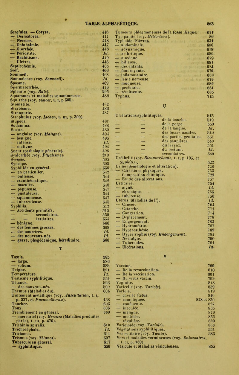 Scrofules. —Coryza. 448 — Dermatozes. 447 — Nécrose. 448 — Ophthalmie. 447 — Otorrhée. 448 — Périostite. Id. — Rachitisme. 449 — Ulcères 446 Septicohémie. 465 Soif. 466 Sommeil. 468 Somnolence (voy. Sommeil). Id. Spasme. 469 Spermatorrhée. 470 Splénile (voy. Rate). 293 Squammes et maladies squammeuses. 482 Squirrbe (voy. Cancer, t. i, p 505). Stomatite. 482 Strabisme. 486 Slrangurie. 487 Strophulus (voy. Lichen, t. ni, p. 390). Stupeur. 487 Sudamina. 488 Suette. 489 — anglaise (voy. Maligne). 494 — bénigne. 493 — intense. Id. — maligne. 494 Sueur (pathologie générale). 498 Syalorrhée (.voy. Ptyalisme), 219 Syeosis. 503 Syncope. 505 Syphilide en général. 556 — en particulier. 542 — bulleuse. 544 — exanthématique. 542 — maculée. 548 — papuleuse. 547 — pustuleuse. 544 — squammeuse. 547 — tuberculeuse. 545 Syphilis. 512 — Accidents primitifs. / 513 — — secondaires. 530 — — tertiaires. 554 — bénigne. 566 — des femmes grosses. 568 — des nourrices. Ici. — des nouveaux-nés. Id. — grave, phagédénique, héréditaire. 566 T Taenia. 585 — large. 586 — solium. 585 Teigne. 591 Température. Id. Testicule syphilitique. 554 Tétanos. 595 — des nouveau-nés. 599 Thymus (Maladiesdu). 604 Tintement métallique (voy. Auscultation, t. t, p. 337, et Pneumothorax). 158 Toucher. 605 Toux. 606 Tremblement en général. 609 — mercuriel (voy. Mercure (Maladies produites par le), t. ni, p. 470). Trichinia spiralis. 610 Trichocéphale. Id. Trichoma. 611 Trismus (voy. Tétanos). 597 Tubercule en général. 617 — syphilitique. 556 Tumeurs phlegmoneuses de la fosse iliaque. 621 Tympanile (voy. Météorisme). 86 Typhoïde (Fièvre). 631 — abdominale. 680 ■— adynamique. 678 — arthritique. 680 — ataxiquè. 679 — bilieuse. 681 — des enfants. 684 — foudroyante. 679 — inflammatoire. 682 — lente nerveuse. 679 — muqueuse. 680 — pectorale. 681 — rémittente. 683 Typhus. 715 U Ulcérations syphilitiques. 513 — — de la bouche. 549 — — de la gorge. 550 — — de la langue. Id. — — des fosses nasales. 549 — — des parties génitales. 551 — — des paupières. 549 — — du larynx. 551 — — du rectum. Id. — — secondaires. 549 Uréthrile (voy. Blennorrhagie, t. 1, p. 103, et Syphilis), 522 Urine (Séméiologie et altération). 728 — Caractères physiques, 733 — Composition chimique. 729 — Élude des altérations. 737 Urticaire. 754 — aiguë. Id. — chronique. 755 — tubéreuse. 756 Utérus (Maladies de 1’)- Id. — Cancer. 764 — Catarrhe. 771 — Congestion. 774 — Déplacement. 776 — engorgement. 782 — Hydrométric. 787 — tlypéreslhésie. 789 — Hypertrophie (voy. Engorgement). 782 — Névralgie. 790 — Tubercules. 791 — Ulcérations. Id. V Vaccine. ' 799 — De la revaccination. 810 — De la vaccination. 801 — Du virus vaccin. 799 Vaginite. 81S Varicelle (voy. Variole). 839 Variole. 819 — chez le fœtus. 840 — compliquée. 828 et 830 •— confluente. 827 — inoculée. _ 835 — maligne. 829 — modifiée. 835 — régulière. 820 Varioloïde (voy. Variole). 836 Végétations syphilitiques. ' 551 Ver solitaire ('oy. Taenia). 585 Verset maladies vermineuses (voy. Enlozoaires, t. 11, p. 189). Vésicule et Maladies vésiculeuses. 853