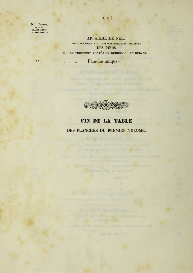 N.,s d’ordre POUR LE CLASSEMENT. 88. . APPAREIL DE NUIT POUR REMÉDIER AÜX DIVERSES POSITIONS VICIEUSES DES PIEDS QUI SE TROUVENT PORTES EN DEHORS OU EN DEDANS» . . s Planche unique* FIN DE LA TABLE DES PLANCHES DU PREMIER VOLUME.