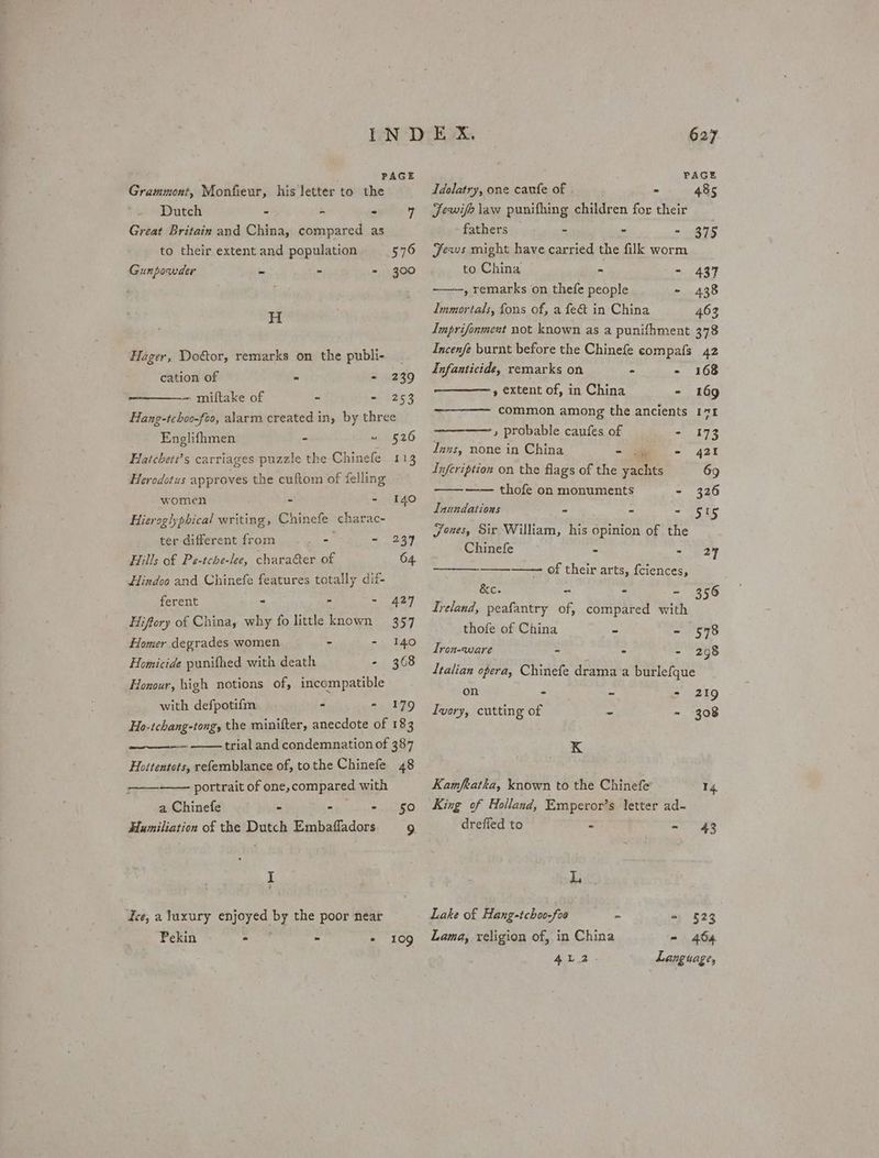 Grammont, Monfieur, his letter to the Dutch - - - 7 Great Britain and China, compared as to their extent and population 576 Gunpowder - - = 300 H Hager, Doétor, remarks on the publi- _ cation of « - 239 -miftake of - - 253 Hang-tchoo-fto, alarm created in, by three Englifhmen ~ ~ 526 Hatcbett’s carriages puzzle the Chinefe 113 Herodotus approves the cuftom of felling women - - 140 Hieroglypbical writing, Chinefe charac- ter different from ata? - 237 Hills of Pe-tche-lee, chara&amp;er of 64. Hindoo and Chinefe features totally dif- ferent - - - 427 Hiftory of China, why fo little known 357 Homer degrades women - - I40 Homicide punifhed with death - 368 Honour, high notions of, incompatible with defpotifm - - 179 Ho-tchang-tong, the minitter, anecdote of 183 trial and condemnation of 387 Hoitentots, refemblance of, tothe Chinefe 48 portrait of one, compared with a Chinefe - bation Humiliation of the Dutch Embafladors 9 ~ ——— t dice, a Juxury enjoyed by the poor near Pekin - > e 109 627 Idolatry, one caufe of . - 485 Fewife jaw punifhing children for their fathers - - - 375 Jews might have carried the filk worm to China - - 437 ——~—, remarks on thefe people - 438 Immortals, fons of, a fe&amp; in China 463 Imprifonment not known as a punifhment 378 Incenfe burnt before the Chinefe compafs 42 Infanticide, remarks on - - 168 » extent of, in China - 169 common among the ancients 171 : » probable caufesof = - 173 Jans, none in China =~ =) «428 Infcription on the flags of the yachts 69 ——— thofe on monuments - 326 Laundations - - “S505 Foues, Sir William, his opinion of the Chinefe - - 27 — of their arts, {ciences, &amp;c. - - - 356 Ireland, peafantry of, compared with thofe of China ~ - 578 Lron-ware - - - 298 Italian opera, Chinefe drama a burlefque on - - 2 219 Ivory, cutting of - - 308 K Kamfeatka, known to the Chinefe 14 King of Holland, Emperor’s letter ad- drefled to - - 43 iL. Lake of Hang-tchoo-foo - = §23 Lama, religion of, in China = 464 4U 2 Language,