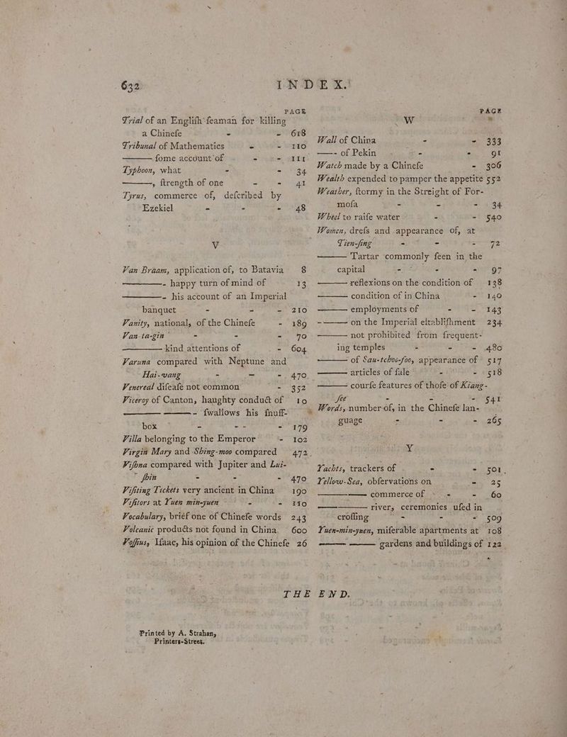 \ PAGE Trial of an Englith*feaman for killing a Chinefe — - - 618 Tribunal of Mathematics a het loo fome account'of - - it Typhoon, what - - 3% , ftrength of one - - 4i Tyrus, commerce of, defcribed by Ezekiel - - - 48 Vv Van Braam, application of, to Batavia 8 —_———- happy turn of mind of 13 - his account of an Imperial banquet - - - 210 Panity, national, of the Chinefe - 189 Van-ta-gin © - - = 7O- kind attentions of - 604 Varuna compared with Neptune and Hai-vang - ~ - 470 Venereal difeafe not eommon rise Viceroy of Canton, haughty condu&amp; of 10 - {waliows his fnuff- box — - “= - 179 Villa belonging to the Emperor - 102 Virgin Mary and Shing-moo compared 472 ¥ifbna compared with Jupiter and Lui- | fein . : - 470 Vifiting Tickets very ancient in China 190 Pifttors at Yuen min-yuen 2 - If0 Vocabulary, brief one of Chinefe words 243 Volcanic products not found in China, 600 Voffius, Wfaac, his opinion of the Chinefe 26 PAGE ‘ m Ww x Wall of China : 25. 343 ——- of Pekin ge in OA Watch made by a Chinefe - 306 Wealth expended to pamper the appetite 552 Weather, ftormy in the Streight of For- mofa - 4 - § 34 Wheel to raife water - - 540 Women, drefs and appearance Of, a Tien-fing - - Peter Tartar commonly feen in the capital aivis - er OF reflexions on the condition of 138 condition of in China -' 140 employments of - =. 143 - on the Imperial eitablifhment 234 not prohibited from frequent- ing temples - - - 480 of Sau-tchos-foo, appearance of 517 articles of fale BES CoS courfe features of thofe of Kiang - fee ~ - I . Words, number of, in the Chinefe lan- guage - - - 265 Y Yachts, trackersof. = - 501 Yellow-Sea, obfervations on fay 25 —— commerce of » -« = 60 —_—— river; ceremonies ufed in crofime 77 - - 509 Yuen-min-ynen, miferable apartments at 108 gardens and buildings of 122 Bs pevcead CUES “ Printed by A. Strahan, Printers-Street.