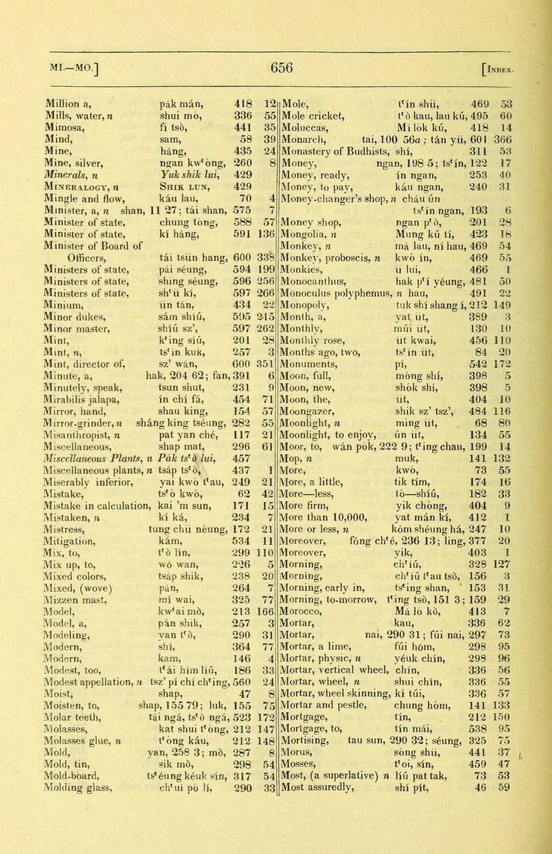 Million a， pak mdn, 418 12 Mole, lcin shii, 469 53 Mills, water, n shui mo, 336 55 Mole cricket, t?6 kau, laa ku, 495 60 Mimosa, fi ts6， 441 35 Moluccas, Mi lok ku, 418 14 Mind, sam, 58 39 Monarch, tai, 100 56a ; t么n yii, 601 366 Mine, hang, 435 24 Monastery of Budhists, shi, 31L 53 Mine, silver, ngan k\veong, 260 8 Money, ngan, 198 5; ts^n, 122 17 Minerals^ n Yuk shilc lui. 429 Money, ready, in ngan, 253 40 Mineralogy, n Shir lun, 429 Money, to pay, kau nffan, 240 31 Mingle and flow, kau ]au, 70 4 Money-changer’s shop, /I chau 6n Minister, a, n shan, 11 27; tia shan, 575 7 ts^n ngan, 193 6 Minister of state. chung tong, 588 57 Money shop, ngan pc5, 201 2S Minister of state, ki hdng, 591 136 Mongolia, n Mung ku ti, 423 18 Minister of Board Monkey, n ma lau, ni hau, 469 54 Officers, tii tsiin hang, 600 338 Monkey, proboscis, n kwo in, 469 55 Ministers of state, pai s6ung, 594 199 Monkies, ii lai, 466 I Ministers of state, shing seung, 596 256 Monocan thus, hak y^unff, 481 50 Ministers of state, shcii ki, 597 266 Monoculus polyphemus, n hau, 491 22 Minium, iin t^n, 434 22 Monopoly, tuk shi shang i, 212 149 Minor dukes, sam shiu, 595 2*15 Month, a, yat iit, 389 3 Minor master, sM6 sz’， 597 262 Monthly, mui iit, 130 10 Mint, k*ing siu, 201 28 Monthly rose, iit kwai, 456 no Mint, n, ts(in kuk, 257 3 Months ago, two, tscin iit, 84 20 Mint, director of, sz9 wan, 600 351 Monuments, Ph 542 172 Minute, a, hak, 204 62; fan, 391 6 Moon, fall, mong shi, 398 5 Minutely, speak, tsun shut, 231 9 Moon, new, shok shi, 398 5 Mirabilis jalapa, in chi fa, 454 71 Moon, the, iit, 404 10 Mirror, hand, shau king, 154 57 Moongazer, shik sz’ tsz’， 484 116 Mirror-grinder, n sh^ng king tseung, 282 55 Moonlight, n ming iit, 68 80 Misanthropist, n pat yan ch6, 117 21 Moonlight, to enjoy, un iit, 134 55 Miscellaneous, shap mat, 296 61 Moor, to, wan pok, 222 9; ^ing chau, 199 14 Miscellaneous Plants, n Pdk ts^ d lui^ 457 Mop, n muk， 141 132 Miscellaneous plants, n tsip tsc6, 437 1 More, kwo, 73 55 Miserably inferior, yai kwo ^au, 249 21 More, a little, tik tim, 174 16 Mistake, ts^ kwo, 62 42 More—less, to—shiu, 182 33 Mistake in calculation, kai ?m sun, 171 15 More firm, yik chong, 404 9 Mistaken, n ki ka, 234 7 More than 10,000, yat man kl, 412 1 M istress, tung chii neung, 172 21 More or less, n k〇m sheung hd, 247 10 Mitigation, kam, 534 11 Moreover, f〇ng chce, 236 13; ling, 377 20 Mix, to, tc6 lin, 299 110 Moreover, yik， 403 1 Mix up, to, w6 wan, 2*26 5 Morning, chciu, 328 127 Mixed colors, tsap shik, 238 20 Morning, chciu ^au tsb, 156 3 Mixed, (wove) Pan, 264 7 Morning, early in, tscing shan, 153 31 Mizzen mast, mi wai, 325 77 Morning, to-morrow, t^ing tsd, 151 3; 159 29 Model, kwcai 213 166 Morocco, Ma 16 kd, 413 7 Model, a, pin shik, 257 3 Mortar, kau, 336 62 Modeling, yan tc6, 290 31 Mortar, nai, 290 31; fui nai, 297 73 Modern, shi, 364 77 Mortar, a lime, fui h6m, 298 95 Modern, kam, 146 4 Mortar, physic, n y6uk chin, 298 96 Modest, too, ai him liu, 186 33 Mortar, vertical wheel, chin, 336 56 Modest appellation, n tsz9 pi chi ch^ing, 560 24 Mortar, wheel, n shui chin, 3:36 55 Moist, shap, 47 8 Mortar, wheel skinning, ki tui, 336 57 Moisten, to, shap, 155 79; luk, 155 75 Mortar and pestle, chung hom, 141 133 Molar teeth, tai nga, tsc 6 nga, 523 172 Mortgage, tin, 212 150 Molasses, kat shui teong, 212 147 Mortgage, to, tin mai, 538 95 Molasses glue, n t*ong kau, 212 148 Mortising, tail sun ,290 32; s6ung, 325 75 Mold， yan, 258 3; md, 287 8 Morus, song shii, 441 37 Mold, tin, sik m6, 298 54 Mosses, tcoi, sin, 459 47 Mold-board, tsf 6u ng keuk sin, 317 54 Most, (a superlative) n Hu pattak, 73 53 Molding glass, chHii po li, 290 33 Most assuredly, shl pit, 46 59