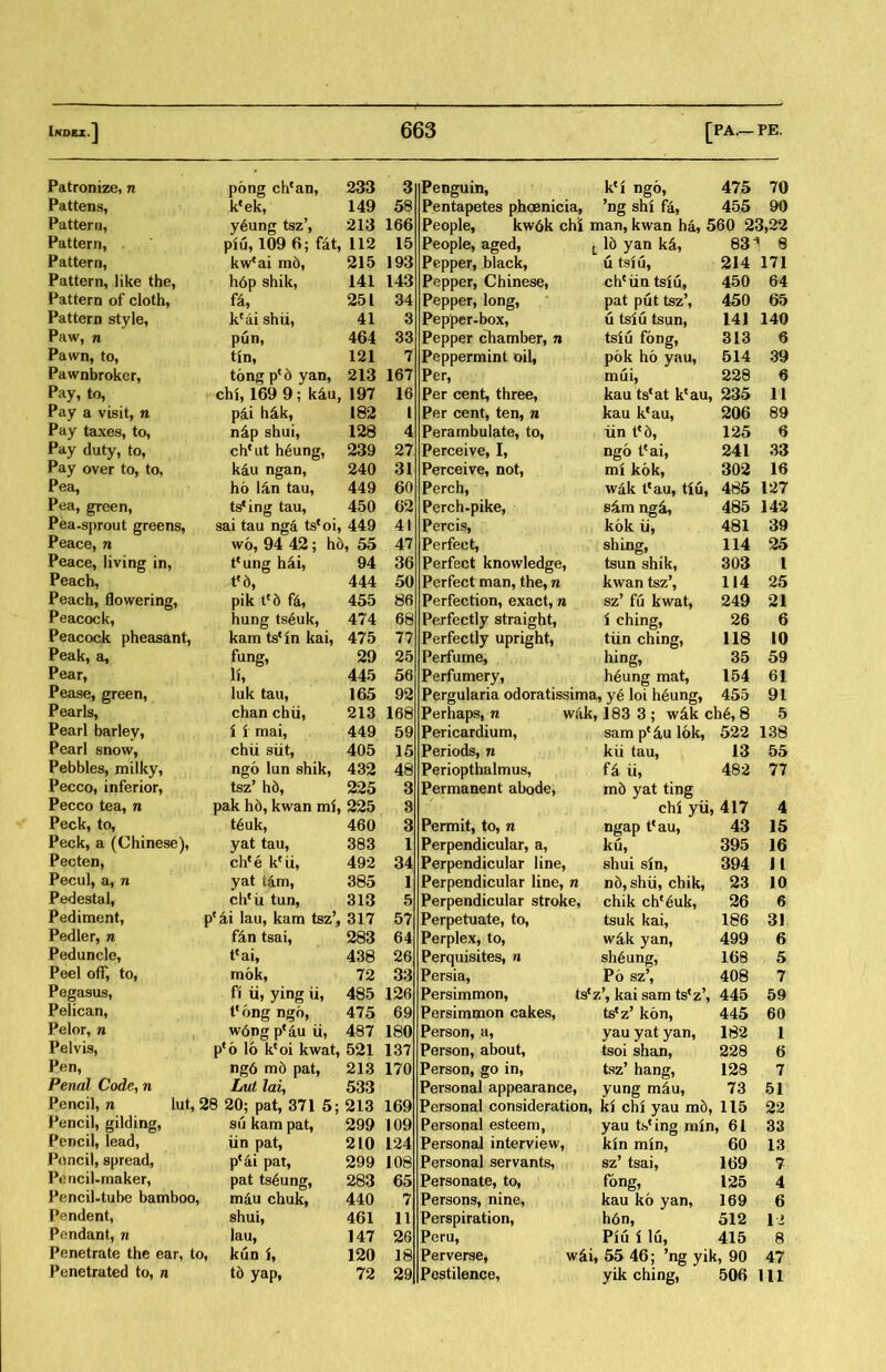 Patronize, n pong c^an, 233 3 Penguin, kci ngo, 475 70 Pattens, kcek, 149 58 Pentapetes phoenicia, ’ng shi f4, 455 90 Pattern, y6ung tsz,, 213 166 People, kw6k chi man, kwan ha, 560 23,22 Pattern,. piu, 109 6; fat, 112 15 People, aged, L 16 yan ki, 83^ 8 Pattern, kwcai m6, 215 193 Pepper, black, u tslu, 214 171 Pattern, like the, h6p shik, 141 143 Pepper, Chinese, chciin tsiu, 450 64 Pattern of cloth, fa, 251 34 Pepper, long, pat put tsz5, 450 65 Pattern style, kcai shii, 41 3 Pepper-box, u tsiu tsun, 14] 140 Paw, n pun, 464 33 Pepper chamber, n tsiu fong, 313 6 Pawn, to, tin, 121 7 Peppermint oil, pok ho yau, 514 39 Pawnbroker, tong pc6 yan, 213 167 Per, mui, 228 6 Pay, to, chi, 169 9; k^u, 197 16 Per cent，three， kau ts* at au, 235 11 Pay a visit, n p4i h4k, 182 l Per cent, ten, n kau kcau, 206 89 Pay taxes, to, nip shui, 128 4 Perambulate, to, iin t*d， 125 6 Pay duty, to, chfut h6ung, 239 27 Perceive, I, ngo teai, 241 33 Pay over to, to, kdu ngan, 240 31 Perceive, not, mi kok, 302 16 Pea, ho 14n tau, 449 60 Perch, wdk ^au, tiu, 485 127 Pea, green, ts*ing tau， 450 62 Perch-pike, sim ng4， 485 142 Pea-sprout greens, sai tau ng4 tscoi, 449 41 Percis, kok ii, 481 39 Peace, n wo, 94 42; h6, 55 47 Perfect, shing, 114 25 Peace, living in, tcung hii, 94 36 Perfect knowledge, tsun shik, 303 1 Peach, 444 50 Perfect man, the, n kwan tsz’， 114 25 Peach, flowering, pik tcd fd， 455 86 Perfection, exact, n szJ fu kwat, 249 21 Peacock, hung ts6uk, 474 68 Perfectly straight, i ching, 26 6 Peacock pheasant, kam tscln kai, 475 77 Perfectly upright, tiin ching, 118 10 Peak, a, fung, 29 25 Perfume, hing， 35 59 Pear, li, 445 56 Perfumery, h^ung mat， 154 61 Pease, green, Ink tau， 165 92 Pergularia odoratissima，y6 loi h6ung, 455 91 Pearls, chan chii, 213 168 Perhaps, n wak, 183 3 ; wik ch6, 8 5 Pearl barley, i 1 mai, 449 59 Pericardium, sam pc 4u lok, 522 138 Pearl snow, chii siit, 405 15 Periods, n kii tau, 13 55 Pebbles, milky, ngo lan shik, 432 48 Periopthalmus, f4 ii, 482 77 Pecco, inferior, tsz’ hd， 225 3 Permanent abode, m6 yat ting Pecco tea, n pak h6, kwan mi, 225 3 chi yii, 417 4 Peck, to, t6uk, 460 3 Permit, to, n ngap tcau, 43 15 Peck, a (Chinese), yat tau, 383 1 Perpendicular, a, ku, 395 16 Pecten, ch*e keii, 492 34 Perpendicular line, shui sin, 394 JL Pecul, a, n yat tdm, 385 1 Perpendicular line, n nd，shii，chik， 23 10 Pedestal, chcu tun, 313 5 Perpendicular stroke, chik chc6uk, 26 6 Pediment, p^ai lau, kam tsz’, 317 57 Perpetuate, to, tsuk kai, 186 31 Pedler, n f《n tsai， 283 64 Perplex, to, w^k yan, 499 6 Peduncle, t{ai. 438 26 Perquisites, n sh^ang, 168 5 Peel off, to, mok, 72 33 Persia, Po sz\ 408 7 Pegasus, ft ii, ying ii, 485 126 Persimmon, ts*z’，kai sam tsfz’，445 59 Pelican, tl6ng ngo, 475 69 Persimmon cakes, tstz, kon, 445 6Q Pelor, n w6ng pc4u ii, 487 180 Person, a, yau vat van. 182 1 Pelvis, pco lo k^oi kwat, 521 137 Person, about, tsoi shan, 228 6 Pen, ng6 m5 pat, 213 170 Person，go in, tV hang, 128 7 Penal Code, n Lut lai. 533 Personal appearance, yunff miu, 73 51 Pencil, n lut, 28 20; pat, 371 5; 213 169 Personal consideration, ki chi yau mb, 115 22 Pencil, gilding， su kam pat, 299 109 Personal esteem, yau min, 61 33 Pencil, lead, iin pat, 210 124 Personal interview, kin min, 60 13 Poncil, spread, pcdi pat, 299 108 Personal servants, sz’ tsai, 169 7 Pencil-maker, pat ts6ung, 283 65 Personate, to, f6ng， 125 4 Pencil-tube bamboo, mau chuk, 440 7 Persons，nine, kau ko yan, 169 6 Pendent, shui, 461 11 Perspiration, h6n, 512 li Pendant, n lau, 147 26 Peru, Piu ilu, 415 8 Penetrate the ear, to, kun 120 18 Perverse， w4i，55 46; ’ng yik，90 47 Penetrated to, n td yap， 72 29 Pestilence, yik ching, 506 111