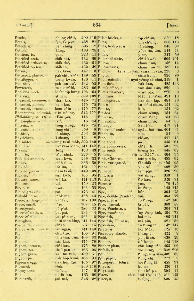 Pestle, chung chcii, 299 Petals, fan, fk pMn, 438 Petechiae, pan ching, 506 Petiole, kang, 438 Petition, to, pan, 223 Petrified crab, shik hai, 432 Petrified orthoceni, shik she, 432 Petrified pecten, // shik in, 432 Petsae, n p^.k ts^oi, 447 Petticoat, plaited, p^k chip kwcan,149 Pettifogger, n tsung kwan, 126 Petuntse, pdk tun tsz’, 432 Pewterers, ti sik sz’ f(3, 283 Phalaena moth, 16 fau tip kung, 495 Pharynx, it hau, 522 Pheasant, common, n shdn kai, 475 Pheasant, golflen, kam kai, 475 Pheasant, peacock. kam tsfin kai, 475 Phenomena, celesti.il, I1 in tseung, 542 Philanthropic丨s,Ofu Yan yan, 116 Philosophers, u tsz’, 16 Phoenix, n fung wong, 475 Phoenix ma.ndntf*, fung chiu, 556 Phthisis, 16 ching, 503 Physicians, i shang, 124 Pia mater, no ts^ung tscui mok, 522 Piano, n pat yam k?am, 141 Piazza, long, 133 Pick, to, tscoi chak, 226 Pickax, chco tcau, 336 Pickled, ts6 im, 161 Picture-frame, wa ka, 141 Pie, a, n kwai, 163 Pie or grackle, pat, 473 Piebald horse, pfok md, 468 Piece, a, (lar^e) yat fUi, 167 Piece, small, l^in, 202 Piece-goods, pd pcat, 280 Piece of cloth, a. \ at pat, 234 Piece of silk, vat D{ln szJ, 263 Pier-glass, chiu shan king, 141 Pierce, to, n chc ap, 57 Pierce with holf*s. to. lau ngan, 141 Pig, chii tiin, 165 Pi?, dixi tsai, tcun, 469 Pigeon, pan kau, 475 Pigeon, browD, ch*! kail, 475 Pigeon, roast, shiu pan kau, 165 Pigeon grass, kaa mi tsc6, 459 Pigeon’s egg, f>ak hop tan, 165 Pigment, shik, 209 Pigmy deer, rheung. 467 Piiau, po 16 f4n, 165 Pile earth, to, pui nai, 346 Piled bricks, n tip chHin, 530 18 Piles, chi chcong, 506 113 Piles, to drive, n ta chong, 346 32 Pill, yeuk iin, tin, 514 41 Pillar, —g, 317 58 Pillars of state, chcii kvvok, 602 401 Pillow, cham tcau, J58 14 Pillow-cases, cham tcau p6, 158 14 Pilot, n tdi shui yan, yan shui yan, 220 3 Pilot, w shau kung, 326 89 Pilot, outside, ngoi y6ung tai shui, 219 1 Pilot fish, hak kdu, 485 143 Pilot’s office, yan shui kun, 220 3 Pilot’s passport, shiin pai, 220 3 Pilumnus, Id fu hai, ts^m, 491 10 Pimelepterus, hak shik 1 么p, 481 29 Pin, n ku ch*ui cham, 154 62 Pin, to, kiu, 154 62 Pin-box, cham s^ung, 154 64 Pin-case, cham t* ung, 154 63 Pin-cushion, cham chin, 154 65 Pinang, San Fau, 419 2B Pincers of crabs, hai ngau, hai kim, 464 34 Pinch, to, nip, 51 9 Pine, chcam, 441 43 Pine apple, po 16, 445 61 Pine compresses, ch^m li, 53 L 22 Pine seeds, ts(ung tsz5, 445 62 Pinions, siu ii,462 17; ii, 464 35 Pink, variegated, f^n shik chuk, 455 95 Pinna, yak tlu, 492 39 Pintles, tfo kau, 326 91 Pipe, jn tcung, 142 145 Pipe, kun, 364 75 Pipe, double Pandean, siu, 364 72 Pipe, fire, n fo tcung, 142 146 Pipe, funeral, 14 pdt, 363 58 Pipe, Pandean, n lut, 364 71 Pipe, wootcung, 5ng t?ung kok, 364 73 Pipe fish, hoi m 含, 485 144 Pipe fish, Chinese, m4 pin, 481 52 Pipe-stem, in tcung tau, 142 147 Pirate, n hoi tscak, 125 10 Piscadore islands, Plang u, 422 8 Pistil, yui, fa su, 438 29 Pitcher, tiu kong, 142 148 ‘ Pitcher plant, chii lung tsc6, 455 96 Pitfalls, n wo kunff, 548 298 Pith, tiling, shii sam,438 30 Pittosporum tobira, hoi tiling fa, 455 97 Pity, a, ho sik, 236 14 Pityriasis, tcau ku pM, 504 41 Place, cli^ii, 143 187; sho, 211 145 Place, a, ti fong, 536 45