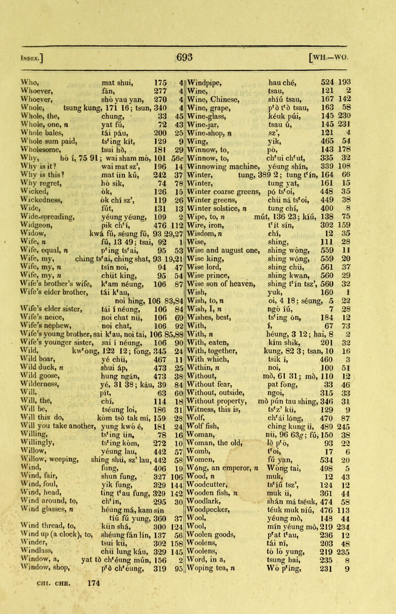 Who, mat shui, 175 4 Whoever, fan, 277 4 Whoever, sho yau yan, 270 4 Whole, tsungkung, 171 16; tsun, 340 4 Whole, the, chung, * 33 45 Whole, one, n yat fu, 72 43 Whole bales, tdi p^u, 200 25 Whole sum paid, tscing kit, 129 9 Wholesome, tsui h5, 181 29 Why, ho i, 75 91; wai sham mo, 101 56c Why is it? wai mat sz’, 196 14 Why is this? mat iin ku, 242 37 Why regret, ho sik, 74 78 Wicked, ok, 126 15 Wickedness, 6kchisz’, 119 26 Wide, fut, 131 13 Wide-spreading, y6ungy6ung, 109 2 Widgeon, pik chci, 476 112 Widow, kw4 fu, s6ung fu, 93 29,27 Wife, n fu, 13 49 ; tsai, 92 1 Wife, equal, n pcing tscai, 95 53 Wife, my, ching tscai, chingshat, 93 19,21 Wife, my, n tsin noi, 94 47 Wife, my, n chiit king, 95 54 Wife’s brother’s wife, k*am n6ung, 106 87 Wife’s eider brother, tki kcau, noi hing, 106 83,84 Wife’s elder sister, tai i n^ung, 106 84 Wife’s neice, noi chat nii, 106 69 Wife’s nephew, noi chat, 106 92 Wife5s young brother, sai kcau, noi tai, 106 85,88 Wife’s younger sister, sai i n6ung, 106 90 Wild, kw^ng, 122 12; fong, 345 24 Wild boar, y6 chii, 467 11 Wild duck, n shui dp, 473 25 Wild goose, hung ngdn, 473 38 Wilderness, y6, 31 38; kdu, 39 84 Will, pit, 63 60 Will, the, chi, 114 18 Will be, ts^ung loi, 186 31 Will this do, kom ts6 tak mi, 159 28 Will you take another, yung kwo 6, 181 24 Willing, tscing iin, 78 16 Willingly, t^ingkom, 272 10 Willow, y^ung lau, 442 57 Willow, weeping, shing shii, sz5 lau, 442 58 wind, fung, 406 19 Wind, fair, shun fung, 327 106 Wind, foul, yik fang, 329 144 Wind, head, ting t«au fung, 329 142 Wind around, to, chcin, 295 30 Wind glasses, n h6ung m&,kam sin tiu fu yung, 360 37 Wind thread, to, kiin shd, 300 124 Wind up (a clock), to, sh6ung fAn lin, 137 56 Winder, tsui kii, 302 158 Windlass, chii lung k^u, 329 145 Window, a, yat t6 chf6ung mun, 156 2 Window, shop, ped ch'eung, 319 95 Windpipe, Wine, Wine, Chinese, Wine, grape, Wine-glass, Wine-jar, Wine-shop, n Wing, Winnow, to, Winnow, to, hau ch4, 524 193 tsau, 121 2 shiu tsau, 167 142 p( 6 tc 6 tsau, 163 58 k6uk pui, 145 230 tsau u, 145 231 sz’, 121 4 yik, 465 54 p6, 143 178 ch* ui ch* ut, 335 32 Winnowing machine, y6ung shin, 339 108 Winter, tung, 389 2; tung t^in, 164 66 Winter, tung yat, 161 15 Winter coarse greens, p〇 tscoi, 448 35 Winter greens, chii na ts^i, 449 38 Winter solstice, n tung chi, 400 8 Wipe, to, n mut, 136 23; ki(3, 138 75 Wire, iron, teit sin, 302 159 Wisdom, n chi, 12 35 Wise, shing, 111 28 Wise and august one, shing wong, 559 11 Wise king, shing w〇ng, 559 20 Wise lord, shing chii, 561 37 Wise prince, shing kwan, 560 29 Wise son of heaven, shing in ts?’, 560 32 Wish, yuk, 160 1 Wish, to, n oi, 4 18; s6ung, 5 22 Wish, I, n ngo iu, 7 28 Wishes, best, ts^ng on, 184 12 With, i, 67 Ti With, n h6ung, 3 12; hai, 8 2 With, eaten, kim shik, 201 32 With, together, kung, 82 3; tsan, l〇 16 With which, tsik i9 460 3 Within, n noi, 100 51 Without, md, 61 31; mb, 110 12 Without fear, pat fong, 33 46 Without, outside, ngoi, 315 33 Without property, m5 pun tau shing, 346 31 Witness, this is, tscz’ kii, 129 9 Wolf, chcai l6ng, 470 87 Wolffish, ching kung ii, 489 245 Woman, nii, 96 63^; fu, 150 38 Woman, the old, 16 pc6, 93 22 Womb, teoi, 17 6 Women, fu yan, 534 20 W6ng, an emperor, n Wong tai, 498 5 Wood, n muk, 12 43 Woodcutter, tsMu tsz?, 124 12 Wooden fish, n muk ii, 361 44 Woodlark, sh4n ma ts6uk, 474 58 Woodpecker, t^ukmukniu, 476 113 Wool, y6ung md, 148 44 Wool, min y^ung mo, 219 234 Woolen goods, pcat tcau, 236 12 Woolens, tdi ni, 203 48 Woolens, to 16 yung, 219 235 Word, in a, tsung hai, 235 8 Woping tea, Wo pcing, 231 9