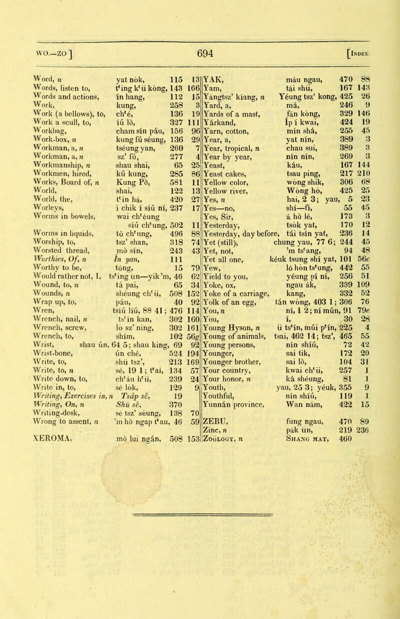 Words, listen to, ^ing k^iikong, 143 Words and actions, in hang, 112 Work, kung， 258 Work (a bellows), to, chc6, 136 Work a scull, to, iu 15, 327 W orkbag, cham sin p4u, 156 W〇rk-box, n kimg fu s6ung, 136 Workman, a, n tseung yan, 260 Workman, a, w Workmanship, n szJ fu, 277 shau shai, 65 Workmen, hired, ku kung, 285 Works, Board of, n Rung Pd, 581 World, shai， 122 World, the, tcin ha, 420 Worleys, l chik i slu nl, 237 Worms in bowels, wai chc6ung Worms in liquids, siu chcung, 502 to chMmg, tsz’ shan， 496 Worship, to, 318 Worsted thread, m6 sin, tn yan、 243 Worthies，Of，n 111 Worthy to be, Would rather not, I, tong, 15 ts^ngim一yik’m, 46 Wound, to, n ta pai， 65 Wounds, n sh^ung chcii, 508 Wrap up, to, p£u, 40 Wren, tsiu llu, 88 41; 476 Wrench, nail, n tscin kan, 302 Wrench, screw, 16 sz’ ning， 302 Wrench, to, shim, 102 VViist, shau un, 64 5; shau king, 69 Wrist-bone, un ch6, 524 Write, to, shii tsz’， 213 Write, to, n se, 19 1; teai, 134 Write down, to, chcau hcii, 239 Write in, to, se lok, 129 Writing, Exercises in, 7 % Tsap se, 19 Writing, On, n Shit s色， 370 Writing-desk, se tsz’ seung， 138 Wrong to assent, n ’m hd ngap t*au, 46 XEROMA, m6 lui ngin, 508 Yam, tdi shii, 167 143 Yangtsz5 kiang, n Y6ung tsz’ kong，425 26 Yard, a, md, 246 9 Yards of a mast, fan kong, 329 146 Ydrkand, Ip i kwai, 424 19 Yarn, cotton, min shi, 255 45 Year，a, yat nln, 389 3 Year, tropical, n chau sui, 389 3 Year by year， nin nin, 269 3 Yeast, kdu, 167 144 Yeast cakes, tsau ping, 217 210 Yellow color, wong shik, 306 68 Yellow river, Wong ho, 425 25 Yes, n hai, 2 3; yau, 5 23 Yes—no, shi—fi, 55 45 Yes, Sir, a h5 169 173 3 Yesterday, tsok yat, 170 12 Yesterday, day before, t《i tsin yat, 236 14 Yet (still), chung yau, 77 6; 244 45 Yet, not, ’m tscang， 94 48 Yet all one, k6uk tsung shi yat, 101 56c Yew, 16 hontseung, 442 55 Yield to you, y6ung pi ni, 256 51 Yoke, ox, ngau ak, 339 109 Yoke of a carriage ， kang, 332 52 Yolk of an egg, You,n You, Young Hyson, n Young of animals, Young persons, Younger, Younger brother, Your country, Your honor, n Youth, Youthful, Yunnin province, ZEBU, Zinc, n Zoology, n tan wong, 403 1; 306 76 ni, 1 2; ni mun, 91 79e i， 30 2S ii tscin, mui pcin, 225 4 tsai, 462 14; tsz\ 465 55 nln shiu, 72 42 sai tik， 172 20 sai 16, 104 31 kwai chcii, 257 1 k^, sheung, 81 1 yau, 25 3; yeuk, 355 9 nin shiu, 119 1 Wan nam, 422 15 fung ngau, 470 89 pak iin, 219 236 Shang mat, 460 WO.—ZO ] 694 [Index. 3653916974561377 16 1 119 2 8 1 1 2 1 18 4 3 18 7 4 92422401 ^52 4 9 7 4 76359166699652 1 1115 1 0 9 3 7 5 5
