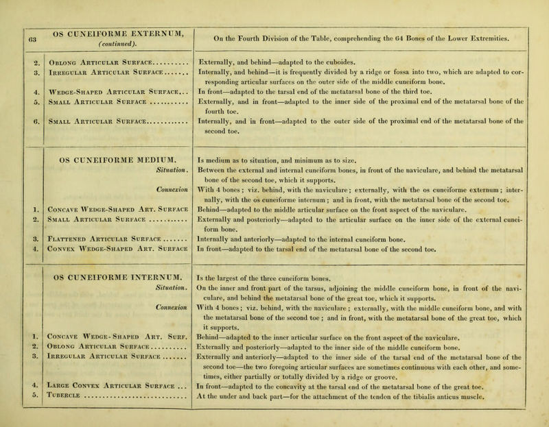 (53 ( continued ). On the Fourth Division of the Table, comprehending the (54 Bones of the Lower Extremities. 2. Oblong Articular Surface Externally, and behind—adapted to the cuboides. 3. Irregular Articular Surface Internally, and behind—it is frequently divided by a ridge or fossa into two, which are adapted to cor- responding articular surfaces on the outer side of the middle cuneiform bone. 4. Wedge-Shaped Articular Surface... In front—adapted to the tarsal end of the metatarsal bone of the third toe. 5. Small Articular Surface Externally, and in front—adapted to the inner side of the proximal end of the metatarsal bone of the fourth toe. 6. Small Articular Surface Internally, and in front—adapted to the outer side of the proximal end of the metatarsal bone of the second toe. OS CUNEIFORME MEDIUM. Is medium as to situation, and minimum as to size. Situation. Between the external and internal cuneiform bones, in front of the naviculare, and behind the metatarsal bone of the second toe, which it supports. Connexion With 4 bones ; viz. behind, with the naviculare; externally, with the os cuneiforme externum; inter- nally, with the os cuneiforme internum; and in front, with the metatarsal bone of the second toe. 1. Concave Wedge-Shaped Art. Surface Behind—adapted to the middle articular surface on the front aspect of the naviculare. 2. Small Articular Surface Externally and posteriorly—adapted to the articular surface on the inner side of the external cunei- form bone. 3. Flattened Articular Surface Internally and anteriorly—adapted to the internal cuneiform bone. 4. Convex Wedge-Shaped Art. Surface In front—adapted to the tarsal end of the metatarsal bone of the second toe. OS CUNEIFORME INTERNUM. Is the largest of the three cuneiform bones. Situation. On the inner and front part of the tarsus, adjoining the middle cuneiform bone, in front of the navi- culare, and behind the metatarsal bone of the great toe, which it supports. Connexion With 4 bones; viz. behind, with the naviculare ; externally, with the middle cuneiform bone, and with the metatarsal bone of the second toe ; and in front, with the metatarsal bone of the great toe, which it supports. 1. Concave Wedge-Shaped Art. Surf. Behind—adapted to the inner articular surface on the front aspect of the naviculare. 2. Oblong Articular Surface Externally and posteriorly—adapted to the inner side of the middle cuneiform bone. 3. Irregular Articular Surface Externally and anteriorly—adapted to the inner side of the tarsal end of the metatarsal bone of the second toe—the two foregoing articular surfaces are sometimes continuous with each other, and some- times, either partially or totally divided by a ridge or groove. 4. Large Convex Articular Surface ... In front—adapted to the concavity at the tarsal end of the metatarsal bone of the great toe. 5. Tubercle At the under and back part—for the attachment of the tendon of the tibialis anticus muscle.