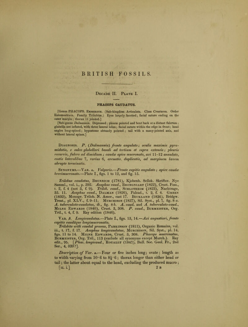 Decade II. Plate I. PHACOPS CAUDATUS. [Genus PHACOPS. Emmerich. (Sub-kingdom Articulata. Class Crustacea. Order Entomostraca. Family Trilobitae.) Eyes largely facetted; facial suture ending on the outer margin ; thorax 11 jointed.] [Sub-genus Dalmannia. Depressed ; pleurae pointed and bent back at a distant fulcrum ; glabella not inflated, with three lateral lobes; facial suture within the edge in front; head angles long-spined; hypostome obtusely pointed ; tail with a many-jointed axis, and without lateral spines.] Diagnosis. P. (Dalmannia) fronte angulato; oculis maximis pyra- midatis, e sulco glabellari basali ad tertium et supra extensis; pleuris recur vis, fulcro ad dimidium ; caudce apice mucronato, axi 11-12 annulato, costis laieralibus 7, rarius 6, arcuatis, duplicatis, ad marginem Icevem abrupte terminatis. Synonyms.—Var. a. Vulgaris.—Fronte capitis angulato ; apice caudce brevimucronato.—Plate I., figs. 1 to 12, and fig. 15. Trilobus caudatus, Brunnich (1781), Kjobenh. Sellsk. Skrifter. Nye Samml., vol. i., p. 392. Asaphus caud., Brongniart (1822), Crust. Foss., t. 2, f. 4 (not 3, f. 9). Trilob. caud., Schlotheim (1823), Nachtrage, 35. 11. Asaphus caud., Dalman (1826), Palead., t. 2, f. 4. Green (1832), Monogr. Trilob. N. Amer., cast 17. Buckland (1836), Bridgw. Treat., pi. XLY., f. 9-11. Murchison (1837), Sil. Syst., pi. 7, fig. 8 a. A. tuberculato-caudatus, ib., fig. 8 5. A. caud. and A. tuberculato-caud., Milne Edwards (1840), Crust. 3, 308. P. caud., Burmeister, Org. Tril., t. 4, f. 9. Ray edition (1846). Var. fi. Longicaudatus.—Plate I., figs. 13, 14.—Axi angustiori, fronte capitis caudaque longimucronatis. Trilobite with caudal process, Parkinson (1811), Organic Remains, vol. iii., t. 17, f. 17. Asaphus longicaudatus, Murchison, Sil. Syst., pi. 14, figs. 11 to 14. Milne Edwards, Crust. 3, 308. Phacops mucronatus, Burmeister, Org. Tril., 113 (exclude all synonyms except Murch.). Ray edit., 95. \_Phac. longicaud., Rouallt (1847), Bull. Soc. Geol. Fr., 2nd Ser., 4, 320?]. Description of Var. a.-—Four or five inches long; ovate; length as to width varying from 10 • 6 to 8^*6; thorax longer than either head or tail; the latter about equal to the head, excluding the produced mucro ;