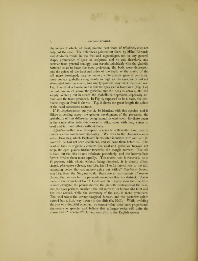 characters of which, at least, imitate best those of trilobites, does not help out the case. The differences pointed out there by Milne Edwards and Audouin reside in the feet and appendages, not in any general shape, prominence of eyes, or sculpture, and we can, therefore, only surmise from general analogy, that certain individuals with the glabella flattened so as to leave the eyes projecting, the body more depressed, and the spines of the front and sides of the head, or the mucro of the tail more developed, may be males; while greater general convexity, more convex glabella rising nearly as high as the eyes, and a tail not attenuated into the mucro, but simply pointed, may mark the other sex. Fig. 1 we think a female, and in this the eyes seen in front view (Fig. 1 a) do not rise much above the glabella, and the body is convex, the tail simply pointed; but in others the glabella is depressed, especially be- hind, and the front produced. In Fig. 9, supposed to be a male, the pro- duced angular front is shown. Fig. 8 shows the great length the spines of the head sometimes assume. If P. loncjicaudatus, our var. (2, be identical with this species, and it differs in nothing except the greater development of the processes, the probability of this difference being sexual is confirmed, for there occur in the same slabs individuals exactly alike, some with long spines to head and tail, and others without them. Affinities.—But one European species is sufficiently like ours to render a close comparison necessary. We refer to the Asaplius mucro- natus (Brongn.), which Professor Burmeister identifies with our var. /3; however, he had not seen specimens, and we have them before us. The head of that is regularly convex, the axal and glabellar furrows not deep, the eyes placed further forwards, the margin narrow. The tail is like, but the ribs do not imbricate posteriorly, and the intermediate furrow divides them more equally. The mucro, too, is recurved, as in P. proevus, with which, without being identical, it is closely allied. Asaph, pleuroptyx (Green, cast 18), has 11 or 12 lateral ribs to the tail, extending below the very narrow axis; but with P limulurus (Green, cast 16), from the Niagara shale, there are so many points of resem- blance, that we can hardly persuade ourselves they are distinct. Speci- mens in the cabinets of Sir C. Lyell and Dr. Bigsby show that the form is more elongate, the pleurae shorter, the glabella contracted at the base, and the eyes perhaps smaller; the tail narrow, its lateral ribs faint and but little arched, while the extremity of the axis is more prominent. The head wants the strong marginal furrow, and the posterior spines extend but a little way down (to the fifth rib, Hall). While avoiding the risk of a doubtful synonym, we cannot value these mere proportional characters as specific, and believe that a larger series will unite the above and P. Wetherilli (Green, cast 20), to the English species.