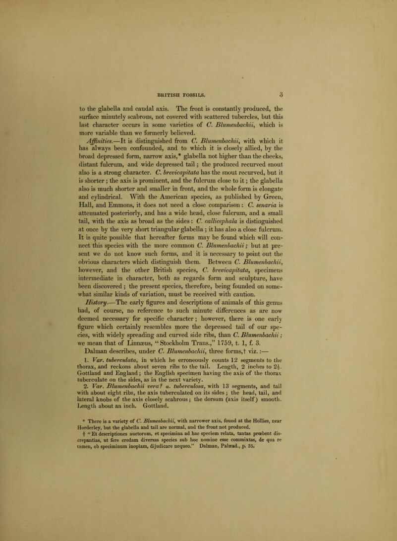 to the glabella and caudal axis. The front is constantly produced, the surface minutely scabrous, not covered with scattered tubercles, but this last character occurs in some varieties of C. Blumenbachii, which is more variable than we formerly believed. Affinities.—It is distinguished from C. Blumenbachii, with which it has always been confounded, and to which it is closely allied, by the broad depressed form, narrow axis,* glabella not higher than the cheeks, distant fulcrum, and wide depressed tail; the produced recurved snout also is a strong character. C. brevicapitata has the snout recurved, but it is shorter ; the axis is prominent, and the fulcrum close to it; the glabella also is much shorter and smaller in front, and the whole form is elongate and cylindrical. With the American species, as published by Green, Hall, and Emmons, it does not need a close comparison: C. senaria is attenuated posteriorly, and has a wide head, close fulcrum, and a small tail, with the axis as broad as the sides: C. callicephala is distinguished at once by the very short triangular glabella; it has also a close fulcrum. It is quite possible that hereafter forms may be found which will con- nect this species with the more common C. Blumenbachii; but at pre- sent we do not know such forms, and it is necessary to point out the obvious characters which distinguish them. Between C. Blumenbachii, however, and the other British species, C. brevicapitata, specimens intermediate in character, both as regards form and sculpture, have been discovered ; the present species, therefore, being founded on some- what similar kinds of variation, must be received with caution. History.—The early figures and descriptions of animals of this genus had, of course, no reference to such minute differences as are now deemed necessary for specific character; however, there is one early figure which certainly resembles more the depressed tail of our spe- cies, with widely spreading and curved side ribs, than C. Blumenbachii; we mean that of Linnaeus, “Stockholm Trans.,” 1759, t. 1, f. 3. Dalman describes, under C. Blumenbachii, three forms,! viz.:— 1. Var. tuberculata, in which he erroneously counts 12 segments to the thorax, and reckons about seven ribs to the tail. Length, 2 inches to 2^. Gottland and England; the English specimen having the axis of the thorax tuberculate on the sides, as in the next variety. 2. Var. Blumenbachii veral a. tuberculosa, with 13 segments, and tail with about eight ribs, the axis tuberculated on its sides ; the head, tail, and lateral knobs of the axis closely scabrous; the dorsum (axis itself) smooth. Length about an inch. Gottland. * There is a variety of C. Blumenbachii, with narrower axis, found at the Hollies, near Horderley, but the glabella and tail are normal, and the front not produced. •j- “ Et descriptiones auctorum, et specimina ad hac speciem relata, tantas prcebent dis- crepantias, ut fere credam diversas species sub hoc nomine esse commixtas, de qua re tamen, ob speciminum inopiam, dijudicare nequeo.” Dalman, Palsead., p. 35.