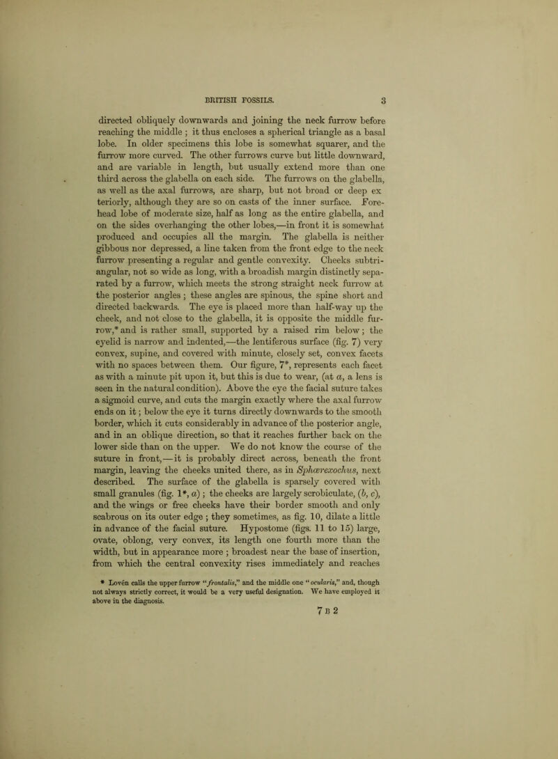 directed obliquely downwards and joining the neck furrow before reaching the middle ; it thus encloses a spherical triangle as a basal lobe. In older specimens this lobe is somewhat squarer, and the furrow more curved. The other furrows curve but little downward, and are variable in length, but usually extend more than one third across the glabella on each side. The furrows on the glabella, as well as the axal furrows, are sharp, but not broad or deep ex teriorly, although they are so on casts of the inner surface. Fore- head lobe of moderate size, half as long as the entire glabella, and on the sides overhanging the other lobes,—in front it is somewhat produced and occupies all the margin. The glabella is neither gibbous nor depressed, a line taken from the front edge to the neck fuiTOw presenting a regular and gentle convexity. Cheeks sub tri- angular, not so wide as long, with a broadish margin distinctly sepa- rated by a furrowT, which meets the strong straight neck furrow at the posterior angles ; these angles are spinous, the spine short and directed backwards. The eye is placed more than half-way up the cheek, and not close to the glabella, it is opposite the middle fur- row,* and is rather small, supported by a raised rim below; the eyelid is narrow and indented,—the lentiferous surface (fig. 7) very convex, supine, and covered with minute, closely set, convex facets with no spaces between them. Our figure, 7*, represents each facet as with a minute pit upon it, but this is due to wear, (at a, a lens is seen in the natural condition). Above the eye the facial suture takes a sigmoid curve, and cuts the margin exactly where the axal furrow ends on it; below the eye it turns directly downwards to the smooth border, which it cuts considerably in advance of the posterior angle, and in an oblique direction, so that it reaches further back on the lower side than on the upper. We do not know the course of the suture in front,—it is probably direct across, beneath the front margin, leaving the cheeks united there, as in Sphcerexochus, next described. The surface of the glabella is sparsely covered with small granules (fig. 1*, a) ; the cheeks are largely scrobiculate, ([b, c), and the wings or free cheeks have their border smooth and only scabrous on its outer edge ; they sometimes, as fig. 10, dilate a little in advance of the facial suture. Hypostome (figs. 11 to 15) large, ovate, oblong, very convex, its length one fourth more than the width, but in appearance more ; broadest near the base of insertion, from which the central convexity rises immediately and reaches * Loven calls the upper furrow “ frontalisand the middle one “ ocularis,” and, though not always strictly correct, it would be a very useful designation. We have employed it above in the diagnosis. 7 B 2