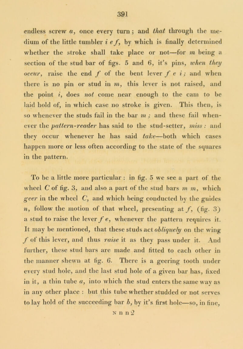 endless screw a, once every turn ; and that through the me- dium of the little tumbler i e f, by which is finally determined whether the stroke shall take place or not—for m being a section of the stud bar of figs. 5 and 6, it’s pins, when they occur, raise the end f of the bent lever f e i; and when there is no pin or stud in m, this lever is not raised, and the point i, does not come near enough to the cam to be laid hold of, in which case no stroke is given. This then , is so whenever the studs fail in the bar m ; and these fail when- ever the pattern-reader has said to the stud-setter, miss : and they occur whenever he has said take—both which cases happen more or less often according to the state of the squares in the pattern. To be a little more particular : in fig. 5 we see a part of the wheel C of fig. 3, and also a part of the stud bars m m, which geer in the wheel C, and which being conducted by the guides n, follow^ the motion of that wheel, presenting at f, (fig. 3) a stud to raise the lever f e, whenever the pattern requires it. It may be mentioned, that these studs act obliquely on the wing f of this lever, and thus raise it as they pass under it. And further, these stud bars are made and fitted to each other in the manner shewn at fig. 6. There is a geering tooth under every stud hole, and the last stud hole of a given bar has, fixed in it, a thin tube a, into which the stud enters the same way as in any other place : but this tube whether studded or not serves to lay hold of the succeeding bar b, by it's first hole—so, in fine,