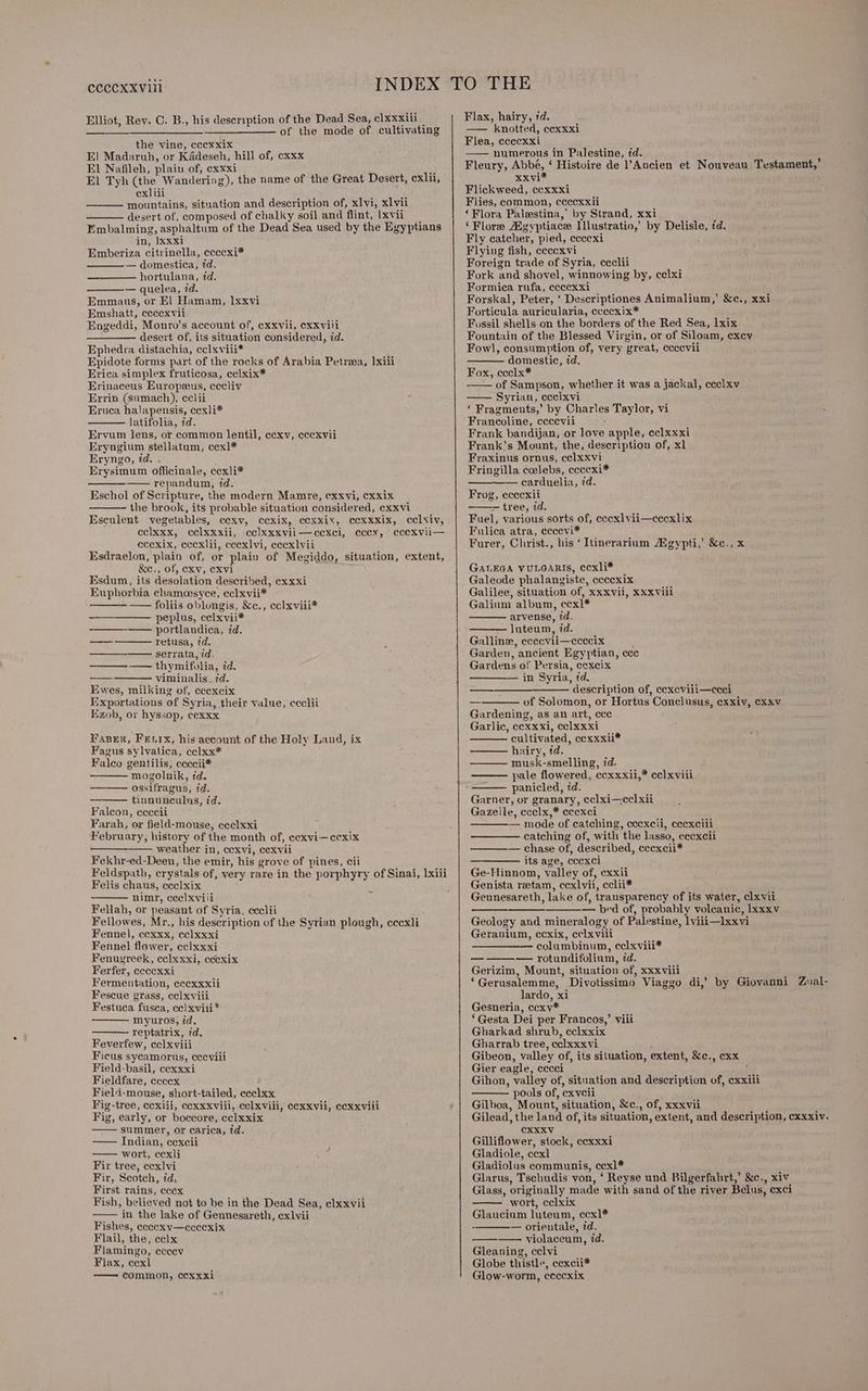 CCCCXXVIii- INDEX Elliot, Rev. C. B., his description of the Dead Sea, clxxxiii SSS of the mode of cultivating the vine, ccexxix El Madaruh, or Kadeseh, hill of, exxx El Nafileh, plain of, cxxxi * El Tyh (the Wandering), the name of the Great Desert, exlii, exliii mountains, situation and description of, xlvi, xlvii desert of, composed of chalky soil and flint, Ixvii Embalming, asphaltum of the Dead Sea used by the Egyptians in, J)xxxi Emberiza citrinella, ececxi* — domestica, itd. —_—— hortulana, éd. — quelea, id. Emmaus, or El Hamam, 1lxxvi Emshatt, cecexvii Engeddi, Monro’s account of, exxvii, exxvili desert of, its situation considered, id. Ephedra distachia, eclxvili* Epidote forms part of the rocks of Arabia Petraea, ]xiii Erica simplex fruticosa, cclxix* Erinaceus Europeus, cecliv Errin (sumach), eclii Eruca halapensis, ecxli* latifolia, id. Ervum lens, or common lentil, cexv, cccxvii Eryngium stellatum, ccxl* Eryngo, td, . Erysimum officinale, ccxli* ——_——-_ repandum, id. Eschol of Scripture, the modern Mamre, cxxvi, cxxix the brook, its probable situation considered, exxvi Esculent vegetables, cexv, cexix, ccxxix, ccxxxix, cclviv, cclxxx, celxxxii, cclxxxvii—ccxci, ecex, cccxvii— ecexix, eccxlii, ceexlvi, ecexlvii Esdraelon, plain of, or plaiv of Megiddo, situation, extent, &amp;e., of, exv, CXvi Esdum, its desolation described, exxxi Euphorbia chameesyce, eclxvii* ———— —— foliis oblongis, &amp;e., eclxviii* ——_———_ peplus, cclxvii* ——_——_'portlandica; 4d. retusa, td. serrata, id. —— thymifolia, id. viminalis, id. Ewes, milking of, ecexcix Exportations of Syria, their value, ceclii izob, or hyssop, cexxx Faser, Fevrx, his account of the Holy Land, ix Fagus sylvatica, cclxx* Falco gentilis, ceccii* mogolnik, id. —— ossifragus, id. tinnunculns, id. Falcon, ccccii Farah, or field-mouse, ceclxxi February, history of the month of, eexvi—ccxix weather in, cexvi, cexvii Fekhr-ed-Deen, the emir, his grove of pines, cii Feldspath, crystals of, very rare in the porphyry of Sinai, lxiii Felis chaus, cce]lxix nimr, ceelxviii Fellah, or peasant of Syria, ceclii Fellowes, Mr., his description of the Syrian plough, cccxli Fennel, cexxx, celxxxi Fennel flower, cclxxxi Fenugreek, celxxxi, cccxix Ferfer, ccccxxi Fermentation, eecxxxii Fescue grass, celxviii Festuca fusca, ec) xviii * myuros, id, reptatrix, id, Feverfew, cclxviii Ficus sycamorus, cccvili Field-basil, cexxxi Fieldfare, ececx Field-mouse, short-tailed, ecclxx Fig-tree, ccxiii, cexxxvili, ecelxviii, cexxvii, cexxvili Fig, early, or boccore, ccelxxix summer, or carica, id. — Indian, cexcii — wort, cexli Fir tree, ecxlvi Fir, Scotch, id, First rains, ecex Fish, believed not to be in the Dead Sea, elxxvii in the lake of Gennesareth, exlvii Fishes, eceexy—eccexix Flail, the, celx Flamingo, eceev Flax, ecxl — common, cexxxi Flax, hairy, td. —— knotted, ceexxxi Flea, ceecxxi — numerous in Palestine, td. xxvi* Flickweed, ccxxxi Flies, common, ccecxxii ‘Flora Palestina,’ by Strand, xxi ‘Flore Agyptiace Illustratio,’ by Delisle, td. Fly catcher, pied, ececxi Flying fish, ecccxvi Foreign trade of Syria, ecclii Fork and shovel, winnowing by, celxi Formica rufa, ecccxxi ; Forskal, Peter, ‘ Descriptiones Animalium,’ &amp;c., xxi Forticula auricularia, ccecxix* Fossil shells on the borders of the Red Sea, Ixix Fountain of the Blessed Virgin, or of Siloam, excv Fowl, consumption of, very great, cccevii domestic, id. Fox, ccclx* of Sampson, whether it was a jackal, ccclxv Syrian, ecclxvi ‘ Fragments,’ by Charles Taylor, vi Francoline, cecevii Frank bandijan, or love apple, cclxxxi Frank’s Mount, the, description of, xl Fraxinus ornus, celxxvi Fringilla coelebs, ececxi* — carduelia, id. Frog, ececxii — tree, id. Fuel, various sorts of, ecexlvii—eecxlix Fulica atra, eeecvi* Furer, Christ., his ‘Itinerarium Hgypti,’ &amp;c., x GALEGA VULGARIS, ecxli* Galeode phalangiste, ccccxix Galilee, situation of, xxxvii, xxxviii Galium album, ccxl* arvense, id. luteum, id. Galline, ececvii—ececix Garden, ancient Egyptian, ccc Gardens of Persia, eexcix ——— in Syria, td. description of, eexcviii—ccci —— of Solomon, or Hortus Conclusus, exxiv, cxxv Gardening, as an art, cce Garlic, ecxxxi, cc]lxxxi cultivated, ccxxxii* ——_ huairy, td. musk-smelling, 7d. pale flowered, ccxxxli,* celxviii ——— panicled, td. Garner, or granary, cclxi—ccl xii Gazelle, ecclx,* ccexci — mode of catching, cecxcii, cecxcili catching of, with the lasso, eecxcii — chase of, described, cecxcii* its age, eccxci Ge-Hinnom, valley of, cxxii Genista raetam, ccxlvii, cclii* Gennesareth, lake of, transparency of its water, clxvii ——__—_——_— bed of, probably volcanic, lxxxv Geology and mineralogy of Palestine, lviii—lxxvi Geranium, ccxix, cclxvili columbinum, eclxviii* — rotundifolium, id. Gerizim, Mount, situation of, xxxviii ‘Gerusalemme, Divotissimo Viaggo di,’ by Giovanni lardo, xi Gesneria, ccxv* ‘Gesta Dei per Francos,’ viii Gharkad shrub, cclxxix Gharrab tree, cclxxxvi P Gibeon, valley of, its situation, extent, &amp;c., cxx Gier eagle, eccci : Gihon, valley of, situation and description of, exxiii pools of, cxveii Gilboa, Mount, situation, &amp;c., of, xxxvii Zual- CXXXV Gilliflower, stock, ccxxxi Gladiole, ccxl Gladiolus communis, ccxl* Glarus, Tschudis von, ‘ Reyse und Bilgerfahrt,’ &amp;c., xiv Glass, originally made with sand of the river Belus, exci wort, cclxix Glaucinm luteum, ccxl* -———— orientale, id. violaceum, id. Gleaning, cclvi Globe thistle, cexcii* Glow-worm, ccccxix