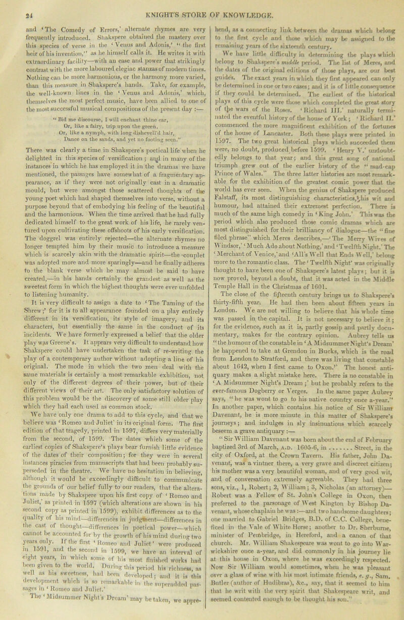 and ‘Tlie Comedy of Krrors,’ nllnnmlc rliymcs arc very frequenlly iiilroduceil. Sliakspere ulilained (lie innutcry over tills species of verse in the ‘ \ emis and Adonis,’ tlie tirsl heir of his invention, lus he hitnsclf calls it. He writes it with extraordinary facility—with an ease and ]iowcr that strikingly contrast with the more lahonred elegiac stanzas of modern times. Nothing can be more harmonious, or the harmony more varied, than this measure iu Shakspere's hands. Take, for example, the well-known lines in the ‘ Venus and Adonis,' which, themselves the most perfect music, have been allied to one of the most successful musical compositions of ihc present day :— “ Bid me discourse, I will enchant thine ear. Or, like a fairy, trip upon the green, Or, like a nymph, with long disheveU'd hair. Dance on the sands, and yet no footing seen. There was clearly a time in Shakspere's poetical life when he delighted in this species of versilication ; nqil iu many of the instances iu which he has employed it in the dramas we have mentioned, the passages have somewhat of a fragmentary ap- |iearance, as if they were not originally cast in a dramatic mould, but were amongst those scattered thoughts of the young poet which had shaped themselves into verse, without a purpose beyond that of embodying his feeling of the beautiful and the harmonious. 'When the time arrived that he had fully dedicated himself to the great work of his life, he rarely ven- tured upon cultivating these offshoots of his early versification. The doggrel was entirely rejected—the alternate rhymes no longer templed him by their music to introduce a measure which is scarcely akin with the dramatic spirit—the -couplet was adopted more and more sparingly—and he finally adheres to the blank verse which he may almost be said to have created,—in his hands certainly the grandest as well as the sweetest form in which the highest thoughts were ever unfolded to listening humanity. It is very difficult to assign a date to ‘The Taming of the Slirew;’ for it is to all appearance founded on a play entirely diff’erent in its versification, its style of imagery, and its characters, hut essentially the same in the conduct of its incidents. We have formerly expressed a belief that the older play was Greene’s. It ap[)ears very difficult to understand how Shakspere could have undertaken the task of re-writing the play of a contemporary author without adopting a line of his original. The mode in which the two men deal with the same materials is certainly a most remarkable exhibition, not only of the different degrees of their power, but of their difl’erent views of their art. The only satisfactory solution of this problem would be the discovery of some still older play which they had each used as common stock. We have only one drama to add to this cycle, and that we believe was ‘ Romeo and Juliet' iu its original form. The first edition of that tragedy, jirinted in 1.597, differs very-materially from the second, of 1599. Tlie dates which some of the earliest copies of .Shakspere’s plays bear furnish little evidence of the dates of their composition; for they were in several instances piracies from manuscripts that had been probably su- jierseded ill the theatre. We have no hesitation in believing, although it would he exceedingly difficult to communicate the grounds of our belief fully to our readers, that the altera- tions made by .Shaks[iere upon his first cojiy of ‘ Romeo and Juliet, as printed in 1597 (which alterations are shown in his second copy as printed in 1599), exhibit diff'erences as to the (piality of his mind—differences in judgment—diff'erences in Ihc cast of thought—differences in ])oelical power—which cannot he accounted for by (ho growth of his mind during two years only. If (he first ‘Romeo and Juliet’ were producerl in 1591, and (he second in l.'Mtg, „.e have an interval of eight years, m which some of hi, most finished work, had been given to the world. During this period his richne«i, ns well as his swediie.,,, had Ik-oii developed; and it is (his development which is so remarkable in the siiiwraddiMl p,i,- sages 111 * Uomca ami .luliel.’ * The ‘.Midsummer Night's Dream' may betaken, we appre- hend, as a coiiiiectiiig link Ix-tween the dramas which lieloiig to (lie first cycle and (hose w'liich may be assigned to the reinaiiiiiig years of (he sixteenth century. We have little difficulty in determining the plays which belong to .Shaksjx-re's rmchUf jieriod. The list of Jleres, and (ho dates of the original eilitions of those plays, are our best guides. The exact years in which (iiey first ap|ieared can only be determined in one or two cases; and it is of little consequenc.e it they canild lie determined. Tlie earliest of tlie historical |ihays of this cycle were those which completed the great story of t|ic wars of the Ruses. ‘ Ricliard HI.' naturally termi- nated the eventful history of the house of York ; ‘ Ricliard II.’ commenced the more magnificent exhibition of tlie fortunes of the house of I-ancaster. Roth these plays were jirinted in 1-597. Tlie two great historical plays which succetxled them were, no doubt, produced before 1599. ‘ Henry V.’ undoubt- edly Udoiigs to that year; and this great song of national triumph grew out of the earlier history of tlie “ mad-cap Prince of Wales.’’ The three latter histories are most remark- able for the exhibition of tlie greatest comic jxiwer that tlie world has ever seen. 'When tlie genius of Sliakspere produced Falstaff, its most distinguishing cliaracteristics,^his wit and humour, had attained their eitremest perfection. Tliere is much of the same high comedy in ‘King John.’ Tliiswas the period which also produced those comic dramas which are most distinguished for their brilliancy of dialogue—the “fine filed phrase” which Meres describes,—‘Tlie Merry Wires of JV indsor,’ ‘ Much Ado about Nothing,' and ‘ Twelfth Niglit.' Tlie ‘ Jlerchant of 5'enice,'and ‘All's Well tliat Ends Well,' belong more to the romantic class. The ‘ Twelfth Night’ was originally thought to have been one of Shakspere's latest plays; but it is now proved, beyond a doubt, tliat it was acted in the Middle Temple Hall in the Christmas of 1601. The close of the fijleeiith century brings us to Shakspere's thirty-fifth year. He had then lieen about fifteen years in London. We are not willing to believe tliat his whole time was iiassed in the capital. It is not necessary to believe it; for the evidence, such as it is, partly gossip and partly docu- mentary, makes for the contrary opinion. Aubrey tells us “the humour of the constable in ‘ A M Idsummer N ight’s Dream’ he happened to take at Grendon iu Bucks, which is the road from London to Stratford, aud there was living that constable about 1642, when I first came to Oxon.’' The honest anti- quary makes a slight mistake here. There is no constable in ‘A Midsummer Night’s Dream ;' but he probably refers to the ever-famous Dogberry or 'Verges. In the same paper Aubrey says, “ he was wont to go to his native country once a-year.'’ Ill another paper, which contains his notice of Sir IVilliant Davenant, he is more minute in this m.atter of Shakspere’s journeys; and indulges iu sly insinuations which scarcely beseem a grave antiquary :— “ .Sir I\ illiam Davenant was bom about the end of February baptized 3rd of March, a.d. 1605-6, in Street, in the city of Oxford, at the Crown Tavern. His father, John Da- venantj was a vintner theie, a very grave and discreet citizen; his mother was a very beautiful woman, and of very good wit, and of conversation extremely agreeable. They had three sons, viz., 1, Robert; 2, M'illiam; 3, Nicholas (an attorney)— Robert was a Fellow of St. John's College in Oxon, then preferred to the jiarsoiiage of M'est Kington by Bishop Da- venaiit, whosecliaplaiii he was:—and two handsome daiigliters; one married to Gabriel Bridges, B.D. of C.C. College, beiie- liced in the Vale of White Horse; anotlier to Dr. Sherbunie mini.s(er of I’citibridge, iu HcrefonI, and a canon of (hat church. Mr. M'illiam .Shakespeare was wont to go into M'ar- wickshiro once a-year, and did commonly in his journey lie at (his house in Oxon, where he was exceedingly resjiectcd. Now .Sir IVilliam would sometimes, when he was pleasant over a ghass of wine with his most intimate friends, e. ,g., Sam. Butler (author of Hudihr.-is), Ac., s.iy, that it seemed to him that he writ with the very spirit that Shakespeare writ, and seemed contented c-iuiigh to be thought his sou.