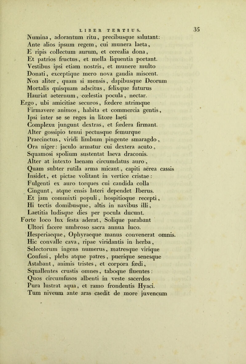 Numina, adorantum ritu, precibusque salutant: Ante alios ipsum regem, cui munera laeta, E ripis collectum aurum, et cerealia dona, Et patrios fructus, et mella liquentia portant. Vestibus ipsi etiam nostris, et munere multo Donati, exeeptique mero nova gaudia miscent. Non aliter, quam si mensis, dapibusque Deorum Mortalis quisquam adscitus, felixque futurus Hauriat aeternum, coelestia pocula, nectar. Ergo , ubi amicitiae securos, foedere utrimque Firmavere animos, habita et commercia gentis, Ipsi inter se se reges in litore laeti Complexu jungunt dextras, et foedera firmant. Alter gossipio tenui pectusque femurque Praecinctus, viridi limbum pingente smaragdo, Ora niger: jaculo armatur cui dextera acuto, Squamosi spolium sustentat laeva draconis. Alter at intexto laenam circumdatus auro, Quam subter rutila arma micant, capiti aerea cassis Insidet, et pictae volitant in vertice cristae: Fulgenti ex auro torques cui candida colla Cingunt, atque ensis lateri dependet Iberus. Et jam commixti populi, hospitioque recepti, Hi tectis domibusque, altis in navibus illi. Laetitia ludisque dies per pocula ducunt. Forte loco lux festa aderat. Solique parabant Ultori facere umbroso sacra annua luco. Hesperiaeque, Ophyraeque manus convenerat omnis. Hic convalle cava, ripae viridantis in herba, Selectorum ingens numerus, matresque virique Confusi, plebs atque patres, puerique senesque Astabant, animis tristes, et corpora foedi, Squallentes crustis omnes, taboque fluentes : Quos circumfusos albenti in veste sacerdos Pura lustrat aqua, et ramo frondentis Hyaci. Tum niveum ante aras caedit de more juvencum