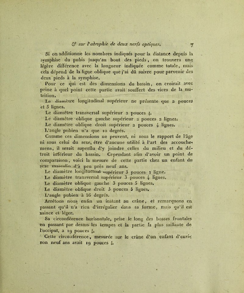 Si on additionne les nombres indiqués pour la distance depuis la symphise du pubis jusqu’au bout des pieds , on trouvera une légère différence avec la longueur indiquée comme totale, mais eela dépend de la ligne oblique que j’ai dû suivre pour parvenir des deux pieds à la symphise. Pour ce qui est des dimensions du bassin, on croirait avec peine à quel point cette partie avait souffert des vices de la nu- trition. Le diamètre longitudinal supérieur ne présente que 2 pouces et 5 lignes. Le diamètre transversal supérieur 2 pouces Le diamètre oblique gauche supérieur 2 pouces 2 lignes; Le diamètre oblique droit supérieur 2 pouces 4 lignes. L’angle pubien n’a que 10 degrés. Comme ces dimensions ne peuvent, ni sous le rapport de l’âge ni sous celui du sexe, être d’aucune utilité à l’art des accouche- mens, il serait superflu d’y joindre celles du milieu et du dé- troit inférieur du bassin. Cependant afin d’avoir un point de comparaison, voici la mesure de cette partie chez un enfant du sexe masculin d’à peu près neuf ans. Le diamètre longitudinal supérieur 3 pouces l ligne. Le diamètre transversal supérieur 3 pouces 4 lignes. Le diamètre oblique gauche 3 pouces 5 lignes. Le diamètre oblique droit 3 pouces b ligues* L’angle pubien à t>6 degrés. Arrêtons nous enfin un instant au crâne, et remarquons en passant qu’il n’a rien d’irrégulier dans sa forme, mais qu’il est mince et léger. Sa circonférence horisontaîe, prise le long des bosses frontales en passant par dessus les tempes et la partie fa plus saillante de l’occiput, a 19 pouces Cette circonférence, mesurée sur le crâne d’un enfant d’envif ron neuf ans avait 19 pouces |.