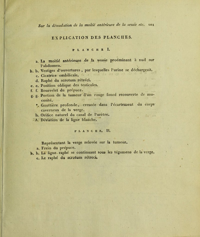 EXPLICATION DES PLANCHES. PLANCHE I. 1 * a. La moitié antérieure de la vessie proéminant à nud sur l’abdomen. b. b. Vestiges d’ouvertures , par lesquelles l’urine se déchargeait. c. Cicatrice ombilicale. d. Raphé du scrotum rétréci. e. e. Position oblique des testicules. f. f. Bourrelet du prépuce. g. g. Portion de la tumeur d’un rouge foncé recouverte de mu- cosité. *. Gouttière profonde, creusée dans l’écartement du corps caverneux de la verge, h. Orifice naturel du canal de l’urètre. A. Déviation de la ligne blanche. PLANCHE. II. Représentant la verge relevée sur la tumeur, a. Frein du prépuce. b. b. La ligne raphé se continuant sous les tégumens de la verge, c. Le raphé du scrotum rétréci. j i